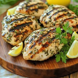 - 4 boneless, skinless chicken breasts - 1/4 cup extra virgin olive oil - Zest and juice of 2 fresh lemons - 4 cloves garlic, finely minced - 1 tablespoon dried oregano - 1 tablespoon fresh thyme leaves (or 1 teaspoon dried thyme) - 1 tablespoon fresh rosemary, finely chopped (or 1 teaspoon dried rosemary) The main ingredients create a bright and fresh flavor. Chicken breasts are lean and soak up the marinade well. Olive oil adds richness and helps the chicken stay moist. Fresh lemons bring zesty notes that wake up your taste buds. Garlic adds depth, while oregano, thyme, and rosemary give the dish a lovely herbal aroma. - Salt and freshly ground black pepper, to taste - Fresh parsley, finely chopped, for garnish (optional) Salt and pepper enhance all the flavors. They are simple but key to a great dish. The parsley adds a pop of color and freshness when you serve your chicken. If you want to impress your guests, consider adding a sprinkle of this garnish. For the full recipe, check the complete guide. To start, gather your ingredients. You need olive oil, lemon juice, lemon zest, minced garlic, dried oregano, fresh thyme, and rosemary. In a large bowl, combine these ingredients. Whisk them together until they mix well. This creates a fragrant marinade that will soak into the chicken. Next, take your chicken breasts and place them in a resealable bag or a shallow dish. Pour the marinade over the chicken. Make sure each piece gets coated. Seal the bag or cover the dish. For the best flavor, refrigerate the chicken for at least 1 hour. If you can, let it marinate overnight. When you’re ready to grill, preheat your grill to medium-high heat, around 375°F (190°C). Brush the grill grates lightly with oil. This helps prevent sticking. Remove the chicken from the marinade and shake off the excess. Discard the leftover marinade to keep things safe. Now, place the chicken on the hot grill. Grill each side for about 6-7 minutes. You want the internal temperature to reach 165°F (75°C). This ensures the chicken is safe to eat and super juicy. Avoid flipping the chicken too much. Let it sear nicely. Once done, take the chicken off the grill. Let it rest on a cutting board for about 5 minutes. This step lets the juices settle, making the meat tender. After resting, you can slice the chicken if you want. For an extra touch, garnish it with fresh parsley. Enjoy your delicious Herbed Lemon Grilled Chicken! For the complete recipe, you can refer to the Full Recipe section. To get those nice grill marks, flip the chicken less. This lets the meat sear well. Place the chicken on the grill, then leave it alone for a few minutes. Heat control is key. Keep the grill at medium-high heat. This helps cook the chicken evenly and gives that perfect char. Add other herbs and spices to boost flavor. Basil, cilantro, or even a hint of paprika can work wonders. The longer you marinate, the better the taste. Aim for at least one hour, but overnight is best for deep flavor. Serve the grilled chicken on a big white platter. Arrange lemon wedges around it for a bright look. A sprinkle of fresh herbs adds color and freshness. You can also pair this dish with grilled veggies or a crisp salad to make it a complete meal. {{image_4}} You can mix up the marinade for Herbed Lemon Grilled Chicken to suit your taste. Here are two fun ideas: - Citrus Variations: Try adding orange or lime juice to the mix. They bring a sweet and tangy flavor. You can also add zest from these fruits for extra zing. - Using Different Herbs: Instead of thyme and rosemary, use basil or cilantro. Fresh herbs give a new twist to the dish. You can even try a mix of dried herbs for a unique taste. If the grill isn’t an option, don’t worry! You can still enjoy this dish with other cooking methods. - Oven Roasting: Preheat your oven to 400°F (200°C). Place the marinated chicken on a baking sheet. Roast for about 25-30 minutes. Make sure to check the internal temperature; it should reach 165°F (75°C). - Air Frying: Set your air fryer to 375°F (190°C). Cook the marinated chicken for 12-15 minutes. This method gives you a crispy outside while keeping it juicy inside. Pair your Herbed Lemon Grilled Chicken with sides and drinks to complete your meal. - Ideal Side Dishes: Serve it with grilled veggies, a fresh garden salad, or fluffy rice. These sides add color and balance to the meal. - Perfect Wine Matches: A crisp white wine like Sauvignon Blanc works great. It enhances the lemon flavor and complements the herbs. For the complete recipe, check out the Full Recipe section. To keep your Herbed Lemon Grilled Chicken fresh, store it in the fridge. Place the chicken in a tight container. It stays good for up to four days. - Best Storage Containers: Use glass or BPA-free plastic containers. These help keep flavors fresh. Avoid metal containers as they can affect taste. When you reheat, keep it juicy. The best way is to use the oven or stovetop. Heat at a low temperature. This way, you avoid dryness. - Best Practices for Juiciness: Add a splash of broth or water to the pan. Cover it while reheating. This traps moisture. If you have extra chicken, freezing is a great option. Wrap each piece in plastic wrap. Then, place it in a freezer bag to avoid freezer burn. - How to Freeze Chicken: Make sure to squeeze out excess air from the bag. This helps prevent ice crystals. - Thawing Recommendations: Thaw in the fridge overnight. This keeps the chicken safe and tasty. For the best flavor, marinate your chicken for at least one hour. However, I suggest marinating it overnight. This allows the herbs and lemon to soak into the chicken. Longer marination helps make the meat tender and tasty. You can use skin-on chicken if you prefer. Skin-on chicken adds extra flavor and moisture. Just remember, cooking time may increase slightly. If you choose skin-on, keep an eye on the heat to avoid burning the skin. The best way to check if your chicken is done is by using a meat thermometer. Aim for an internal temperature of 165°F (75°C). This ensures the chicken is safe to eat and juicy. Insert the thermometer into the thickest part of the chicken for the most accurate reading. To sum up, this guide walks you through making delicious Herbed Lemon Grilled Chicken. You learned about the main ingredients, how to prepare and marinate your chicken, and grilling tips for perfect results. I also shared variations and storage tips to keep your meal great for days. Remember, marinating well brings out the best flavors. With a few simple steps, you can enjoy a tasty dish that impresses. Don't hesitate to try new herbs and sides to make this meal your own. Happy grilling!