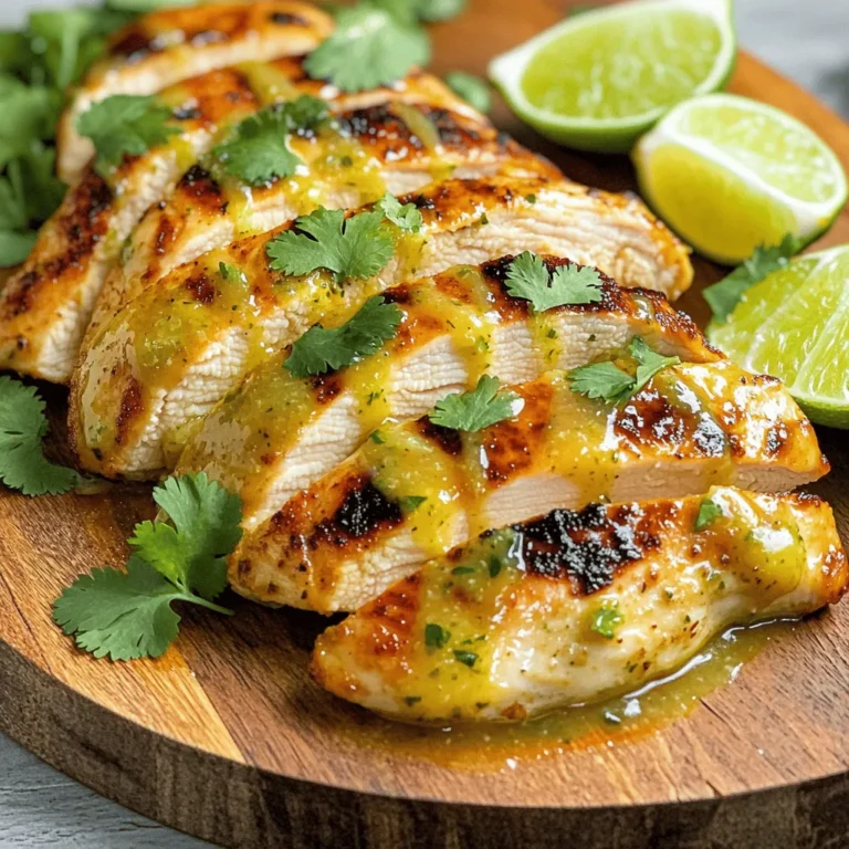 Cooking Coconut Lime Chicken is easy and fun! Here’s what you need for a tasty meal. - 4 boneless, skinless chicken breasts - 1 can (13.5 oz) coconut milk - 3 tablespoons fresh lime juice - Zest of 1 lime - 2 tablespoons honey - 2 cloves garlic, minced - 1 teaspoon grated ginger - 1 teaspoon ground coriander - Salt and freshly ground pepper to taste - 2 tablespoons olive oil - Fresh cilantro leaves for garnish - Lime wedges for serving These ingredients combine to create a bright and zesty dish. The coconut milk gives the chicken a creamy texture. Lime juice adds a fresh, tangy kick. Honey balances the flavors with a touch of sweetness. Garlic and ginger bring depth to each bite. When you gather these ingredients, think about freshness. Fresh lime juice tastes best. It brightens the dish and makes it pop. If you can, use organic ingredients. They often have better flavors. This dish serves four people. It’s perfect for a family dinner or a small gathering. You can find the full recipe above to see how to bring these ingredients together. - In a medium bowl, combine the coconut milk, lime juice, lime zest, honey, minced garlic, grated ginger, ground coriander, and a sprinkle of salt and pepper. - Whisk everything together until the mixture is creamy and smooth. This creamy texture helps the flavors blend well. - Place the chicken breasts in a large zip-top bag or shallow dish. - Pour the coconut lime marinade over the chicken, making sure each piece is coated. - Seal the bag or cover the dish and refrigerate for at least 1 hour, or overnight for the best flavor infusion. Longer marination allows the chicken to soak up all the goodness. - Preheat your grill or a large skillet over medium-high heat. If using a skillet, add olive oil and wait until it shimmers. - Remove the chicken from the marinade, reserving any leftover marinade. - Grill the chicken for about 6-7 minutes on each side, or until fully cooked. The internal temperature should reach 165°F (75°C). For skillet cooking, aim for a deep golden color and ensure it's cooked through. - In a small saucepan, bring the reserved marinade to a gentle boil. - Lower the heat and let it simmer for about 5 minutes. This helps to thicken the sauce and enhance its flavor. - After cooking, transfer the chicken to a cutting board and let it rest for a few minutes. This step keeps the chicken juicy. - Slice the chicken and arrange it on a serving platter. Drizzle the thickened sauce over the top. Garnish with fresh cilantro leaves for a vibrant look. Serve with lime wedges for extra citrus flavor. For the complete process, check out the Full Recipe. To get the best flavor from your Coconut Lime Chicken, marinate the chicken for at least one hour. For deeper taste, go for overnight marination. This allows the chicken to soak up every bit of that creamy coconut and zesty lime. Balancing sweetness and acidity is key. The honey adds a sweet touch, while lime juice brightens the dish. Adjust these to your taste for a perfect blend. Cook your chicken at medium-high heat. This helps it cook evenly and keeps it juicy. Use a meat thermometer to check that the inside reaches 165°F (75°C). To prevent the chicken from drying out, don’t overcook it. Keep an eye on the time and be ready to remove it once it’s fully cooked. If you’re using a skillet, cover it with a lid for better heat retention. When plating, make it look fun and colorful! Arrange the chicken on a big platter. Drizzle the thickened sauce over it for a shiny finish. Scatter fresh cilantro leaves around the edges for a pop of green. Lime wedges can be positioned artistically on the side. This adds a bright touch and gives your guests a chance to squeeze more lime juice on their chicken. For more ideas, check the Full Recipe. {{image_4}} For grilled coconut lime chicken, adjust your cooking method. Start by preheating your grill to a medium-high setting. Marinate the chicken as described in the full recipe. When ready, remove the chicken from the marinade and let it sit for a few minutes. This helps the flavors stick better. To enhance the smoky taste, add a few wood chips to your grill. Soak them in water for about 30 minutes before using. This will create a nice aroma while grilling. Cook each side for about 6-7 minutes. Check the internal temperature to ensure it reaches 165°F (75°C). If you prefer baked coconut lime chicken, use your oven instead. Preheat your oven to 400°F (200°C). After marinating the chicken, place it in a baking dish. Pour any leftover marinade over the chicken for extra flavor. Bake for about 25-30 minutes. Use a meat thermometer to check the internal temperature. This method keeps the chicken juicy while allowing the flavors to meld beautifully. For vegan or vegetarian options, you can substitute chicken with tofu or tempeh. Press the tofu to remove excess water and cut it into cubes. Use the same marinade for flavor. For a plant-based twist, try using chickpeas or cauliflower. Adjust the marination time to about 30 minutes for these options. They will absorb the coconut and lime flavors well. This way, everyone can enjoy the taste of coconut lime goodness! To keep your leftover Coconut Lime Chicken fresh, follow these tips: - Refrigeration: Place the chicken in an airtight container. This helps prevent dryness and keeps flavors intact. - Cooling: Let the chicken cool to room temperature before sealing it. This avoids steam build-up, which can make the chicken soggy. If you want to save some for later, freezing is a great option. Here’s how: - Freezing Steps: First, make sure the chicken is fully cooled. Then, wrap each piece tightly in plastic wrap. Place the wrapped pieces in a freezer bag. This helps keep out air, which can cause freezer burn. - Reheating Tips: When you’re ready to eat, thaw the chicken in the fridge overnight. Reheat it in a skillet over medium heat. Add a splash of coconut milk to keep it moist and flavorful. Following these storage and freezing tips will help you enjoy Coconut Lime Chicken at its best, even days later! For the complete recipe, refer to the Full Recipe section. Yes, you can marinate the chicken overnight. Marinating longer lets the flavors soak in better. The coconut milk and lime juice work together to tenderize the meat. This makes the chicken more juicy and flavorful. Overnight marination can elevate your dish to a new level. You have many options for side dishes. Here are some great choices: - Steamed jasmine rice - Quinoa salad - Grilled vegetables - Fresh green salad - Cilantro-lime rice These sides pair well with the bright flavors of the chicken. They add color and texture to your meal. Yes, you can use other meats. Chicken thighs can be a tasty option. Pork tenderloin also works well with this marinade. If you prefer seafood, shrimp can soak in the flavors nicely too. Just remember to adjust cooking times based on the meat you choose. To check if the chicken is done, use a meat thermometer. The internal temperature should reach 165°F (75°C). You can also cut into the thickest part. The juices should run clear, not pink. This way, you ensure the chicken is safe to eat and perfectly cooked. This post covered how to make Coconut Lime Chicken, with a focus on great flavor. We discussed the key ingredients and detailed steps for marinating and cooking. Remember, the marination time is important for flavor. Consider grilling for a smoky taste or trying a plant-based option for variety. With these tips and tricks, you can enjoy your meal and impress your family. Keep your leftovers in the fridge for quick meals later. Enjoy every bite!