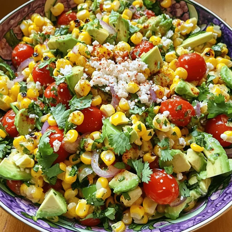 To make a delicious Mexican street corn salad, gather these key ingredients: - 4 ears of fresh corn, husked and cleaned - 1 small red onion, finely diced - 1 cup cherry tomatoes, halved - 1 ripe avocado, diced - 1/2 cup fresh cilantro, chopped - 1/2 cup crumbled cotija cheese (or feta) - 2 tablespoons mayonnaise - 2 tablespoons Greek yogurt - 1 tablespoon fresh lime juice - 1 teaspoon chili powder - Salt and pepper to taste These ingredients blend to create a fresh and vibrant salad bursting with flavor. You can add a personal touch with these optional ingredients: - Jalapeños for heat - Bell peppers for crunch - Black beans for protein - Radishes for extra crunch - Lime zest for more citrus flavor Feel free to mix and match to suit your taste. If you have any dietary needs, here are some substitutions: - Use grilled zucchini instead of corn for a veggie option. - Replace cotija cheese with nutritional yeast for a vegan choice. - Swap mayonnaise for a dairy-free version or avocado for creaminess. - Use lime juice from a bottle if fresh limes are not available. These swaps make the salad enjoyable for everyone while keeping the taste intact. For the full recipe, check out the details above. First, grill the corn. Preheat your grill to medium-high heat. Place the corn directly on the grill. Cook for about 8-10 minutes. Turn the corn often. Look for charred and tender kernels. Once grilled, take the corn off and let it cool. This step is key for flavor. After the corn cools, cut the kernels off the cobs. Use a sharp knife for safety. Place the kernels in a large bowl. Next, add the diced red onion. Slice the cherry tomatoes in half and add them too. Then, toss in the diced avocado and chopped cilantro. Gently mix everything together. Be careful not to mash the avocado. In a small bowl, combine the mayonnaise and Greek yogurt. Add fresh lime juice for zest. Then, sprinkle in the chili powder, salt, and pepper. Whisk until smooth. This dressing ties all the flavors together. Drizzle the dressing over the corn mixture. Use a spatula to fold it all together. Make sure the dressing coats every piece. Finally, sprinkle crumbled cotija cheese on top. Give it one last gentle toss. At this point, taste the salad. Adjust the seasoning if needed. You can add more lime juice or chili powder for extra kick. Enjoy your fresh and flavorful Mexican street corn salad! For the full recipe, check out the details above. Grilling corn is key to a great Mexican street corn salad. Start with fresh corn, as it tastes best. Preheat your grill to medium-high heat. Place the husked corn directly on the grill. Cook for about 8 to 10 minutes, turning it often. Look for charred spots on the kernels. This adds a smoky flavor. Once done, let the corn cool before cutting off the kernels. Balancing flavors makes this salad shine. Combine sweetness from the corn with the tang of lime juice. Use fresh herbs, like cilantro, for a bright taste. The creamy dressing adds richness. Crumbled cotija cheese gives a salty kick. Adjust seasoning with salt and pepper to your liking. If you want heat, add more chili powder. Taste as you mix to find your perfect balance. A colorful presentation makes your salad inviting. Use a large, vibrant bowl to serve. For individual servings, small cups work well. Garnish with extra cilantro on top for a fresh look. A sprinkle of chili powder adds a pop of color. Add a lime wedge on the side for a fun touch. This not only looks great but also enhances the flavor. For the full recipe, check out the detailed steps. {{image_4}} While fresh corn shines in this salad, you can try a few other types. Canned corn works well if you’re short on time. Just rinse it to remove excess salt. Frozen corn is another great option. Simply thaw and drain it before adding to your salad. Each type brings a unique taste and texture. Experiment to find your favorite! Want to make this salad more filling? Add some protein! Grilled chicken, shrimp, or black beans can give it a nice boost. Shredded rotisserie chicken is a quick option. If you prefer seafood, grilled shrimp adds a lovely flavor. For a plant-based twist, try black beans or chickpeas. They add protein and make the dish even more satisfying. You can easily adapt this salad to fit a vegan or dairy-free diet. Instead of cotija cheese, use crumbled tofu or vegan cheese. Replace Greek yogurt and mayonnaise with cashew cream or a dairy-free yogurt. These swaps keep the flavors while making it suitable for everyone. You won’t miss the dairy at all! For the full recipe, check out the [Full Recipe]. Storing your Mexican street corn salad is easy. First, place any leftovers in an airtight container. This keeps it fresh for longer. Make sure to cool the salad to room temperature before sealing it. If you have leftover dressing, store it separately for the best taste. You can enjoy this salad cold or at room temperature. If you prefer to reheat it, use a microwave. Heat for 30 seconds at a time until warm. Stir it gently to heat evenly. I recommend serving it fresh rather than reheating. The flavors shine better when the salad is chilled. Your Mexican street corn salad stays fresh in the fridge for about 3 days. After that, the corn might lose its crunch. To keep it fresh longer, add the avocado just before serving. This helps prevent browning. If it starts to smell or look off, it's best to toss it. Enjoy the full flavors while it's still fresh! For the full recipe, check the details above. Mexican Street Corn Salad comes from the popular street food called elote. Elote features grilled corn on the cob, slathered in creamy sauces, and topped with cheese and spices. Street vendors serve this dish all over Mexico. The salad version adds fresh veggies and is easier to eat. This twist keeps the flavors but adds a fun, colorful touch. Yes, you can make this salad ahead of time! It tastes even better after sitting for a while. Just keep it in the fridge for up to a day before serving. Make sure to add the avocado and cheese right before serving to keep them fresh. This way, you keep the salad vibrant and tasty. You can pair this salad with many dishes. It goes great with grilled chicken, tacos, or burgers. You can serve it as a side dish at barbecues or picnics. For a full meal, try it with rice or beans. The flavors complement each other well, making every bite delightful. It’s best to eat leftovers within three days. If stored properly in the fridge, the salad stays good for a short time. Check for any strange smells or changes in texture before eating. If it looks or smells off, it’s safer to throw it out. Always trust your senses when it comes to food safety. Mexican street corn salad is easy and packed with flavor. You learned about key ingredients, tips for preparing corn, and ways to customize your dish. The steps to mix and dress the salad are simple. I shared fun variations, storage advice, and common questions for clarity. Enjoy making this vibrant salad and impress your friends and family. With these tips, it’s hard to go wrong. Dive into the flavors and explore your creativity in the kitchen!
