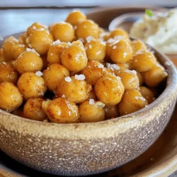 - 1 can (15 oz) chickpeas - 2 tablespoons extra virgin olive oil - 1 tablespoon honey or maple syrup - 1 teaspoon smoked paprika - 1/2 teaspoon cayenne pepper - 1 teaspoon garlic powder - 1/2 teaspoon ground cumin - Salt, to taste - Freshly ground black pepper, to taste Let’s dive into the heart of this recipe. Each ingredient plays a vital role in flavor and texture. Chickpeas give a hearty base and a great crunch. Extra virgin olive oil helps them roast nicely. Honey or maple syrup adds a sweet touch. Smoked paprika gives that warm, smoky flavor. The cayenne adds a kick, and you can adjust it to your taste. Garlic powder and ground cumin deepen the flavor profile. Finally, salt and pepper bring all these elements together. - Fresh herbs for garnish - Alternative sweeteners Feel free to get creative! Fresh herbs like parsley or cilantro add a fresh burst. If you prefer different sweeteners, try agave nectar or date syrup for a unique twist. This recipe is not only tasty but also healthy! Each serving contains around 120 calories. Chickpeas are high in protein and fiber, which help keep you full. They contain about 6 grams of protein and 5 grams of fiber per serving. This makes them a smart snack choice. You get energy without the crash. Plus, they are loaded with essential vitamins and minerals. Enjoying these roasted chickpeas gives you a nutritious and satisfying treat! Start by preheating your oven to 400°F (200°C). This step is key for crispiness. Next, grab a baking sheet and line it with parchment paper. This helps with easy cleanup and stops the chickpeas from sticking. Open the can of chickpeas and drain them well. Rinse them under cold water to remove any canning liquid. This keeps the flavor fresh. Now, spread the chickpeas on a clean kitchen towel. Pat them dry gently. Removing moisture is important for that perfect crunch. In a medium bowl, mix together the olive oil, honey (or maple syrup), smoked paprika, cayenne pepper, garlic powder, ground cumin, and a pinch of salt and pepper. Whisk this until it's smooth. This mix gives the chickpeas their sweet and spicy kick. Add your dried chickpeas to the bowl. Toss them well so each piece is coated with the tasty mix. Transfer the coated chickpeas onto your lined baking sheet. Spread them out in a single layer. This helps them roast evenly. Now, place the baking sheet in the oven. Roast for 25 to 30 minutes, stirring halfway through. Watch for that golden brown color; it means they are ready! Once they are done, take the chickpeas out of the oven and let them cool for a few minutes. They will get crunchier as they cool. When serving, use a vibrant bowl for a nice look. You can sprinkle a bit of sea salt on top. Drizzle with extra honey or maple syrup for a sweet finish. Pair them with dips like tzatziki or hummus for a fun snack. For the full recipe, check the links above! To get that perfect crunch in your roasted chickpeas, start by drying them well. After rinsing, lay them on a clean towel. Pat them dry gently to remove moisture. This step is key. Wet chickpeas won’t crisp up in the oven. Also, avoid overcrowding on the baking sheet. Spread the chickpeas out in a single layer. If they are too close, they will steam instead of roast. Less steam means more crunch! You can adjust the spice levels to fit your taste. If you want it spicier, add more cayenne pepper. For a milder version, use less. The beauty of this recipe is that you can play with flavors! Explore different flavor profiles too. Try adding curry powder for warmth or chili powder for a kick. You can mix in herbs like rosemary or thyme for a fresh twist. Pair your roasted chickpeas with dips for a fun snack. Tzatziki or hummus works great! These dips add creaminess and flavor. For party ideas, serve them in small bowls on a platter. They make a great finger food. You can also mix them with nuts for a crunchy snack mix. Enjoy experimenting with these ideas! {{image_4}} You can make sweet and spicy roasted chickpeas even more exciting by adding herbs and spices. Try adding: - Cumin for a warm flavor. - Paprika for a smoky kick. - Dried herbs like thyme or rosemary for freshness. You can also choose between sweet and savory options. If you want a sweeter taste, use more honey or maple syrup. For a savory twist, skip the sweetener and add more spices like chili powder or onion powder. This recipe can easily fit many diets. It’s vegan and gluten-free as is. If you want a nut-free option, you’re in luck! This recipe contains no nuts, making it safe for those with nut allergies. For a lower-calorie version, try using less oil. You can even bake them without oil for a crunchy snack that still packs a flavor punch. Sweet and spicy roasted chickpeas are great on their own, but they also pair well with other snacks. Mix them with: - Popcorn for a crunchy, savory treat. - Dried fruit like cranberries for a sweet and salty combo. - Nuts like almonds or walnuts for extra protein. You can also serve them with healthy sides. Pair your chickpeas with dips like hummus or guacamole. These snacks make a perfect addition to a party platter or a quick healthy snack at home. Store your leftover roasted chickpeas in an airtight container. Glass jars work best for this. Keep them at room temperature if you plan to eat them soon. For longer storage, you can place them in the fridge. To keep them crunchy, avoid stacking them too high in the jar. If you want to enjoy your roasted chickpeas again, reheating is easy. Preheat your oven to 350°F (175°C). Spread the chickpeas on a baking sheet and heat for about 10 minutes. This method helps regain their crispiness. Avoid using the microwave, as it can make them soggy. Roasted chickpeas stay fresh for about 3 to 5 days at room temperature. If you store them in the fridge, they can last up to a week. Signs of spoilage include a soft texture or an off smell. If they taste stale or chewy, it’s best to toss them. Roasted chickpeas can last for about a week when stored properly. To keep them fresh, place them in an airtight container. Store this container in a cool, dry place away from sunlight. If you see any signs of moisture or they become soft, it’s time to toss them. For the best crunch, eat them within a few days. Yes, you can make roasted chickpeas without oil. You can use vegetable broth to coat the chickpeas instead. This method will lower the fat content. However, the texture may not be as crispy. Baking times may also vary, so keep an eye on them until they reach your desired crunch. Roasted chickpeas are a healthy snack choice. They are packed with protein and fiber, which help keep you full. They also contain vitamins and minerals like iron and magnesium. Compared to chips, roasted chickpeas have less fat and fewer calories. They make a great alternative for anyone looking for a nutritious snack. Leftover chickpeas can be used in many ways. You can add them to salads for extra crunch. They also work well in soups or stews for added protein. You can blend them into hummus or chickpea dip too. Get creative! They are versatile and can enhance many dishes. In this post, we explored how to make delicious roasted chickpeas. We started with the main ingredients and their nutritional values. Then, we walked through each step, from preheating to serving. I shared tips on achieving the perfect crunch and offered several variations. Remember, these snacks are easy to customize and store, ensuring fresh taste for days. Roasted chickpeas can be a fun and healthy addition to your meals or gatherings. With these simple steps, you can enjoy a tasty, nutritious snack anytime!