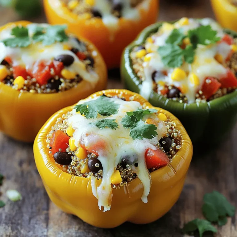 - 4 large bell peppers (any color) - 1 cup quinoa, well rinsed - 2 cups vegetable broth or water - 1 can black beans (15 oz), rinsed and drained - 1 cup corn kernels (fresh, frozen, or canned) - 1 medium onion, finely diced - 2 cloves garlic, minced - 1 teaspoon ground cumin - 1 teaspoon smoked paprika - 1 teaspoon chili powder - 1 cup diced tomatoes (canned or fresh) - 1/2 cup shredded cheese - Salt and pepper, to taste - Fresh cilantro or parsley for garnish These ingredients come together to create a colorful and tasty dish. You can choose any color of bell pepper you like. I enjoy using red, yellow, or green. They add a nice pop to the meal. Quinoa is a great base, as it is healthy and full of protein. The black beans and corn give it a nice texture. When you add spices like cumin, smoked paprika, and chili powder, you create a warm and rich flavor. The diced tomatoes bring moisture to the mix. Finally, cheese on top melts into a delightful layer. It makes the stuffed peppers so satisfying. Remember, you can personalize this dish. Swap out the black beans for another type of bean or add some heat with jalapeños. This recipe is flexible, making it easy to adapt to your taste. If you want to explore more, check out the Full Recipe. - Preheat the oven to 375°F (190°C). - Prepare the bell peppers by slicing off the tops and removing seeds. To cook quinoa, bring vegetable broth or water to a boil. Add the rinsed quinoa, then cover. Let it simmer for 15 minutes. The grains will become fluffy when done. This step is key for a tasty filling. In a large skillet, heat olive oil over medium heat. Sauté diced onion and minced garlic for 5 minutes. They should become soft and fragrant. Next, mix in black beans, corn, spices, diced tomatoes, and cooked quinoa. Stir everything well and cook for another 2-3 minutes. Season with salt and pepper to taste. Now it’s time to stuff the peppers. Carefully spoon the quinoa mix into each pepper. Pack it down gently. Sprinkle shredded cheese on top of each one. Cover the dish with aluminum foil to keep the moisture in. Bake it in the preheated oven for about 25 minutes. After that, remove the foil and bake for an extra 10-15 minutes. The peppers should be tender, and the cheese should melt and bubble. Enjoy your stuffed bell peppers right after they cool a bit! - Rinse quinoa to remove bitterness. This step makes the quinoa taste fresher. - Ensure all filling ingredients are well-mixed for even flavor. This helps each bite taste great. - Serve with a fresh side salad or drizzle of olive oil and lime juice. This adds brightness. - Garnish with cilantro or parsley for color. Fresh herbs make the dish pop. When I make stuffed bell peppers, I love to focus on the details. Rinsing quinoa is key. It takes just a minute, but it removes the bitter taste that some people notice. You want your filling to be delicious, so every ingredient should mix well. I find that a good stir helps the flavors blend nicely. For presentation, don’t skip the salad. A crisp side salad makes the meal feel complete. A drizzle of olive oil or lime juice adds a fresh taste. Garnishing is fun! I often use cilantro or parsley. The green color brightens the plate and makes it look fancy. These tips help me create a meal that looks and tastes amazing. Enjoy making your stuffed bell peppers, and don’t forget to have fun with it! {{image_4}} You can change some of the ingredients to suit your taste. Here are a few ideas: - Use brown rice or couscous instead of quinoa. - Swap black beans for kidney beans or lentils. These options keep the dish tasty while adding new flavors and textures. Brown rice gives a hearty feel, while couscous cooks quickly. Kidney beans add a creamy touch, and lentils boost protein. Want to spice things up? Here are some ways to enhance the flavors: - Add jalapeños for a spicy kick. - Use different types of cheese, like feta or pepper jack. Jalapeños give heat, while feta adds a tangy bite. Pepper jack brings a creamy, spicy element. Mixing cheeses can create a unique taste profile that makes each bite exciting. Enjoy experimenting with these variations to find your perfect stuffed pepper! Store leftovers in an airtight container in the refrigerator. This keeps the peppers fresh. When you want to enjoy them again, reheat in the oven at 350°F (175°C) for about 15 minutes. You can also use a microwave, heating until warm. This way, they taste almost as good as fresh. If you have extra stuffed peppers, individually wrap them tightly. Use plastic wrap or a freezer bag. You can freeze them for up to 3 months. This is great for meal prep. When you are ready to eat, thaw in the fridge overnight. Then reheat as mentioned above. Enjoy a tasty meal any time! Yes, you can prepare the filling and assemble the peppers ahead of time, then bake when ready. This method saves time on busy nights. You can store the stuffed peppers in the fridge for up to a day. Just make sure to cover them well. The peppers should be tender, and the cheese should be melted and bubbly. You can test the peppers by piercing them with a fork. If it goes in easily, they are ready to eat. The cheese will also have a nice golden color on top. Serve with a mixed green salad or garlic bread for a complete meal. A side of avocado or a light soup also works well. These sides balance the flavors and add freshness to your meal. Yes, simply omit the cheese or use a vegan cheese substitute. You can also add more veggies or beans for extra protein. This keeps the dish hearty and satisfying without dairy. For extensive details and instructions, refer to the "Quinoa-Stuffed Bell Peppers " full recipe. This article explored how to make delicious quinoa-stuffed bell peppers. We covered key ingredients, simple steps, and helpful tips. You learned how to prepare, stuff, and bake them perfectly. You can even customize them with different flavors! Remember, leftovers store well in your fridge or freezer. With a bit of prep, you can enjoy these tasty peppers anytime. So, gather your ingredients and get started on this fun cooking adventure!