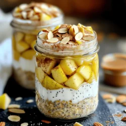 - 1 cup rolled oats - 1 cup almond milk (or any milk of your choice) - 1 medium apple, diced - 1/2 teaspoon ground cinnamon - 1 tablespoon maple syrup (or honey) - A pinch of salt - 1/4 cup Greek yogurt (or a plant-based alternative) - 1 tablespoon chia seeds - Optional toppings: sliced almonds, extra diced apples, or almond butter When making apple cinnamon overnight oats, you need simple, fresh ingredients. Start with rolled oats. They soak well and give a creamy texture. Next, choose your milk. Almond milk works great, but feel free to use any milk you love. You’ll want a medium apple, diced small. Granny Smith apples add a nice tartness. For flavor, ground cinnamon is a must. It gives warmth and spice. Maple syrup or honey sweetens the oats nicely. A pinch of salt balances the sweetness. If you want to make your oats even creamier, add Greek yogurt. It also boosts protein. Chia seeds help thicken the mix and add nutrients. You can top your oats with sliced almonds, more apples, or almond butter for extra crunch and richness. This blend of ingredients creates a wholesome breakfast. It’s easy to prepare and delicious to eat. Check out the Full Recipe for a complete guide on how to make this nutritious treat. - Combine oats, almond milk, maple syrup, chia seeds, and salt in a bowl. - Stir until the oats are fully soaked. - Fold in diced apple and ground cinnamon. Ensure even mixing for great flavor. - Transfer the mixture into mason jars or airtight containers. - Fill each jar about three-quarters full for best results. - Layer Greek yogurt on top of the oatmeal mixture for added creaminess. - Seal jars tightly and refrigerate overnight or for at least 4 hours. - This lets the oats soak and soften perfectly. - In the morning, stir the mixture well. Taste it and adjust sweetness if needed. - You can add more maple syrup for a sweeter touch. Check out the Full Recipe for a detailed guide on making Apple Cinnamon Overnight Oats! Choose your apple wisely. I love using a Granny Smith apple. Its tartness makes the oats pop. If you prefer a sweeter taste, try a Fuji or Honeycrisp. Adjust the maple syrup too. You can add more or less based on your taste. This way, you make it just right for you. Layering is key for perfect texture. Start with oats and milk, then top with yogurt. This keeps everything creamy. Let your oats soak overnight. This is the best way to ensure they soften and absorb all the flavors. A minimum of four hours works as well. Make it pretty! Top your oats with sliced almonds or more diced apples. A drizzle of almond butter adds flair. For special occasions, serve in clear jars. This shows off the layers and colors. You can even add a sprig of mint on top for a fresh touch. Check out the Full Recipe for more ideas. {{image_4}} You can easily make this dish fit your diet. If you want vegan options, swap Greek yogurt for coconut yogurt. Use agave syrup or a fruit puree instead of maple syrup. For gluten-free oats, choose certified gluten-free rolled oats. This ensures you avoid any gluten contamination. Feel free to play with flavors! Adding nuts or seeds gives your oats a nice crunch. Try walnuts, pecans, or pumpkin seeds for extra texture. You can also mix in other fruits. Bananas and berries work great. Just chop them up and stir them in! Making a big batch is smart for busy mornings. You can double or triple the recipe. Store your oats in jars or containers. This way, breakfast is ready to grab and go. Just take one out of the fridge and enjoy! To keep your apple cinnamon overnight oats fresh, use airtight containers. These containers prevent air from getting in and help maintain the oats' texture. Mason jars work great. They are easy to seal and look nice. You can also use plastic containers with tight lids. Just ensure they are clean and dry before you add your oats. You can store these overnight oats in the fridge for up to five days. If you see any signs of mold or a strange smell, it’s time to toss them. Freshness is key for taste and safety. Always check your oats before eating, especially if they have been in the fridge for a while. Yes, you can freeze overnight oats! This is a great way to prepare meals ahead of time. Just put them in freezer-safe containers. When you are ready to eat, move them to the fridge to thaw overnight. For best results, eat them within a month. When serving, stir well to mix any separated ingredients. You can also add a splash of milk to bring back the creamy texture. How do you make apple cinnamon overnight oats? To make apple cinnamon overnight oats, start with rolled oats. Combine one cup of oats with one cup of almond milk. Add in diced apples, cinnamon, chia seeds, and a pinch of salt. Mix well. Layer Greek yogurt on top. Seal the container and refrigerate overnight. In the morning, stir and add toppings if you like. Can I use quick oats instead of rolled oats? Yes, you can use quick oats. They will soak up the liquid quicker. This change may make the oats creamier. Keep in mind, the texture will be a bit different. Rolled oats offer more chew, while quick oats are softer. What are the health benefits of oats and apples? Oats are high in fiber, which helps digestion. They also keep you full longer. Apples are rich in vitamins and antioxidants. They can boost your immune system. Together, they make a healthy breakfast choice. Are overnight oats filling, and how many servings should I eat? Overnight oats are very filling. They combine carbs, protein, and healthy fats. This mix helps you feel satisfied. One serving is usually about half a cup of oats. You can adjust based on your hunger. Can I make this recipe without dairy? Yes, you can easily make it dairy-free. Use almond milk or coconut milk instead. You can also choose any plant-based milk you like. This keeps the recipe creamy and tasty. What can I substitute for maple syrup in the recipe? If you want a substitute for maple syrup, try honey or agave nectar. You can also use mashed bananas for sweetness. Each option will change the flavor a bit but will still taste great. This blog post guided you through making delicious apple cinnamon overnight oats. We covered the key ingredients and tips for flavor and creaminess. You learned how to prepare, store, and customize your oats. Remember, these oats are not just easy; they are also healthy and flexible. You can mix in your favorite fruits or change the sweeteners. Now, get creative and enjoy your tasty, make-ahead breakfast!