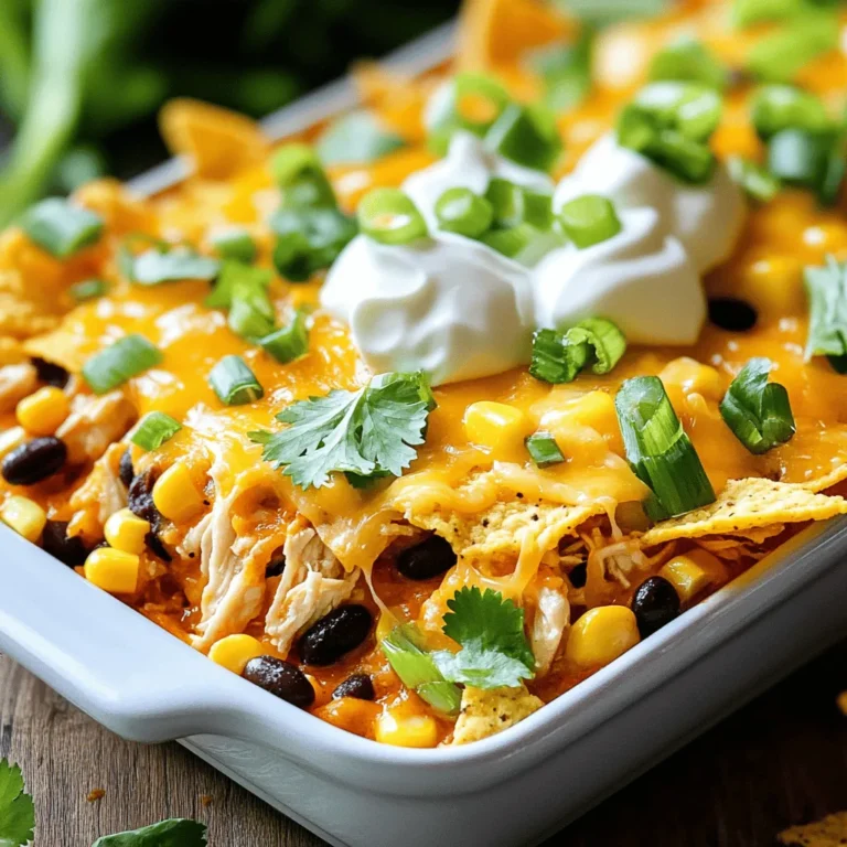 - 2 cups cooked, shredded chicken - 1 can (15 oz) black beans, rinsed and drained - 1 can (15 oz) corn, drained - 1 cup salsa - 1 teaspoon taco seasoning - 2 cups tortilla chips, lightly crushed - 1 cup shredded cheddar cheese - 1 cup sour cream (for topping) - 1/2 cup green onions, finely sliced - Fresh cilantro for garnish Each of these main ingredients plays a key role in the dish. The shredded chicken adds protein and heartiness. Black beans and corn bring texture and fiber. Salsa adds moisture and flavor. Taco seasoning gives the casserole that classic taco taste. Tortilla chips create a crunchy layer, while cheddar cheese melts to form a delicious topping. Sour cream adds creaminess, and green onions and cilantro finish the dish with freshness. - Additional spices or hot sauce to taste - Avocado slices for serving - Jalapeños for added heat Optional ingredients allow you to personalize your casserole. If you like heat, add hot sauce or jalapeños. Avocado slices add creaminess and a fresh touch. Feel free to experiment with spices to create your perfect flavor profile. For the full recipe, check out the detailed steps that will guide you through making this tasty meal. Enjoy the process and the delicious results! - Preheat your oven to 350°F (175°C). - Gather and prepare all ingredients. This makes the process smooth and fun. - Prepare the chicken mixture. In a large bowl, mix shredded chicken, black beans, corn, salsa, and taco seasoning. Stir well until combined. - Layer the tortilla chips and chicken mixture in the baking dish. Grease a 9x13 inch dish. Spread half of the crushed tortilla chips on the bottom. Then, add half of the chicken mixture on top. - Sprinkle cheese and repeat the layering process. Add half of the cheddar cheese over the chicken. Now, layer the rest of the tortilla chips, the remaining chicken mixture, and finish with the last of the cheese. - Cover with foil and start baking. Place the dish in the preheated oven for 20 minutes. This helps all the flavors blend together nicely. - Remove foil to brown the cheese. After 20 minutes, take off the foil and bake for another 10 minutes. Look for bubbly cheese with a golden color. This step makes it look and taste amazing. Check out the [Full Recipe] for all the details! - Use rotisserie chicken for quick prep: This saves time and adds great flavor. Shredded rotisserie chicken is already cooked and seasoned. You can skip the cooking part and get straight to mixing. - Customize spice levels based on salsa used: Choose mild salsa for a gentle taste or spicy salsa for a kick. This lets you control the heat in your dish. You can also add fresh jalapeños or hot sauce if you like it even spicier. - Pair with sides like Mexican rice or a fresh salad: These sides complement the casserole well. The rice adds heartiness, while a salad brings freshness. - Offer various toppings for guests to customize their servings: Set out sour cream, avocado slices, or extra cheese. This way, everyone can make their plate just how they like it. For the full recipe, check out the detailed instructions to create your Chicken Taco Casserole. {{image_4}} You can make this dish your own by switching ingredients. For a different taste, substitute ground beef or turkey for the chicken. This change adds a new flavor while keeping the meal hearty. You can also use different beans. Black beans work well, but pinto or kidney beans can add a twist. Adding extra veggies like bell peppers or zucchini boosts nutrition and flavor. Mix and match to find your favorite combo! If you have dietary needs, this casserole can still work for you. To make it gluten-free, use specific tortilla chips made without gluten. Many brands offer tasty options that fit the bill. If you're dairy-free, try non-dairy cheese and yogurt instead of the regular kinds. These swaps keep the dish creamy and delicious. With these easy adjustments, everyone can enjoy this tasty meal! You can find the full recipe above to guide you through these variations. To store your Chicken Taco Casserole, let it cool down first. Place it in the fridge in a covered container. This helps keep it fresh and safe to eat. I like to use glass or plastic containers with tight lids. You can also wrap it tightly in aluminum foil or plastic wrap. This keeps the flavors locked in, so you enjoy every bite later. When it's time to enjoy your leftovers, you have a couple of good options. The oven is great for reheating. Preheat it to 350°F (175°C). Place the casserole in an oven-safe dish and cover it with foil. Bake it for 20 minutes or until it's hot. This method helps keep the texture nice and the cheese creamy. If you need to use the microwave, that works too! Put a portion in a microwave-safe bowl. Heat it in short bursts of 1-2 minutes, stirring in between. This helps warm it evenly. Just be careful not to overheat, or the texture may change. Enjoy your meal the way it was meant to be! For the full recipe, check the earlier section. Can I make Chicken Taco Casserole ahead of time? Yes, you can prepare Chicken Taco Casserole in advance. Just assemble it but do not bake. You can cover it and store it in the fridge for up to 24 hours. When ready, simply bake it as directed. This saves time on busy nights. How long will the casserole last in the fridge? Chicken Taco Casserole lasts about 3 to 4 days in the fridge. Keep it in an airtight container for best results. Reheat portions in the oven or microwave when you want to enjoy leftovers. Can I freeze Chicken Taco Casserole? Absolutely! You can freeze Chicken Taco Casserole. Just wrap it tightly in foil or use a freezer-safe dish. It will stay good for about 2 to 3 months. Thaw it overnight in the fridge before baking. What are some good sides to serve with Chicken Taco Casserole? Some great sides include Mexican rice, refried beans, or a fresh salad. You can also serve tortilla chips and guacamole for a crunchy contrast. How to make Chicken Taco Casserole spicier? To add heat, use spicy salsa or add jalapeños to the mix. You can also sprinkle crushed red pepper flakes on top before baking for extra spice. What can I substitute for sour cream? If you want a substitute for sour cream, try Greek yogurt. It has a similar texture and tangy flavor. For a dairy-free option, use cashew cream or dairy-free yogurt. This article covered how to make a tasty Chicken Taco Casserole. We began with the key ingredients, from shredded chicken to cheesy goodness. I shared clear steps to prepare, bake, and serve your dish. You can swap ingredients or make it fit different diets. Don’t forget the tips for storing and reheating leftovers. This casserole is quick to make and delicious to eat. Enjoy this dish with friends and family for a fun meal!