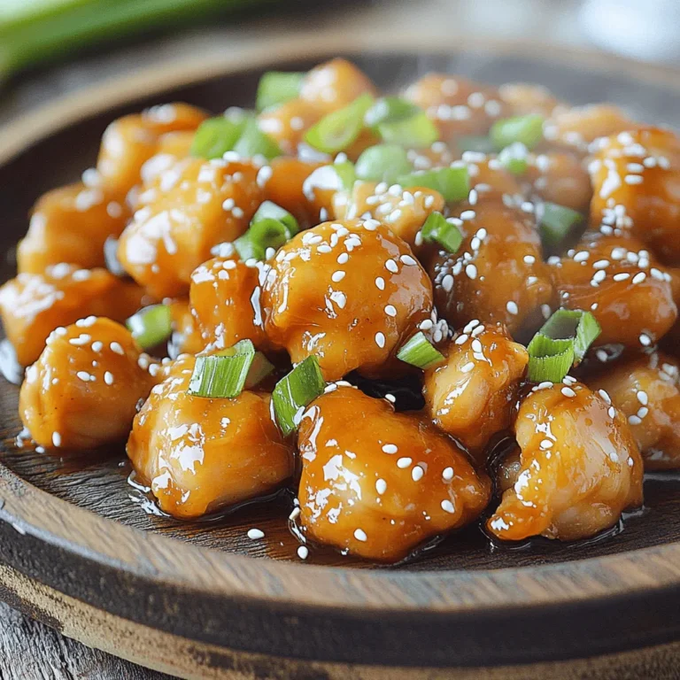 - 500g boneless, skinless chicken thighs, cut into bite-sized pieces - 1/3 cup pure honey - 2 tablespoons low-sodium soy sauce - 1 tablespoon rice vinegar - 2 cloves garlic, finely minced - 1 teaspoon fresh ginger, finely grated - 1 tablespoon cornstarch - 1 tablespoon water - 2 tablespoons sesame oil - Sea salt and freshly cracked black pepper, to taste - Toasted sesame seeds and chopped green onions, for garnish For this sticky honey chicken recipe, the main flavors come from chicken thighs, honey, and soy sauce. The chicken thighs are juicy and tender, making them perfect for this dish. Honey adds sweetness, while soy sauce gives a savory touch. The additional ingredients enhance the flavor. Rice vinegar adds a bit of tang. Garlic and ginger bring warmth and depth. Cornstarch mixed with water helps thicken the sauce, making it stick to the chicken. For garnishing, sesame oil gives a rich finish. Sea salt and black pepper balance the taste. Finally, toasted sesame seeds and green onions add crunch and color. These simple yet flavorful ingredients create a dish you’ll love. You can find the complete recipe in the Full Recipe section. Seasoning the chicken Start by cutting your chicken thighs into bite-sized pieces. This helps them cook evenly. Season the chicken well with sea salt and freshly cracked black pepper. Make sure every piece is coated. This step is vital because it builds flavor. Making the sauce In a medium bowl, combine the honey, soy sauce, rice vinegar, minced garlic, and grated ginger. Use a whisk to mix these ingredients until they are well blended. The sauce should smell amazing, and it will add a sweet and tangy flavor to the chicken. Sautéing the chicken Heat sesame oil in a large skillet over medium-high heat. Once the oil is hot and shimmering, add the seasoned chicken pieces. Sauté the chicken for about 5-7 minutes. Stir occasionally to ensure they cook evenly. You want them to turn golden brown and be cooked through. Thickening the sauce Next, lower the heat to medium. Pour the honey sauce you made earlier over the cooked chicken. Gently stir to coat each piece with the sauce. In a small bowl, mix cornstarch with 1 tablespoon of water to create a smooth slurry. Gradually add this to the skillet while stirring. Keep stirring for 2-3 minutes until the sauce thickens nicely. Finishing cooking Let the dish cook for one more minute. This ensures the chicken is heated through and fully coated in the sticky, rich sauce. The aroma will fill your kitchen and make your mouth water. Serving suggestions Remove the skillet from heat. Transfer the sticky honey chicken to a serving platter. For a lovely presentation, garnish with toasted sesame seeds and chopped green onions. Pair this dish with steamed jasmine rice or stir-fried veggies for a complete meal. Enjoy every bite! If you want more details, check out the Full Recipe. - Best practices for seasoning: Always season your chicken thighs well. Use sea salt and fresh black pepper. This makes the chicken tasty and helps it brown nicely. - Tips for achieving perfect caramelization: Heat your skillet first. Use sesame oil until it shimmers. Add chicken in a single layer. Avoid overcrowding the pan for even browning. - How to make the sauce stick better: Make a cornstarch slurry. Mix cornstarch with water until smooth. Add this to the sauce while stirring. It thickens and helps the sauce cling. - Adjusting sweetness or saltiness: Taste the sauce before serving. If too sweet, add a bit of soy sauce. If too salty, balance it with a little more honey. - Presentation ideas: Use a bright plate to show off the chicken. Garnish with green onions and sesame seeds. This adds color and texture to your dish. - Suggested side dishes: Pair with steamed jasmine rice or stir-fried vegetables. These sides complement the rich, sticky sauce and create a well-rounded meal. For the full recipe, see the Sticky Honey Chicken Delight. {{image_4}} You can change the protein in this dish. Chicken thighs work well, but you can also use chicken breasts. If you want something different, try using shrimp or tofu. Each option brings its own flavor and texture. For a gluten-free option, swap regular soy sauce for tamari. Tamari has a similar taste, and it works well in this recipe. You can also use coconut aminos for a sweeter flavor. Want a kick? Add some chili flakes or sriracha to the sauce. This will give your sticky honey chicken a spicy twist. You could also try adding chopped jalapeños for a fresh heat. Experiment with aromatics. Instead of garlic, try adding shallots for a milder flavor. You can also use lemongrass for a zesty touch that pairs nicely with honey. If you're watching carbs, use a sugar substitute like erythritol. This keeps the sweetness without the extra carbs. You can also skip the cornstarch if you want a lighter sauce. For a vegan version, replace chicken with firm tofu or tempeh. Use maple syrup instead of honey for the sweet flavor. This way, you can enjoy the same great taste while keeping it plant-based. To keep your sticky honey chicken fresh, store it in an airtight container. Place the chicken in the fridge as soon as it cools. It can last about 3-4 days this way. If you want to store it for longer, try freezing it. First, let it cool completely. Then, place it in a freezer-safe bag or container. It can stay good in the freezer for about 2-3 months. When you’re ready to enjoy your leftovers, you can reheat them in two ways: the microwave or the stovetop. If you use the microwave, place the chicken in a bowl and cover it. Heat it in 30-second intervals until warm. This is quick but may make the chicken a bit softer. If you prefer the stovetop, heat a skillet over medium heat. Add a splash of water to help steam the chicken. Stir it often until heated through. This keeps the texture better and brings back that sticky sauce. Sticky honey chicken can last in the fridge for about 3-4 days. If you freeze it, it can last 2-3 months. Always check for signs of spoilage. Look for an off smell or any change in color. If it seems off, it’s best to toss it. Enjoy your cooking and make sure to check out the full recipe for more details! Can I use chicken breast instead of thighs? Yes, you can use chicken breast. It will cook faster. Chicken breasts may be less juicy than thighs. For best results, cut them into similar-sized pieces. This helps them cook evenly. How can I make it spicier? To add heat, mix in red pepper flakes. You can also use sriracha or hot sauce. Start with a small amount, then taste and adjust. This way, you control the spice level. What type of honey is best for this recipe? I recommend pure, raw honey for the best flavor. It gives a richer taste. You can use clover or wildflower honey as good alternatives. Avoid honey blends with added sugars. Can I use bottled minced garlic instead of fresh? Yes, bottled minced garlic works if you're short on time. One teaspoon of bottled garlic equals one clove of fresh garlic. Keep in mind that fresh garlic has a brighter flavor. How do I know when the chicken is fully cooked? Check the chicken's internal temperature with a meat thermometer. It should reach 165°F (75°C). If you cut a piece, the juices should run clear. No pink should be visible. What to do if my sauce is too thick? If the sauce is too thick, add a little water. Stir well to combine. You can also add more soy sauce or vinegar for flavor. Adjust gradually until you reach your desired consistency. This blog post covered how to make sticky honey chicken with clear steps and tips. You learned the main and additional ingredients, seasoning, and cooking methods. I shared best practices for getting the perfect flavor and texture. You also found variations and storage tips for leftovers. Remember, cooking is about fun and creativity. Don’t be afraid to experiment with flavors and make this dish your own! Enjoy your cooking journey!