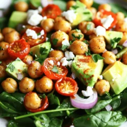 - Canned chickpeas - Olive oil and seasoning - Fresh vegetables - Optional cheese and dressing ingredients For this Crispy Chickpeas and Spinach Salad, gathering the right ingredients is key. You will need one can of chickpeas, which adds protein and crunch. Use extra-virgin olive oil to help the chickpeas roast to a perfect crisp. The seasonings, like smoky paprika and garlic powder, bring out great flavors. Fresh vegetables make the salad vibrant and healthy. Grab 4 cups of fresh spinach, 1/2 cup of cherry tomatoes, 1/4 of a red onion, and 1 ripe avocado. You can optionally add crumbled feta cheese for a creamy touch. For the dressing, you will need balsamic vinegar, lemon juice, and honey or maple syrup for sweetness. This dish is simple yet packed with flavor. I love how the roasted chickpeas add crunch to the fresh, crisp salad. If you want to try this recipe, check out the Full Recipe for all the details. 1. Preheat your oven to 400°F (200°C). This sets the stage for crispy chickpeas. 2. Spread the drained chickpeas on a large baking sheet in a single layer. 3. Drizzle olive oil over the chickpeas. Make sure they are well-coated. 4. Sprinkle smoky paprika, garlic powder, salt, and black pepper on top. Toss gently to coat. 5. Roast the chickpeas for 20-25 minutes. Shake the pan halfway through to ensure even cooking. 1. While the chickpeas roast, mix the salad base. In a large bowl, combine the fresh spinach, halved cherry tomatoes, sliced red onion, and diced avocado. 2. Toss these ingredients lightly to mix. This ensures a fresh and colorful salad. 3. In a small bowl, whisk together balsamic vinegar, lemon juice, and honey (or maple syrup). This creates a tasty dressing. 4. Once the chickpeas are crispy and slightly cooled, add them to the salad bowl. 5. Drizzle the dressing over the salad and toss everything together. This helps coat all ingredients evenly. 1. For extra flavor, sprinkle crumbled feta cheese on top if you want. This adds a creamy touch. 2. Present your salad in a large bowl or plate. 3. For an attractive look, add a sprinkle of smoked paprika and fresh herbs like parsley. 4. Enjoy the vibrant colors and textures of this dish. You can find the complete details in the Full Recipe. To make crispy chickpeas, start with the right temperature. Preheat your oven to 400°F (200°C). This heat will help them roast well. Next, roast them for about 20 to 25 minutes. Shake the pan halfway through. This helps them cook evenly. Drying the chickpeas is key. After draining and rinsing, let them sit. Pat them dry with a towel. This step removes extra moisture. Less moisture means crispier results. Seasoning makes a big difference. I love using smoky paprika and garlic powder. They add depth and warmth to the chickpeas. Feel free to play with spices. Try cumin or chili powder for a kick. For the dressing, I recommend balsamic vinegar. It has a nice sweetness. Lemon juice adds brightness. Combine these with honey or maple syrup for balance. This mix brings the salad to life. Want to make this salad a full meal? Add some protein. Grilled chicken or chickpeas work great. If you like fish, try adding canned tuna or salmon. For serving, think about pairings. This salad goes well with crusty bread or a light soup. You could even serve it as a side dish. It looks pretty on a big plate. Don’t forget to check the Full Recipe for all the steps and tips! {{image_4}} You can easily make this salad vegan. Instead of honey, use maple syrup. This gives a sweet touch without harming bees. For cheese, try using vegan feta or leave it out. The salad still tastes great without it. You can switch up the dressing for variety. Try tahini, lemon vinaigrette, or a yogurt-based dressing. Add fresh herbs like basil or dill for more flavor. Spices like cumin or chili powder can also spice things up. Using seasonal veggies makes the salad fresher. In spring, add peas or asparagus. In summer, toss in some corn or zucchini. In fall, roasted pumpkin or apples work well. Adjust the salad based on what you find at local markets. This keeps the dish exciting and flavorful. To keep your salad fresh, store it in an airtight container. Place the spinach and chickpeas in separate containers. This helps keep the spinach crisp. The chickpeas will stay crunchy this way too. If you mix them, the salad will get soggy. Prepare the chickpeas and dressing in advance. Roast the chickpeas and let them cool. For the dressing, whisk together the balsamic vinegar, lemon juice, and honey. Keep these in the fridge until you're ready to eat. When it's time to serve, mix the spinach, veggies, and chickpeas. Drizzle the dressing right before eating to keep everything fresh. To refresh your roasted chickpeas, reheat them in the oven. Preheat it to 400°F (200°C). Spread the chickpeas on a baking sheet for about 5-10 minutes. This will bring back their crunch. Avoid reheating the salad in the microwave. This will make the spinach soggy and unappealing. To make crispy chickpeas, start with canned chickpeas. Drain and rinse them well. Then, preheat your oven to 400°F (200°C). Spread the chickpeas on a baking sheet. Drizzle with olive oil and sprinkle with smoky paprika, garlic powder, salt, and pepper. Toss them gently to coat. Roast for 20-25 minutes, shaking the pan halfway through. This creates a perfect crunch. Yes, you can use fresh chickpeas! However, you need to cook them first. Soak them overnight and boil them until tender. Then, follow the same steps to roast them. Fresh chickpeas can taste even better! If you want to skip feta cheese, try using goat cheese or ricotta. For a vegan option, consider tofu or avocado. These choices still add creaminess to your salad without losing flavor. A spinach salad lasts about 1-2 days in the fridge. Keep it in an airtight container. To keep the salad fresh, add dressing just before serving. This helps maintain the crunch of the vegetables. Absolutely! Grilled chicken adds great protein to the salad. Simply slice cooked chicken and toss it in with the other ingredients. This makes the salad more filling and satisfying. For the full recipe, check out the details above! This blog post covered the tasty and healthy chickpea salad. You learned about the key ingredients, from canned chickpeas to fresh veggies. I guided you through simple steps to prepare, assemble, and add your final touches. With helpful tips, you can make crispy chickpeas and enhance flavor easily. Explore variations for vegan tastes or seasonal fun. Finally, I shared smart storage and meal prep tips to keep your salad fresh. Embrace this recipe for a nutritious meal or snack that you'll enjoy anytime!