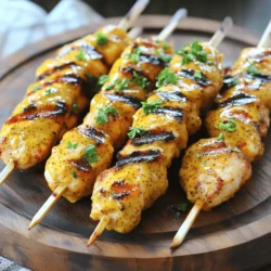 To make honey mustard chicken skewers, you need simple and fresh ingredients. Here’s what you’ll need: - Chicken - 1 lb (450g) boneless, skinless chicken breasts, cut into 1-inch cubes - Marinade Components - 1/4 cup honey - 1/4 cup Dijon mustard - 2 tablespoons olive oil - 2 cloves garlic, minced - 1 teaspoon smoked paprika - 1/2 teaspoon salt - 1/4 teaspoon freshly ground black pepper - Garnishing Elements - 1 tablespoon fresh parsley, finely chopped (for garnish) - Skewers (soaked in water for at least 30 minutes if wooden) With these ingredients, you can create a dish that bursts with flavor. The honey and mustard blend gives the chicken a sweet and tangy taste. The smoked paprika adds depth, while the parsley brightens the dish. You can find the full recipe to guide you through the steps. First, gather your ingredients. You need honey, Dijon mustard, olive oil, minced garlic, smoked paprika, salt, and black pepper. In a medium mixing bowl, whisk these ingredients together. This forms a smooth marinade. The honey adds sweetness, while the mustard gives a nice tang. This balance makes the chicken flavorful. Next, take the boneless chicken breasts and cut them into 1-inch cubes. Add these cubes to the marinade. Use a spatula to mix well. Make sure every piece is coated. Cover the bowl with plastic wrap and put it in the fridge. Let it marinate for at least 30 minutes. For even better flavor, you can marinate it for up to 2 hours. This step is key for juicy, tasty chicken. Now it's time to prepare the grill. Preheat it to medium-high heat. If you are using wooden skewers, soak them in water for at least 30 minutes. This helps prevent burning. Retrieve your marinated chicken from the fridge. Carefully thread the chicken onto the soaked skewers. Leave some space between each piece. This helps them cook evenly. Place the skewers on the grill. Cook for about 10 to 12 minutes. Turn them occasionally to ensure even cooking. The chicken should be golden brown and reach an internal temperature of 165°F. Once done, take the skewers off the grill. Let them rest for a couple of minutes. For a nice touch, sprinkle finely chopped parsley on top. Your honey mustard chicken skewers are ready to enjoy! For the complete recipe, check the Full Recipe section. Marinating chicken adds flavor and keeps it juicy. Use a mix of honey and Dijon mustard. This combo gives a nice sweet and tangy taste. Make sure to coat all the chicken pieces well. Cover the bowl and chill it in the fridge. Aim for at least 30 minutes, but two hours is even better. This longer time lets the flavors soak in more deeply. Grilling chicken skewers takes some care. Start by preheating your grill to medium-high heat. This ensures even cooking and great grill marks. If using wooden skewers, soak them in water first. This step helps avoid burning. When placing the skewers on the grill, give them space. This allows the heat to circulate. Turn the skewers every few minutes. Cook them for about 10 to 12 minutes. Check the internal temperature; it should reach 165°F (75°C) for safety. Serve your honey mustard chicken skewers on a large platter. Adding lemon wedges gives a fresh twist. A garden salad pairs nicely, too. You can also serve with a dipping sauce for extra flavor. Consider a simple yogurt sauce or a spicy aioli. For presentation, sprinkle fresh parsley on top. This adds a pop of color and freshness. Enjoy your meal with family and friends! For the full recipe, refer back to the [Full Recipe]. {{image_4}} You can easily change the taste of your honey mustard chicken skewers. Swap honey for maple syrup for a richer sweetness. Use yellow mustard instead of Dijon for a milder flavor. You can also add a splash of soy sauce for a hint of saltiness. Want some heat? Toss in a little chili powder or red pepper flakes. Each swap offers a new taste experience! Grilling is great, but you can make these skewers in an oven or air fryer too. For the oven, preheat it to 400°F (200°C). Place the skewers on a baking sheet. Bake for 15-20 minutes, flipping halfway through. In the air fryer, set it to 375°F (190°C) and cook for about 10-12 minutes. Both methods keep the chicken juicy and delicious. To add a twist, try different sauces. Barbecue sauce gives a smoky flavor, while teriyaki sauce adds sweetness. You can also sprinkle some lemon juice or lime juice for brightness. Fresh herbs like cilantro or basil can enhance flavor too. These extras make your skewers even tastier! Enjoy experimenting with flavors! After enjoying your honey mustard chicken skewers, let any leftovers cool completely. Store them in an airtight container. This keeps the skewers fresh. Place the container in the fridge. They will last for about 3 to 4 days. If you want to keep them longer, freezing is a good option. When you're ready to eat the leftovers, reheating is simple. You can use the microwave for quick warming. Place the skewers on a microwave-safe plate and cover them with a damp paper towel. Heat in short bursts, checking often to avoid overcooking. Alternatively, you can reheat them on a grill or stovetop. This will help maintain their texture and flavor. To freeze your honey mustard chicken skewers, first, let them cool. Wrap each skewer tightly in plastic wrap. Then, place them in a freezer bag or airtight container. Label it with the date. Frozen skewers can last for up to 3 months. When you’re ready to enjoy them, thaw in the fridge overnight before reheating. You can also cook them directly from frozen, but this may take a bit longer. For the full recipe, check out the detailed instructions above. You should marinate the chicken for at least 30 minutes. This allows the flavors to soak in. For better taste, try marinating for up to 2 hours. The longer you marinate, the better the chicken will taste. Yes, you can use different meats for skewers. Chicken, beef, pork, or shrimp all work well. Each type of meat adds its unique flavor. Just make sure to adjust the cooking time based on the meat you choose. Serve honey mustard chicken skewers with fresh garden salad or grilled veggies. Rice or quinoa also makes a great side. For a light touch, add a fruit salad. Pairing these sides makes a fun and balanced meal. For the full recipe, check out the details above. To sum up, we covered how to make tasty honey mustard chicken skewers. You learned about the key ingredients, marinating methods, and grilling techniques. I shared tips for juicy results and suggested flavor variations. I also explained how to store leftovers and answered common questions about the dish. Now, it's your turn to try this easy recipe. Enjoy the delightful flavors and the fun of cooking!
