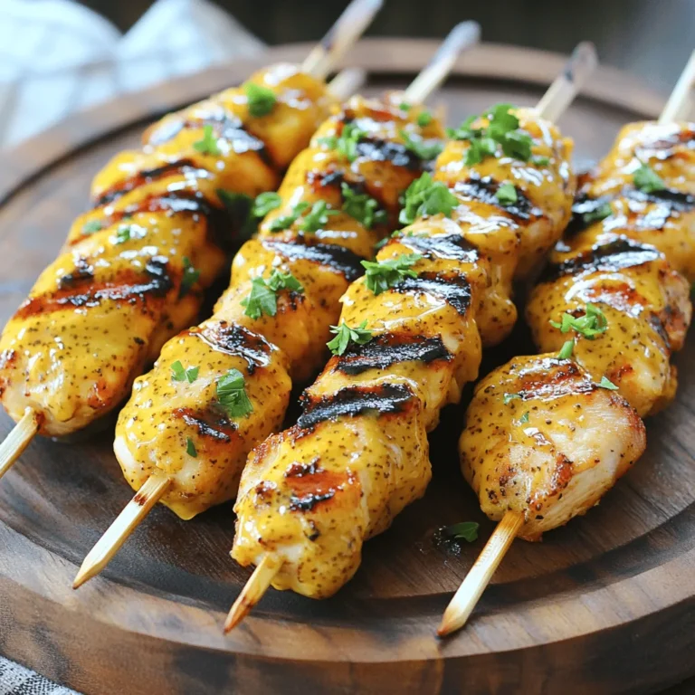 To make honey mustard chicken skewers, you need simple and fresh ingredients. Here’s what you’ll need: - Chicken - 1 lb (450g) boneless, skinless chicken breasts, cut into 1-inch cubes - Marinade Components - 1/4 cup honey - 1/4 cup Dijon mustard - 2 tablespoons olive oil - 2 cloves garlic, minced - 1 teaspoon smoked paprika - 1/2 teaspoon salt - 1/4 teaspoon freshly ground black pepper - Garnishing Elements - 1 tablespoon fresh parsley, finely chopped (for garnish) - Skewers (soaked in water for at least 30 minutes if wooden) With these ingredients, you can create a dish that bursts with flavor. The honey and mustard blend gives the chicken a sweet and tangy taste. The smoked paprika adds depth, while the parsley brightens the dish. You can find the full recipe to guide you through the steps. First, gather your ingredients. You need honey, Dijon mustard, olive oil, minced garlic, smoked paprika, salt, and black pepper. In a medium mixing bowl, whisk these ingredients together. This forms a smooth marinade. The honey adds sweetness, while the mustard gives a nice tang. This balance makes the chicken flavorful. Next, take the boneless chicken breasts and cut them into 1-inch cubes. Add these cubes to the marinade. Use a spatula to mix well. Make sure every piece is coated. Cover the bowl with plastic wrap and put it in the fridge. Let it marinate for at least 30 minutes. For even better flavor, you can marinate it for up to 2 hours. This step is key for juicy, tasty chicken. Now it's time to prepare the grill. Preheat it to medium-high heat. If you are using wooden skewers, soak them in water for at least 30 minutes. This helps prevent burning. Retrieve your marinated chicken from the fridge. Carefully thread the chicken onto the soaked skewers. Leave some space between each piece. This helps them cook evenly. Place the skewers on the grill. Cook for about 10 to 12 minutes. Turn them occasionally to ensure even cooking. The chicken should be golden brown and reach an internal temperature of 165°F. Once done, take the skewers off the grill. Let them rest for a couple of minutes. For a nice touch, sprinkle finely chopped parsley on top. Your honey mustard chicken skewers are ready to enjoy! For the complete recipe, check the Full Recipe section. Marinating chicken adds flavor and keeps it juicy. Use a mix of honey and Dijon mustard. This combo gives a nice sweet and tangy taste. Make sure to coat all the chicken pieces well. Cover the bowl and chill it in the fridge. Aim for at least 30 minutes, but two hours is even better. This longer time lets the flavors soak in more deeply. Grilling chicken skewers takes some care. Start by preheating your grill to medium-high heat. This ensures even cooking and great grill marks. If using wooden skewers, soak them in water first. This step helps avoid burning. When placing the skewers on the grill, give them space. This allows the heat to circulate. Turn the skewers every few minutes. Cook them for about 10 to 12 minutes. Check the internal temperature; it should reach 165°F (75°C) for safety. Serve your honey mustard chicken skewers on a large platter. Adding lemon wedges gives a fresh twist. A garden salad pairs nicely, too. You can also serve with a dipping sauce for extra flavor. Consider a simple yogurt sauce or a spicy aioli. For presentation, sprinkle fresh parsley on top. This adds a pop of color and freshness. Enjoy your meal with family and friends! For the full recipe, refer back to the [Full Recipe]. {{image_4}} You can easily change the taste of your honey mustard chicken skewers. Swap honey for maple syrup for a richer sweetness. Use yellow mustard instead of Dijon for a milder flavor. You can also add a splash of soy sauce for a hint of saltiness. Want some heat? Toss in a little chili powder or red pepper flakes. Each swap offers a new taste experience! Grilling is great, but you can make these skewers in an oven or air fryer too. For the oven, preheat it to 400°F (200°C). Place the skewers on a baking sheet. Bake for 15-20 minutes, flipping halfway through. In the air fryer, set it to 375°F (190°C) and cook for about 10-12 minutes. Both methods keep the chicken juicy and delicious. To add a twist, try different sauces. Barbecue sauce gives a smoky flavor, while teriyaki sauce adds sweetness. You can also sprinkle some lemon juice or lime juice for brightness. Fresh herbs like cilantro or basil can enhance flavor too. These extras make your skewers even tastier! Enjoy experimenting with flavors! After enjoying your honey mustard chicken skewers, let any leftovers cool completely. Store them in an airtight container. This keeps the skewers fresh. Place the container in the fridge. They will last for about 3 to 4 days. If you want to keep them longer, freezing is a good option. When you're ready to eat the leftovers, reheating is simple. You can use the microwave for quick warming. Place the skewers on a microwave-safe plate and cover them with a damp paper towel. Heat in short bursts, checking often to avoid overcooking. Alternatively, you can reheat them on a grill or stovetop. This will help maintain their texture and flavor. To freeze your honey mustard chicken skewers, first, let them cool. Wrap each skewer tightly in plastic wrap. Then, place them in a freezer bag or airtight container. Label it with the date. Frozen skewers can last for up to 3 months. When you’re ready to enjoy them, thaw in the fridge overnight before reheating. You can also cook them directly from frozen, but this may take a bit longer. For the full recipe, check out the detailed instructions above. You should marinate the chicken for at least 30 minutes. This allows the flavors to soak in. For better taste, try marinating for up to 2 hours. The longer you marinate, the better the chicken will taste. Yes, you can use different meats for skewers. Chicken, beef, pork, or shrimp all work well. Each type of meat adds its unique flavor. Just make sure to adjust the cooking time based on the meat you choose. Serve honey mustard chicken skewers with fresh garden salad or grilled veggies. Rice or quinoa also makes a great side. For a light touch, add a fruit salad. Pairing these sides makes a fun and balanced meal. For the full recipe, check out the details above. To sum up, we covered how to make tasty honey mustard chicken skewers. You learned about the key ingredients, marinating methods, and grilling techniques. I shared tips for juicy results and suggested flavor variations. I also explained how to store leftovers and answered common questions about the dish. Now, it's your turn to try this easy recipe. Enjoy the delightful flavors and the fun of cooking!