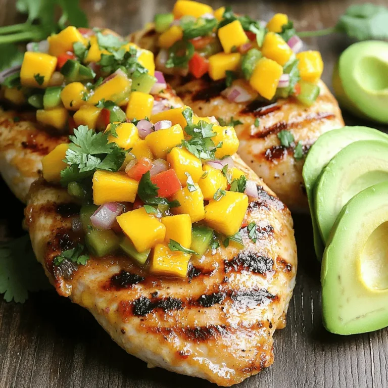 - 4 boneless, skinless chicken breasts - 1 ripe mango, diced into small cubes - 1/2 red onion, finely chopped - 1 red bell pepper, diced into small pieces - 1 jalapeño, seeded and minced - 1/4 cup fresh cilantro, finely chopped - Juice of 2 fresh limes - 1 tablespoon extra virgin olive oil - Salt and freshly ground black pepper to taste - 1 teaspoon ground cumin - 1 avocado, sliced (optional) To make mango salsa chicken, you need fresh and bright ingredients. The chicken is the star of the dish. Boneless, skinless chicken breasts work great. They grill nicely and stay juicy. Next, the mango adds sweetness. Choose a ripe one for the best flavor. Dice it into small cubes so it mixes well with other salsa ingredients. The red onion brings a nice crunch. Finely chop it and mix it in. For a pop of color and flavor, add a red bell pepper. Diced into small pieces, it pairs well with the mango. If you like spice, include a jalapeño. Just seed and mince it before mixing. Don’t forget the fresh cilantro. It adds a bright taste and makes the dish look great. You’ll need the juice of two fresh limes for acidity. This will balance the sweetness of the mango. Use extra virgin olive oil to help the spices stick to the chicken. Add salt and freshly ground black pepper to taste. Ground cumin adds a warm, earthy flavor. Finally, if you want a creamy touch, slice an avocado for serving. This dish is a feast for the eyes and the taste buds. For the full recipe, check the details shared earlier. Enjoy cooking! First, preheat your grill or grill pan to medium-high heat. This step is key to getting that nice char on the chicken. Next, take four boneless, skinless chicken breasts. Season them well with a spice blend. I use salt, black pepper, and ground cumin for a tasty kick. Rub the spices evenly over both sides of the chicken. This helps to lock in flavor while grilling. While the grill heats up, let's make the mango salsa. Grab a medium bowl and combine the diced mango, finely chopped red onion, diced red bell pepper, minced jalapeño, and fresh cilantro. This mix gives your salsa a vibrant look and taste. Squeeze the juice of two fresh limes over the mixture and stir it gently. Let the salsa sit for a few minutes. This allows the flavors to blend and become even better. Now it’s time to grill the chicken. First, brush the grill grates with a little olive oil. This step prevents the chicken from sticking. Place the seasoned chicken breasts on the grill. Cook them for 6-7 minutes on each side. Make sure to check the internal temperature. It should reach 165°F (75°C) to be safe to eat. Once the chicken is cooked, let it rest for a few minutes. This helps keep the juices in. Then, top each grilled chicken breast with the fresh mango salsa. For a creamy texture, add slices of avocado beside the chicken. This adds a nice touch and makes the dish look great. Enjoy every bite of this flavorful meal! For the full recipe, click here. Using a meat thermometer helps you cook your chicken right. Always check if the chicken hits 165°F (75°C). This ensures it's safe to eat and juicy. After grilling, let the chicken rest for about five minutes. This step keeps the juices inside and makes each bite tender. You can adjust the spice level in your mango salsa. If you want it spicier, add more jalapeño. For a milder taste, use less. Letting the salsa sit for a few minutes helps the flavors mix well. This waiting time makes your salsa even tastier. When serving, think about how to make your dish pop! Garnish with fresh cilantro and lime wedges. This adds color and a fresh touch. Choose a bright plate to showcase your vibrant salsa and chicken. A colorful display makes your meal more inviting and fun to enjoy. {{image_4}} You can switch up the fruit in your salsa. Pineapple adds a sweet tang. Peach gives a juicy twist. Both options work great with chicken. If you prefer a different protein, try pork or shrimp. Both cook well and soak up flavors. They also pair nicely with mango salsa. Grilling is fun, but there are other ways to cook this dish. You can bake or sauté the chicken. Both methods keep the chicken juicy. A slow cooker is another great choice. It makes the chicken tender and flavorful. An air fryer cooks quickly, giving a nice crisp finish. Making this dish gluten-free is easy. Just check your spice blends. Most should be gluten-free. For a low-carb version, skip the avocado and use less fruit. You can serve it over a bed of greens instead. This keeps it light and fresh while still full of flavor. For the full recipe, check out the [Full Recipe]. To store leftover mango salsa chicken, first let it cool down. Place the chicken and salsa in airtight containers. Keep the chicken and salsa separate to maintain freshness. Store in the fridge at 40°F (4°C) or lower. The chicken stays good for 3 to 4 days. The salsa can last up to 2 days, but it tastes best fresh. You can reheat mango salsa chicken in the microwave or the oven. For the microwave, place the chicken on a microwave-safe plate. Heat on medium power for 1 to 2 minutes. Check the chicken's temperature; it should be hot all the way through. In the oven, preheat to 350°F (175°C). Place the chicken in a baking dish and cover it with foil. Heat for about 10 to 15 minutes. This keeps the chicken moist. Avoid overheating to prevent dryness. Enjoy your delicious meal again! Mango salsa chicken can last about three to four days in the fridge. Make sure to store it in an airtight container. If you notice any off smells or changes in texture, it is best to toss it. Always check for signs of spoilage before eating leftovers. Yes, you can make the salsa a day ahead. Simply combine all the salsa ingredients and store them in the fridge. The flavors will blend well overnight. Just remember to give it a gentle stir before serving. This way, you save time and enhance the taste of your dish. Mango salsa chicken pairs well with many sides. Here are some great ideas: - Rice or quinoa for a filling base - Grilled vegetables for added color and flavor - Fresh salad to add a crisp texture - Corn on the cob for a sweet touch For the complete recipe, check out the Full Recipe link. Enjoy the burst of flavors with your meal! This blog post covered a delicious mango salsa chicken dish. We started with the key ingredients, from chicken to fresh mango. Then, I shared step-by-step instructions for prepping, grilling, and topping with salsa. We also discussed tips for perfect chicken and how to change up flavors. Finally, I provided storage info and answered common questions about the dish. Try this recipe to impress family or friends. With vibrant flavors and simple steps, it’s sure to become a favorite. Enjoy the process and the tasty results!