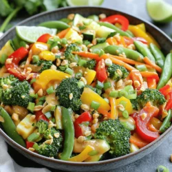- 2 tablespoons vegetable oil - 1 red bell pepper, thinly sliced - 1 yellow bell pepper, thinly sliced - 1 cup broccoli florets - 1 cup snap peas - 1 medium carrot, julienned - 1 medium zucchini, thinly sliced - 2 cloves garlic, minced - 1 teaspoon fresh ginger, grated - Salt and pepper to taste - 1/2 cup creamy peanut butter - 3 tablespoons low-sodium soy sauce - 2 tablespoons honey or maple syrup - 1 tablespoon rice vinegar - 1 tablespoon sesame oil - 1/4 cup warm water (more if needed for consistency) - Chili flakes to taste (optional) The secret to a great stir-fry is in the fresh ingredients. Use bright, colorful veggies to make your dish pop. The mix of bell peppers, broccoli, and snap peas gives a nice crunch. Carrots and zucchini add sweetness and texture. Garlic and ginger bring a warm aroma and flavor that can't be missed. For the peanut sauce, creamy peanut butter is key. It makes the sauce rich and smooth. Low-sodium soy sauce adds saltiness without being too strong. Honey or maple syrup gives a hint of sweetness. Rice vinegar and sesame oil balance the flavors. Use warm water to adjust the sauce's thickness. If you like heat, add chili flakes. You can find the full recipe, and it makes cooking this dish easy and fun! To make the peanut sauce, start by gathering your ingredients. In a medium bowl, combine: - 1/2 cup creamy peanut butter - 3 tablespoons low-sodium soy sauce - 2 tablespoons honey or maple syrup - 1 tablespoon rice vinegar - 1 tablespoon sesame oil - 1/4 cup warm water Whisk these ingredients together until smooth. If your sauce seems too thick, add more warm water bit by bit. This helps get the right consistency. Want some heat? Stir in chili flakes to taste. Set your sauce aside and let the flavors mingle. Next, grab a large skillet or wok. Heat it over medium-high heat. Pour in 2 tablespoons of vegetable oil. You'll know it's ready when the oil shimmers but doesn't smoke. Now, add 2 cloves of minced garlic and 1 teaspoon of grated ginger to the hot oil. Sauté for about 30 seconds until fragrant. Then, toss in your colorful veggies: - 1 red bell pepper, thinly sliced - 1 yellow bell pepper, thinly sliced - 1 cup broccoli florets - 1 cup snap peas - 1 medium carrot, julienned - 1 medium zucchini, thinly sliced Stir-fry these for 5-7 minutes. You want them bright and tender-crisp. Season with salt and pepper to taste. Once your veggies are done, remove the skillet from heat. Pour the creamy peanut sauce over the stir-fried vegetables. Toss everything together gently. Make sure each piece is coated in that delicious sauce. Now, you have a vibrant and tasty dish ready to serve! For the full recipe, check the earlier section. To make a great stir-fry, heat is key. Start with medium-high heat. This helps cook the veggies fast, keeping them crisp. If your heat is too low, they will steam instead of fry. When adding veggies, keep an eye on timing. Cook them for about 5-7 minutes. You want them bright and tender, not soft. To boost flavor, add spices like garlic and ginger early. They bring warmth and depth. You can also add a sprinkle of chili flakes for heat. Fresh herbs are a great touch. Chopped cilantro or basil on top adds brightness and freshness that makes your stir-fry pop. How you arrange your dish matters. Place your stir-fry on a large platter for a feast-like feel. You can also use individual bowls. A drizzle of extra peanut sauce on top looks nice. Sprinkle crushed peanuts or sesame seeds for crunch. For a zesty twist, serve lime wedges on the side. They add a tangy contrast to the rich sauce. For the full recipe, check out the [Full Recipe]. {{image_4}} You can change up your stir-fry by using different vegetables. Seasonal vegetables are a great choice. They taste fresh and are often more affordable. Try adding bell peppers, carrots, or zucchini. You can also use frozen veggies for convenience. They save time and can still taste good. Just make sure to thaw them before cooking. Want to make your dish heartier? Add some protein! Tofu is a great option. It soaks up flavors well and gives a nice texture. Tempeh is another choice, as it offers a nutty taste. If you prefer meat, cooked chicken or shrimp works perfectly. Just ensure they are well-cooked before adding them to the mix. You can easily adapt this recipe to fit your diet. For a vegan option, use maple syrup instead of honey in the peanut sauce. Check your soy sauce for gluten-free options if needed. If you're looking for low-carb alternatives, skip the rice and serve with cauliflower rice instead. There are many ways to enjoy this dish while meeting your dietary needs. For the full recipe, check out the [Full Recipe]. To keep your stir-fry fresh, place it in the fridge. Use airtight containers for best results. This helps maintain flavor and texture. If you have a big batch, divide it into smaller portions. This way, you can enjoy it later without losing quality. When reheating, use a pan on medium heat. This method helps keep the veggies crisp. Stir frequently to avoid burning. You can also use the microwave, but cover it loosely. This prevents soggy vegetables. Heat in short intervals, stirring in between until warm. In the fridge, your stir-fry lasts about three to four days. For longer storage, consider freezing. Place it in a freezer-safe container. It can stay good for up to three months. Just remember to label the container with the date. You can pair your vegetable stir-fry with rice or noodles. Here are some great options: - Rice: White, brown, or jasmine rice works well. - Noodles: Try soba, rice noodles, or whole wheat spaghetti. For a balanced meal, add a protein source. Grilled chicken, tofu, or shrimp will enhance the dish. You can also serve a light soup or salad on the side for variety. You can easily adjust the flavors in your peanut sauce. Here’s how: - Sweetness: Add more honey or maple syrup for extra sweetness. - Spice: Increase chili flakes for a hotter sauce. If you want to try something different, use almond or cashew butter instead of peanut butter. Each nut butter adds its own unique flavor to the sauce. Yes, this stir-fry is great for meal prep! Here are some tips: - Storage: Keep leftovers in airtight containers. They will last up to four days in the fridge. - Reheating: Warm your stir-fry in a skillet on low heat. This keeps the veggies crisp. You can also freeze the stir-fry. Just be sure to leave out any crunchy veggies, as they don’t freeze well. Enjoy your meal on busy days with this simple recipe! For the complete guide, check out the Full Recipe. This blog post covered how to make a tasty vegetable stir-fry with peanut sauce. We looked at key ingredients, step-by-step instructions, and helpful tips. You can mix up vegetables and proteins to suit your tastes. Don't forget to store leftovers correctly for future meals. Experiment and have fun in the kitchen! Enjoy every bite and make this dish your own.