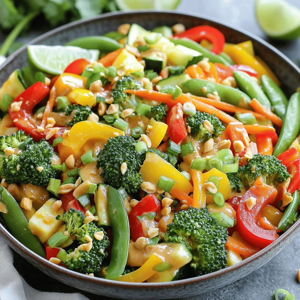 - 2 tablespoons vegetable oil - 1 red bell pepper, thinly sliced - 1 yellow bell pepper, thinly sliced - 1 cup broccoli florets - 1 cup snap peas - 1 medium carrot, julienned - 1 medium zucchini, thinly sliced - 2 cloves garlic, minced - 1 teaspoon fresh ginger, grated - Salt and pepper to taste - 1/2 cup creamy peanut butter - 3 tablespoons low-sodium soy sauce - 2 tablespoons honey or maple syrup - 1 tablespoon rice vinegar - 1 tablespoon sesame oil - 1/4 cup warm water (more if needed for consistency) - Chili flakes to taste (optional) The secret to a great stir-fry is in the fresh ingredients. Use bright, colorful veggies to make your dish pop. The mix of bell peppers, broccoli, and snap peas gives a nice crunch. Carrots and zucchini add sweetness and texture. Garlic and ginger bring a warm aroma and flavor that can't be missed. For the peanut sauce, creamy peanut butter is key. It makes the sauce rich and smooth. Low-sodium soy sauce adds saltiness without being too strong. Honey or maple syrup gives a hint of sweetness. Rice vinegar and sesame oil balance the flavors. Use warm water to adjust the sauce's thickness. If you like heat, add chili flakes. You can find the full recipe, and it makes cooking this dish easy and fun! To make the peanut sauce, start by gathering your ingredients. In a medium bowl, combine: - 1/2 cup creamy peanut butter - 3 tablespoons low-sodium soy sauce - 2 tablespoons honey or maple syrup - 1 tablespoon rice vinegar - 1 tablespoon sesame oil - 1/4 cup warm water Whisk these ingredients together until smooth. If your sauce seems too thick, add more warm water bit by bit. This helps get the right consistency. Want some heat? Stir in chili flakes to taste. Set your sauce aside and let the flavors mingle. Next, grab a large skillet or wok. Heat it over medium-high heat. Pour in 2 tablespoons of vegetable oil. You'll know it's ready when the oil shimmers but doesn't smoke. Now, add 2 cloves of minced garlic and 1 teaspoon of grated ginger to the hot oil. Sauté for about 30 seconds until fragrant. Then, toss in your colorful veggies: - 1 red bell pepper, thinly sliced - 1 yellow bell pepper, thinly sliced - 1 cup broccoli florets - 1 cup snap peas - 1 medium carrot, julienned - 1 medium zucchini, thinly sliced Stir-fry these for 5-7 minutes. You want them bright and tender-crisp. Season with salt and pepper to taste. Once your veggies are done, remove the skillet from heat. Pour the creamy peanut sauce over the stir-fried vegetables. Toss everything together gently. Make sure each piece is coated in that delicious sauce. Now, you have a vibrant and tasty dish ready to serve! For the full recipe, check the earlier section. To make a great stir-fry, heat is key. Start with medium-high heat. This helps cook the veggies fast, keeping them crisp. If your heat is too low, they will steam instead of fry. When adding veggies, keep an eye on timing. Cook them for about 5-7 minutes. You want them bright and tender, not soft. To boost flavor, add spices like garlic and ginger early. They bring warmth and depth. You can also add a sprinkle of chili flakes for heat. Fresh herbs are a great touch. Chopped cilantro or basil on top adds brightness and freshness that makes your stir-fry pop. How you arrange your dish matters. Place your stir-fry on a large platter for a feast-like feel. You can also use individual bowls. A drizzle of extra peanut sauce on top looks nice. Sprinkle crushed peanuts or sesame seeds for crunch. For a zesty twist, serve lime wedges on the side. They add a tangy contrast to the rich sauce. For the full recipe, check out the [Full Recipe]. {{image_4}} You can change up your stir-fry by using different vegetables. Seasonal vegetables are a great choice. They taste fresh and are often more affordable. Try adding bell peppers, carrots, or zucchini. You can also use frozen veggies for convenience. They save time and can still taste good. Just make sure to thaw them before cooking. Want to make your dish heartier? Add some protein! Tofu is a great option. It soaks up flavors well and gives a nice texture. Tempeh is another choice, as it offers a nutty taste. If you prefer meat, cooked chicken or shrimp works perfectly. Just ensure they are well-cooked before adding them to the mix. You can easily adapt this recipe to fit your diet. For a vegan option, use maple syrup instead of honey in the peanut sauce. Check your soy sauce for gluten-free options if needed. If you're looking for low-carb alternatives, skip the rice and serve with cauliflower rice instead. There are many ways to enjoy this dish while meeting your dietary needs. For the full recipe, check out the [Full Recipe]. To keep your stir-fry fresh, place it in the fridge. Use airtight containers for best results. This helps maintain flavor and texture. If you have a big batch, divide it into smaller portions. This way, you can enjoy it later without losing quality. When reheating, use a pan on medium heat. This method helps keep the veggies crisp. Stir frequently to avoid burning. You can also use the microwave, but cover it loosely. This prevents soggy vegetables. Heat in short intervals, stirring in between until warm. In the fridge, your stir-fry lasts about three to four days. For longer storage, consider freezing. Place it in a freezer-safe container. It can stay good for up to three months. Just remember to label the container with the date. You can pair your vegetable stir-fry with rice or noodles. Here are some great options: - Rice: White, brown, or jasmine rice works well. - Noodles: Try soba, rice noodles, or whole wheat spaghetti. For a balanced meal, add a protein source. Grilled chicken, tofu, or shrimp will enhance the dish. You can also serve a light soup or salad on the side for variety. You can easily adjust the flavors in your peanut sauce. Here’s how: - Sweetness: Add more honey or maple syrup for extra sweetness. - Spice: Increase chili flakes for a hotter sauce. If you want to try something different, use almond or cashew butter instead of peanut butter. Each nut butter adds its own unique flavor to the sauce. Yes, this stir-fry is great for meal prep! Here are some tips: - Storage: Keep leftovers in airtight containers. They will last up to four days in the fridge. - Reheating: Warm your stir-fry in a skillet on low heat. This keeps the veggies crisp. You can also freeze the stir-fry. Just be sure to leave out any crunchy veggies, as they don’t freeze well. Enjoy your meal on busy days with this simple recipe! For the complete guide, check out the Full Recipe. This blog post covered how to make a tasty vegetable stir-fry with peanut sauce. We looked at key ingredients, step-by-step instructions, and helpful tips. You can mix up vegetables and proteins to suit your tastes. Don't forget to store leftovers correctly for future meals. Experiment and have fun in the kitchen! Enjoy every bite and make this dish your own.