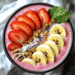 - 1 frozen banana, sliced - 1 cup frozen strawberries - 1/2 cup Greek yogurt - 1/2 cup almond milk (or your preferred milk alternative) - 1 tablespoon honey or maple syrup - 1 teaspoon vanilla extract - Toppings: Freshly sliced strawberries, banana slices, granola, shredded coconut, chia seeds, and fresh mint leaves Using these ingredients, you can create a tasty and healthy strawberry banana smoothie bowl. Each item brings its own flavor and benefits. The frozen banana and strawberries make it cold and thick. Greek yogurt gives it protein and creaminess. Almond milk keeps it light, while honey adds just the right sweetness. Vanilla extract gives a lovely aroma. - Calories per serving: About 300 calories - Macronutrient breakdown: - Carbohydrates: 50g - Fats: 5g - Proteins: 10g This smoothie bowl is not just tasty; it is also good for you. The strawberries are packed with vitamin C and antioxidants. Bananas provide potassium and energy. Greek yogurt has probiotics, which are great for digestion. Almond milk is low in calories and rich in vitamins. The combination of these ingredients makes this smoothie bowl a balanced meal. It keeps you full and satisfied. Enjoy it as breakfast or a snack! For the full recipe, check out the Strawberry Banana Bliss Smoothie Bowl. To start, gather your ingredients. You will need your frozen banana, frozen strawberries, Greek yogurt, almond milk, honey or maple syrup, and vanilla extract. 1. Add the frozen banana, frozen strawberries, Greek yogurt, almond milk, honey, and vanilla extract into a high-powered blender. 2. Blend on high speed. This helps mix everything until smooth and creamy. 3. If the mix is too thick, pause blending. Scrape the sides with a spatula to get any stuck bits. 4. Add a splash more almond milk if needed. Blend again until it’s just right. Now it’s time to make your bowl look lovely. 1. Pour the smoothie into your bowl. Use a spatula to smooth the top for an even surface. 2. Next, arrange your toppings. Start with fresh sliced strawberries and banana slices. 3. Sprinkle granola on top for a nice crunch. 4. For added flair, garnish with shredded coconut, chia seeds, and fresh mint leaves. This not only makes your smoothie bowl tasty but also beautiful! Enjoy your Strawberry Banana Smoothie Bowl! To make your smoothie bowl smooth, use a high-powered blender. This type of blender mixes the ingredients well, giving you a creamy texture. Start with the frozen banana and strawberries, then add in the Greek yogurt and almond milk. The frozen fruit helps keep the smoothie cold and thick. If you notice some bits not blending well, pause the blender. Use a spatula to scrape the sides. This action helps mix in all the ingredients evenly. If your smoothie is too thick, add a splash of almond milk. Blend again until you achieve that perfect consistency. Garnishing your smoothie bowl can make it look amazing. Arrange your toppings neatly to create a colorful display. Freshly sliced strawberries and banana slices work well. A sprinkle of granola adds crunch and texture. You can also pair your smoothie bowl with other breakfast items. Try serving it with whole-grain toast or a handful of nuts. This combination creates a balanced meal with more nutrients. Enjoying a smoothie bowl like this can kickstart your day with energy! {{image_4}} You can change the fruits in your smoothie bowl. Try using blueberries or mango for a new taste. These fruits blend well and add different flavors. If you want a dairy-free option, use coconut yogurt or almond yogurt. For milk, almond milk works great, but oat milk is also a tasty choice. Toppings can make your smoothie bowl pop! Nut butters like almond or peanut add a rich flavor. You can also use seeds, like pumpkin or sunflower, for a nice crunch. Protein powder is a good way to boost nutrition too. For decoration, think about seasonal fruits or even edible flowers. A sprinkle of edible flowers can make your bowl look beautiful and special. This adds a fun touch and makes it more appealing. To keep your smoothie bowl fresh, store any unused ingredients properly. - Frozen fruits: Keep them in a sealed bag or container in your freezer. This prevents freezer burn and keeps them fresh for up to six months. - Greek yogurt: It lasts about one to three weeks when stored in the fridge. Check the expiration date on the package for the best quality. - Almond milk: This can stay good for seven to ten days after opening if kept in the fridge. Always check the label for specific dates. Meal prepping smoothie bowls makes mornings easier. Here’s how to do it well: - Weekly meal prep: Blend your smoothie base and divide it into jars. Store these jars in the fridge for up to five days. This way, you can enjoy a quick breakfast or snack. - Freezing portions: Pour your blended smoothie into ice cube trays. Once frozen, transfer the cubes to a bag. When you're ready, blend a few cubes with some almond milk for a quick treat. These tips help you enjoy your strawberry banana smoothie bowl anytime! For the complete recipe, check out the Full Recipe. Can I use fresh instead of frozen fruit? Yes, you can use fresh fruit. However, frozen fruit makes the smoothie cold and thick. If you use fresh fruit, add a few ice cubes to chill the mix. This way, you still get that nice, creamy texture. How can I make my smoothie bowl thicker? To thicken your smoothie bowl, use less liquid. You can also add more frozen fruit, like bananas or strawberries. Greek yogurt is another great option. It adds creaminess and helps make the bowl thick and satisfying. What are some good substitutions for honey? If you want to skip honey, try maple syrup or agave nectar. You can also use stevia for a low-sugar option. Each choice adds sweetness, so pick one that fits your taste and needs. In this post, we explored the tasty strawberry banana smoothie bowl. We looked at the ingredients and their health benefits. I shared step-by-step instructions for making and presenting your bowl. You learned tips for blending and serving, plus fun variations and storage ideas. Smoothie bowls are versatile and easy to make. They are a great way to enjoy healthy ingredients. I hope you feel inspired to create your own delicious blends!