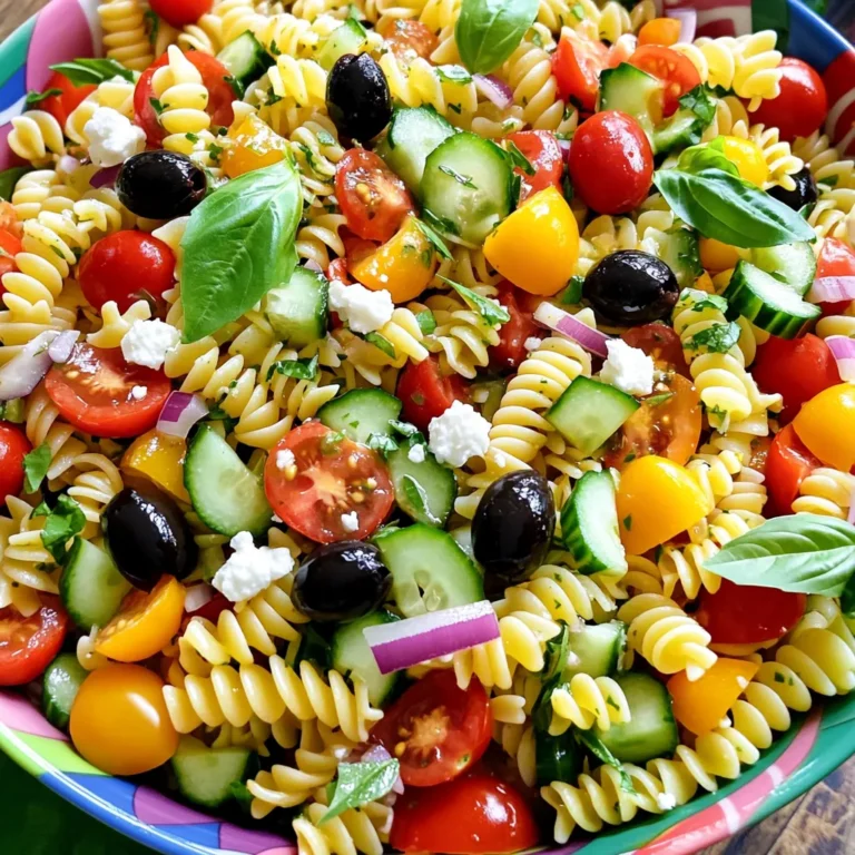 - 8 oz rotini pasta - 1 cup cherry tomatoes, halved - 1 cucumber, diced - 1 bell pepper (any color), diced - 1/2 red onion, finely chopped - 1 cup black olives, sliced - 1/2 cup feta cheese, crumbled - 1/4 cup fresh basil, chopped - 1/4 cup extra virgin olive oil - 2 tablespoons red wine vinegar - 1 teaspoon dried oregano - Salt and freshly ground pepper to taste For this Quick Italian Pasta Salad, you need fresh, colorful ingredients. The rotini pasta acts as a great base. It holds the dressing well and mixes easily with other veggies. Cherry tomatoes add a sweet burst, while cucumbers give a nice crunch. The bell pepper adds color and flavor. Red onion brings a sharp taste, but you can use green onions if you prefer a milder flavor. Black olives add a briny touch that pairs well with feta cheese. Feta adds creaminess and tang, making each bite delightful. Fresh basil brings a lovely aroma and taste, tying all the flavors together. - Optional add-ins (e.g., grilled chicken, artichokes) - Substitute ingredients for dietary preferences Feel free to mix in grilled chicken for protein or artichokes for extra flavor. You can also swap out the feta for a dairy-free cheese if needed. There are many ways to make this dish your own, so be creative! You can check the Full Recipe for more ideas. To start, you need to boil the rotini pasta. Fill a large pot with water and add a pinch of salt. Bring the water to a rolling boil. Once boiling, add 8 oz of rotini pasta. Cook it for about 8-10 minutes until it is al dente. This means it should be firm but not hard. After cooking, drain the pasta in a colander. Rinsing the pasta is key. Run cold water over it to stop the cooking. This helps keep the pasta from getting mushy. Set the cooled pasta aside for mixing. Now it’s time to combine fresh vegetables with the pasta. In a large bowl, add the cooled rotini, cherry tomatoes, diced cucumber, diced bell pepper, finely chopped red onion, sliced black olives, and crumbled feta cheese. Gently mix these fresh ingredients. Use a spatula to fold them together. This way, you ensure everything is evenly distributed. The colors and textures will make your salad pop! Next, let's make the dressing. In a small bowl, whisk together 1/4 cup extra virgin olive oil, 2 tablespoons red wine vinegar, and 1 teaspoon dried oregano. Add a pinch of salt and some freshly ground pepper. Whisk until the dressing is well mixed. You want a slightly thickened consistency. This dressing will bring all the flavors together. Drizzle the dressing over your pasta salad. Toss everything together gently. Make sure all the ingredients are coated in the delicious dressing. For the final touch, fold in the chopped fresh basil. This adds an aromatic finish that enhances the Mediterranean flavors. Enjoy your vibrant salad! For the full recipe, check out the details provided earlier. - Chop your veggies the night before. This saves time when you cook. - Use store-bought dressing if you’re in a hurry. It can taste great too. - Let the salad sit for about 15 minutes. This helps the flavors blend well. - Taste the salad after mixing. Adjust the salt and pepper to fit your taste. - Serve the salad in a large, bright bowl to show off its colors. - Add whole basil leaves on top for a nice touch. A sprinkle of feta looks great too. {{image_4}} You can easily make this dish vegetarian. Start by adding more vegetables. Try adding artichokes, zucchini, or even spinach. These add color and taste. You can also switch the feta cheese. Use mozzarella or a vegan cheese if you prefer. This gives a creamy texture while keeping it plant-based. To make your pasta salad a complete meal, add grilled chicken or shrimp. Cook them simply with salt and pepper, then slice or chop. Mix them into your salad for added protein. This not only boosts nutrition but makes it more filling. You can also use chickpeas for a vegetarian protein option. If you need a gluten-free version, swap the rotini with gluten-free pasta. Many brands offer great options that cook well. Always check that all your other ingredients are gluten-free too. This includes dressing and any cheese to ensure your dish meets gluten-free needs. To store leftovers, first, let the pasta salad cool. This step helps keep the flavors fresh. Use an airtight container to prevent air from spoiling the taste. Make sure to fill the container, leaving little empty space. This keeps the salad fresh longer. Store it in the fridge for up to three days. You can freeze pasta salad, but some ingredients may change in texture. If you wish to freeze it, follow these steps: - Prepare the salad without adding fresh ingredients like tomatoes or cucumbers. - Place the salad in a freezer-safe container. - Label it with the date and type of salad. - Freeze for up to a month. Before serving, thaw it overnight in the fridge. To refresh the salad before serving, add a splash of olive oil. This helps revive the flavors. You can also toss in fresh herbs to boost the taste. Avoid reheating the salad in the microwave. This can make the veggies soggy. Instead, serve it cold or at room temperature. Enjoy your Quick Italian Pasta Salad with friends and family! The prep time for Quick Italian Pasta Salad is 15 minutes. The total time to make it is 30 minutes. This includes cooking the pasta and mixing all the fresh ingredients. Yes, you can make this salad ahead of time. I recommend making it up to 24 hours in advance. This allows the flavors to blend well together. Just store it in the fridge until you’re ready to serve. Absolutely! You can use other pasta types instead of rotini. Good options include penne, fusilli, or even farfalle. Just be sure to cook them until al dente. If you want a different dressing, you can use creamy dressings. Ranch or Italian dressing works well. Store-bought options can save you time and still taste great. When stored properly, this salad lasts about 3 to 5 days in the fridge. Keep it in an airtight container to maintain its freshness. To make a great Quick Italian Pasta Salad, start with the right ingredients and follow easy steps. You can mix fresh veggies with rotini pasta, drizzle on a tasty dressing, and enjoy a healthy meal. Remember, you can change ingredients based on your likes or needs. Try new flavors, save time with prep tips, and store leftovers well. This salad is not just simple; it’s also flexible. You can enjoy it in many ways to fit your taste. Happy cooking!