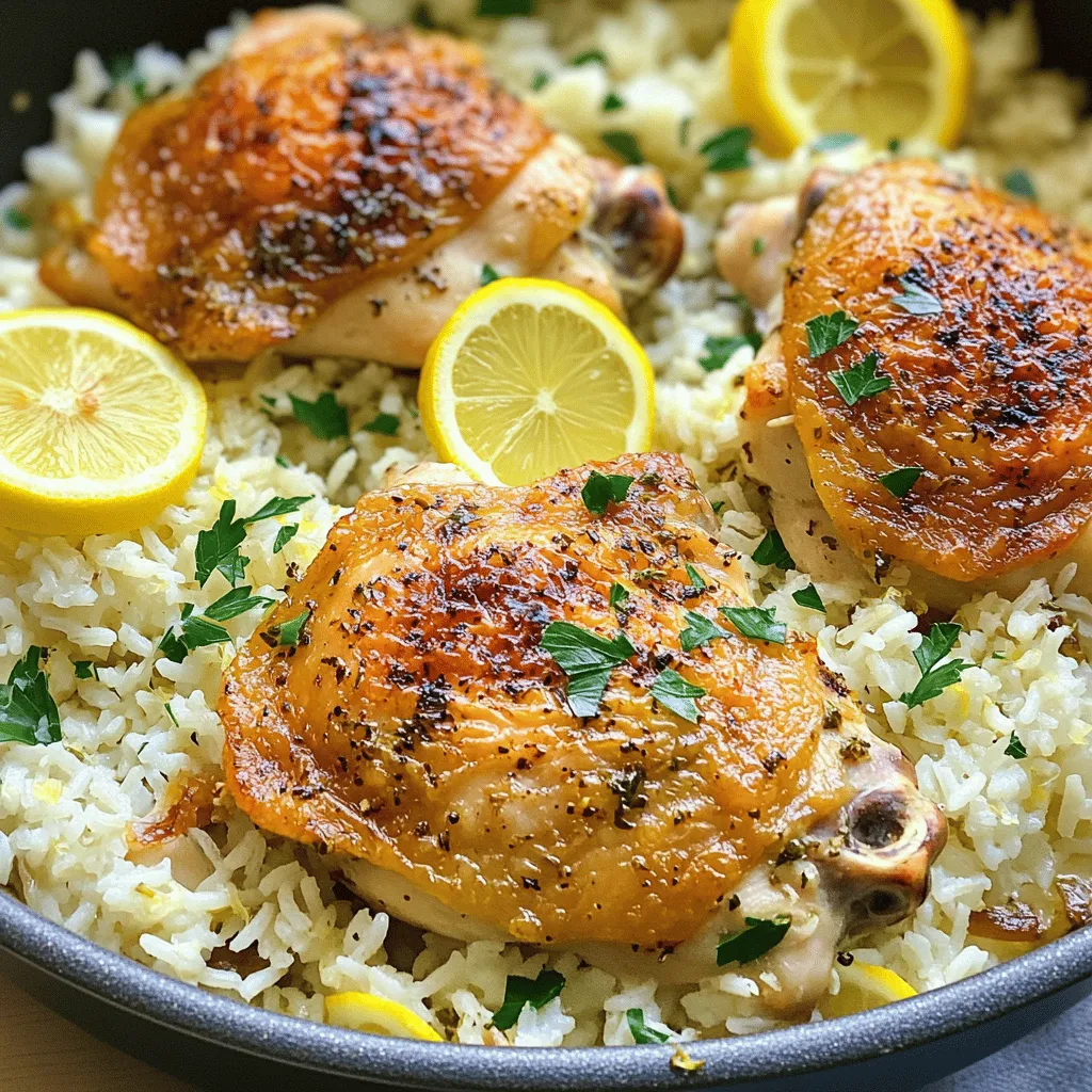 - 4 chicken thighs, bone-in and skin-on - 1 cup long-grain white rice - 2 cups low-sodium chicken broth - Zest and juice of 1 fresh lemon - 4 cloves garlic, minced - 1 medium onion, finely chopped - 1 teaspoon dried oregano - 1 teaspoon dried thyme - 1 teaspoon smoked paprika - ½ teaspoon sea salt - ¼ teaspoon freshly cracked black pepper - 2 tablespoons extra virgin olive oil - Fresh parsley and lemon slices for garnish To create the best One-Pan Lemon Herb Chicken and Rice, gather these fresh and flavorful ingredients. The chicken thighs are key for a juicy dish. Long-grain white rice soaks up all the tasty broth. Low-sodium chicken broth adds depth without too much salt. The lemon zest and juice bring bright flavor. Garlic and onion give a savory base. The dried herbs, like oregano and thyme, add warmth, while smoked paprika gives a nice hint of smokiness. Don't forget to finish with fresh parsley and lemon slices. They make the dish look fresh and inviting. For the full recipe, check the details above. - Heat olive oil in a large skillet over medium-high heat. - Season chicken thighs with salt, pepper, smoked paprika, oregano, and thyme. To start, I heat the olive oil in a large skillet. I look for a good shimmer to know it’s ready. While the oil warms, I season my chicken thighs. I use salt, pepper, smoked paprika, oregano, and thyme. This blend gives the chicken great flavor. It’s important to cover both sides well. - Sear chicken thighs skin-side down for 4-5 minutes until golden brown. - Flip and sear for an additional 3-4 minutes. - Remove chicken and sauté onion and garlic. Next, I place the chicken thighs skin-side down in the hot oil. I let them sear for about 4-5 minutes until they are golden brown. The aroma fills my kitchen! After that, I carefully flip the chicken over and sear for another 3-4 minutes. Once nicely browned, I remove the chicken and set it aside. I don’t wash the pan; I want those tasty bits. I add chopped onion and minced garlic to the hot pan. I sauté them for 2-3 minutes until the onions are clear and the garlic smells amazing. - Toast rice with onion and garlic for 1 minute. - Add chicken broth, lemon zest, and lemon juice. - Nestle chicken thighs back into the pan and simmer. Now, I stir in the rice with the onion and garlic. I toast the rice for about 1 minute to soak up those flavors. Then, I carefully pour in chicken broth. I also add lemon zest and lemon juice for that bright flavor. It’s important to mix everything well. After that, I gently place the seared chicken thighs back into the pan. I make sure they sit skin-side up in the broth and rice. I bring the mixture to a gentle simmer. Then, I cover the pan and turn the heat down low. I let it cook for 25-30 minutes until the rice is tender. Following the [Full Recipe] ensures I get the best results with this dish. To achieve crispy chicken skin, start with high heat when searing. Place the chicken skin-side down and let it cook without moving it. This helps form a golden crust. You can also pat the skin dry with a paper towel before seasoning. Less moisture means crispier skin. Letting the dish rest is key. After cooking, keep the pan covered for about five minutes. This resting time allows the flavors to blend and the chicken to stay juicy. The rice will also finish cooking during this time. For side dishes, consider serving steamed greens like broccoli or green beans. Their freshness complements the rich flavors of the chicken and rice. A light salad with lemon vinaigrette also pairs well. Adjusting herbs and spices can change your flavor profile. If you want more zest, add extra lemon juice or zest. For a bit of heat, try a pinch of red pepper flakes. Fresh herbs like basil or rosemary can also add a lovely touch. Serving directly from the pan creates a rustic look. It shows off the bright colors of the dish. If you prefer a more formal touch, plate each serving individually. Be sure to include some lemon slices and a sprinkle of parsley for a fresh finish. For garnishing ideas, consider adding a few lemon wedges around the dish. You can also sprinkle some extra parsley on top. This adds a pop of color and makes the meal more inviting. Enjoy the beauty of your One-Pan Lemon Herb Chicken and Rice! For the full recipe, check out the details above. {{image_4}} You can switch up the protein in this dish. Chicken thighs work great, but chicken breasts or even tofu make good choices too. If you want a lighter option, use skinless chicken. For those who prefer plant-based meals, tofu absorbs the flavors well and gives a nice texture. For rice, use gluten-free options like quinoa or brown rice. Just remember, these may change cooking times. Quinoa cooks faster than brown rice, so keep an eye on it to avoid mushiness. Adding veggies is an easy way to boost your meal. Try peas, bell peppers, or even spinach. They add color and nutrition. You can toss them in the pan during the last few minutes of cooking. This keeps them bright and fresh. You can also play with herbs. Rosemary and basil add a different twist to the flavor. Feel free to mix and match! Fresh herbs work well too. Just add them at the end for the best taste. If you want to save time, use an Instant Pot or slow cooker. For the Instant Pot, cook on high pressure for 10 minutes. Then let it naturally release for 5 minutes. This method makes the chicken super tender. For a hands-off approach, oven-baking is a great option. Preheat your oven to 375°F. In a large baking dish, combine the rice, broth, lemon, and seasonings. Nestle the chicken on top. Cover with foil and bake for about 30-35 minutes. Remove the foil and bake for another 10 minutes. This will give you crispy chicken skin without much fuss. For the full recipe, check the main article. To keep your One-Pan Lemon Herb Chicken and Rice fresh, store leftovers in an airtight container. This prevents moisture loss and keeps flavors intact. Make sure to refrigerate within two hours of cooking. You can also freeze this dish for later. Just cool it completely before placing it in freezer-safe bags. This way, the chicken and rice stay tasty for up to three months. When reheating, use the stovetop or microwave. If using the stovetop, add a splash of chicken broth to the pan. Heat over low until warm. This helps keep the rice moist and flavorful. In the microwave, cover the dish with a damp paper towel. This traps steam and prevents drying. Heat in short bursts, stirring in between, until hot. In the fridge, your dish lasts about three to four days. Check for signs of spoilage. If the chicken smells sour or has a strange color, it’s best to discard it. The rice may also harden or become dry, which means it’s time to toss it. Always trust your senses when it comes to food safety. How to make One-Pan Lemon Herb Chicken and Rice? To make this dish, you need to follow a few simple steps. First, heat olive oil in a large skillet. Season the chicken thighs with salt, pepper, smoked paprika, oregano, and thyme. Sear the chicken skin-side down until golden brown. Remove the chicken and sauté onion and garlic in the same pan. Add rice, then pour in chicken broth, lemon zest, and lemon juice. Nestle the chicken back in and simmer until the rice is tender. You can find the Full Recipe above for more details. Can you use different types of rice for this recipe? Yes, you can use different types of rice. Long-grain rice works best, but you can try jasmine or basmati rice. Each type gives the dish a unique flavor and texture. Just remember to adjust the liquid ratio and cooking time as needed. What are the calories per serving? This dish has about 400 calories per serving. This count includes the chicken, rice, and broth. The lemon and herbs add flavor without many extra calories. You can adjust the serving size to fit your dietary needs. Is this dish suitable for meal prep? Yes, this dish is great for meal prep! It holds up well in the fridge. You can make a big batch and store it in airtight containers. It tastes even better the next day as the flavors meld. What to do if the rice is undercooked? If the rice is undercooked, add a little more broth or water. Cover the pan and let it cook for a few more minutes. Check often to avoid overcooking. The goal is fluffy rice that absorbs all the flavors. How to ensure the chicken is fully cooked? To ensure the chicken is fully cooked, use a meat thermometer. The internal temperature should reach 165°F (75°C). If you don’t have a thermometer, cut into the thickest part of the thigh. The juices should run clear, not pink. This blog covers how to make One-Pan Lemon Herb Chicken and Rice. You learned about key ingredients like chicken thighs, rice, and chicken broth. I shared steps for cooking and tips for perfecting your dish. You also found variations and storage info to keep leftovers fresh. Remember, cooking should be fun and tasty. Try new herbs and flavors to make this dish your own. Enjoy every bite!