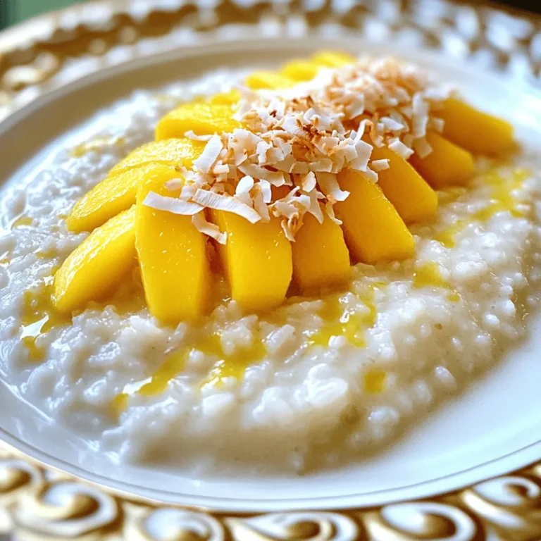 - 1 cup jasmine rice - 2 cups coconut milk - 1 cup whole milk or almond milk To make this pudding, start with jasmine rice. This rice gives a nice texture and flavor. Coconut milk adds that rich, creamy taste. You can also use whole milk or almond milk for a dairy-free version. - 1/2 cup granulated sugar - 1 teaspoon vanilla extract - 1/2 teaspoon ground cinnamon For sweetness, granulated sugar works best. You can adjust this to your liking. Vanilla extract adds a lovely aroma, while ground cinnamon gives warmth and spice. - 1/4 cup shredded coconut - Fresh mango slices - Assorted berries Toppings make it fun! Shredded coconut adds crunch. Fresh mango slices bring sweetness. You can also use berries like strawberries or blueberries for a burst of color. For the complete recipe, visit the [Full Recipe]. Enjoy making this delightful dish! Begin by rinsing the jasmine rice under cold water. Place the rice in a fine-mesh strainer. Rinse it until the water runs clear. This step is key. It removes excess starch. Removing the starch helps the rice cook evenly and keeps it fluffy. In a medium saucepan, combine the rinsed rice with coconut milk, whole milk, sugar, and sea salt. Stir the mixture well to blend all the ingredients. Set the heat to medium and bring it to a simmer. You will see small bubbles forming on the surface. Once you reach this point, lower the heat and cover the saucepan. Let it cook for 20 to 25 minutes. Stir occasionally. This prevents the rice from sticking to the bottom. The rice will become tender, and the pudding will thicken. After cooking, remove the saucepan from the heat. Stir in pure vanilla extract and ground cinnamon. These ingredients add a wonderful aroma and depth of flavor. Cover the saucepan and let it sit for 5 minutes. This resting time allows the flavors to meld beautifully. Now, you're ready to serve! Dish out the rice pudding warm or chilled. Top it with toasted shredded coconut and fresh mango slices or berries. For the complete recipe, check the Full Recipe section. Choosing the right rice is key. I recommend jasmine rice for its soft texture. It absorbs the coconut milk well and brings a lovely aroma. Cooking techniques matter, too. Start by rinsing the rice under cold water. This step removes excess starch, which helps keep the pudding creamy and fluffy. Sweetening to taste is important. You can adjust the sugar based on your liking. If you want a richer flavor, add more sugar. For toppings, use fresh or toasted coconut. Toasting enhances the taste and adds a crunchy texture. You can also try fresh fruit like mango or berries for extra flavor. You can serve this pudding warm or chilled. Warm pudding feels cozy, while chilled is refreshing. For plating, use a clear bowl to show off the layers. Garnish with toasted coconut and fresh fruit for a beautiful presentation. This adds visual appeal and elevates the dessert experience. For the full recipe, check out the detailed instructions above! {{image_4}} You can easily make this coconut rice pudding dairy-free. Just swap whole milk with almond or more coconut milk. This keeps the pudding creamy and rich. To maintain flavor, use full-fat coconut milk. It gives a nice texture and taste. Want to jazz up your pudding? You can add spices like nutmeg or cardamom. These spices pair well with coconut. They add warmth and depth to the flavor. You can also play with tropical flavors. Think about adding pineapple or passion fruit for a fun twist. Garnishing your pudding can make it pop! Use fresh fruits like mango, strawberries, or blueberries. They add color and sweetness. You can also turn the pudding into a parfait. Layer rice pudding with fruits and whipped cream for a fun treat. This makes for a beautiful dessert that everyone will love. Coconut rice pudding lasts about 4 to 5 days in the fridge. To store it, let the pudding cool down first. Once cool, transfer it to an airtight container. This helps keep the pudding fresh and prevents it from drying out. Yes, you can freeze coconut rice pudding! It stays good for about 2 months in the freezer. To freeze, place it in a freezer-safe container, leaving some space at the top. When you’re ready to enjoy it, move it to the fridge for a slow thaw. To refresh the texture, stir in a little coconut milk or whole milk before serving. This adds creaminess back to the pudding. You can also sprinkle on more toasted coconut or fresh fruit like mango slices or berries for a tasty twist. These toppings add color and flavor, making your pudding look and taste even better. Enjoy your creamy delight! Coconut milk and coconut cream come from the same fruit but differ in texture. Coconut milk is thinner and creamier. It works well in soups and curries. Coconut cream is thick and rich. It’s great for desserts and making whipped toppings. In this recipe, I use coconut milk for a smooth pudding. Yes, you can use brown rice, but it will change the dish. Brown rice takes longer to cook, about 40-50 minutes. It also gives a chewier texture, unlike the soft jasmine rice. Rinse the brown rice the same way and adjust your cooking time accordingly. To lower the sugar, you can use natural sweeteners. Consider using honey or maple syrup. Use half the amount of sweetener to start. You can always add more if needed. This keeps the pudding tasty without being too sweet. This blog post shared how to make delicious coconut rice pudding. We discussed key ingredients like jasmine rice, coconut milk, and sweeteners. I explained steps to cook the pudding and tips for perfect texture. You learned about flavor variations and how to store leftovers. Now, you can create a tasty treat that suits your style. Enjoy experimenting with toppings and flavors. Trust me, you'll love sharing this pudding with family and friends!