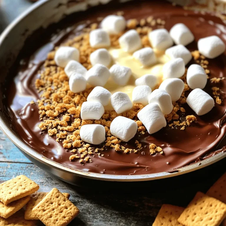 - 1 cup semi-sweet chocolate chips - 1 cup mini marshmallows - 1 cup graham cracker crumbs - 2 tablespoons unsalted butter, melted To make this dip, I love using semi-sweet chocolate chips. They melt well and taste great. The mini marshmallows add that classic s'mores flavor. Graham cracker crumbs give the dip a nice crunch. Don't forget the melted butter; it helps everything blend together. - 1 teaspoon vanilla extract - A pinch of sea salt Adding vanilla extract makes the dip even tastier. A pinch of sea salt brings out the chocolate flavor. These simple extras make a big difference in taste. - Additional graham crackers for dipping - Ideas for alternative dippers Graham crackers are perfect for dipping. You can also try fruit slices, pretzel rods, or cookies. Each option gives a unique twist to your s'mores experience. Check out the Full Recipe for more details on making this delicious dip! First, preheat your oven to 400°F (200°C). This step is key for a good bake. While the oven heats, grab a medium bowl. In this bowl, mix 1 cup of semi-sweet chocolate chips with 2 tablespoons of melted butter. Stir until the mixture is smooth. It should look rich and shiny. Next, add 1 teaspoon of vanilla extract and a pinch of sea salt to the chocolate mix. Stir again until everything blends well. This will add depth to your dip. Now, pour the chocolate mixture into a 9-inch oven-safe skillet. Spread it evenly across the bottom. This base is where all the magic happens. Now, it’s time for the fun part. Add 1 cup of mini marshmallows on top of the chocolate. Make sure they cover it completely. Then, sprinkle 1 cup of graham cracker crumbs over the marshmallows. This adds a tasty crunch. Place the skillet in your preheated oven. Bake for 10-12 minutes. Watch for the mini marshmallows to turn golden brown. They should look toasted and perfect. For the full recipe, check the recipe section. Enjoy the process, and get ready for a delicious treat! To get the best melt for your chocolate, use semi-sweet chocolate chips. They melt nicely and give a rich flavor. Make sure to mix the chocolate with melted butter. This mix creates a smooth base. Pour it into your skillet right away. For toasting marshmallows just right, watch them closely in the oven. Bake until they turn golden brown. This step gives the dip a perfect texture. If you want extra toasty marshmallows, turn on the broiler for a minute. Just be careful not to burn them! I love to serve S'mores Dip directly in the skillet. It looks rustic and inviting. You can also transfer it to a pretty baking dish. Pair it with extra graham crackers, fruit slices, or pretzel rods. This adds fun options for dipping. Serve it on a wooden board for a charming presentation. For the best results, use a 9-inch oven-safe skillet. It holds the dip perfectly and heats evenly. A cast iron skillet works great too. You’ll also need a sturdy spatula. This helps you mix and serve the dip easily. A whisk is helpful for blending the chocolate and butter smoothly. For the ultimate S'mores experience, check out the Full Recipe to get started! {{image_4}} You can make your S'mores Dip even more fun by changing the chocolate. Try using dark chocolate for a richer taste or white chocolate for a sweeter treat. You can also mix in flavored extracts. A drop of almond extract can add a nutty twist. A hint of mint extract can give it a refreshing kick. These small changes can make a big flavor difference. If you need gluten-free options, look for gluten-free graham crackers. Many brands offer these, so you can enjoy the dip without worry. For those on a vegan diet, use dairy-free chocolate and vegan marshmallows. These swaps let everyone join in on the fun. You can still create a delicious S'mores Dip that fits various diets. Add some festive flair to your S'mores Dip for holidays. Use red and green sprinkles for Christmas or pastel colors for Easter. You can also top your dip with seasonal fruits like strawberries or pumpkin. For outdoor events, consider using mini chocolate bars or fun-shaped marshmallows. These creative touches make your dip a hit at any gathering. To store leftover S'mores Dip, let it cool first. Use an airtight container. Glass containers work well for this. They keep the flavors fresh. You can also use plastic containers, but make sure they seal tightly. If you have a lot left, divide it into smaller portions. This makes it easy to grab just what you need. When it's time to eat again, you can reheat the dip. Place the dip in the oven at 350°F (175°C). Heat it for about 10 minutes. This helps keep the texture smooth. If you want, add a few mini marshmallows on top before reheating. This adds a nice touch. You can also use the microwave. Heat it in 30-second bursts. Stir between each round. This keeps it creamy and warm. You can keep S'mores Dip in the fridge for up to five days. After that, its taste may fade. Look for signs that it has gone bad. If you see mold or it smells sour, throw it away. Freshness is key to enjoying this sweet treat. If you lack graham crackers, don’t worry! You can use several fun alternatives for dipping. Try using vanilla wafers, pretzels, or even apple slices. Each option brings a unique flavor and texture to your S'mores Dip. If you want something crunchy, go for cookie sticks or rice cakes. These choices keep the fun alive while you enjoy the creamy dip. Yes, you can prepare S'mores Dip in advance. Mix the chocolate, butter, vanilla, and salt. Pour this into your baking dish and top with marshmallows and graham cracker crumbs. Cover it with plastic wrap and store it in the fridge. When you’re ready to bake, just take it out, let it warm a bit, and pop it in the oven. This makes it easy for parties or gatherings. Absolutely! You can make a lighter version of S'mores Dip. Use dark chocolate chips instead of semi-sweet ones. They have less sugar and more antioxidants. You can also swap regular marshmallows for mini marshmallows or use a sugar-free version. Consider using whole grain graham crackers for added fiber. These simple changes keep the flavor while making the dip a bit healthier. S'mores dip combines simple ingredients like chocolate, marshmallows, and graham crackers. We discussed how to prepare, bake, and serve this warm treat. You can make it your own with flavor twists or dietary changes. Remember these tips for the best texture and presentation. Store leftovers properly and reheat to keep it delicious. Enjoy this fun dessert at any gathering, making sweet memories with friends and family. Get creative, and savor every bite!