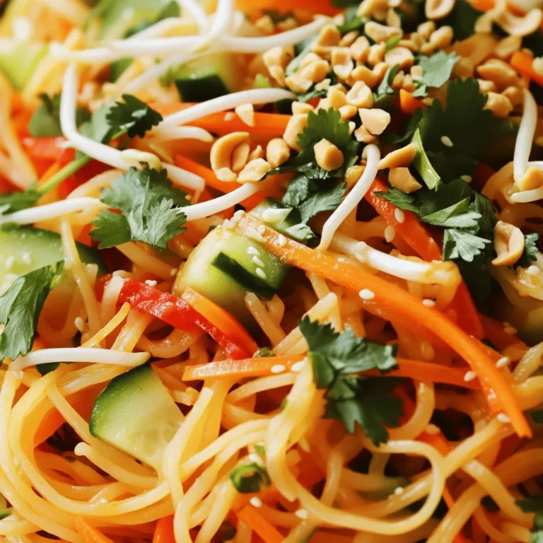 - 200g rice noodles - 1 cup carrots, shredded - 1 red bell pepper, julienned - 1 cucumber, thinly sliced - 1 cup bean sprouts - 1/4 cup fresh cilantro, chopped - 2 green onions, sliced into rounds - 1 red chili, finely chopped (adjust for desired spice level) - 2 tablespoons sesame oil - 2 tablespoons low-sodium soy sauce - 1 tablespoon fresh lime juice - 1 tablespoon sugar or honey - 1 tablespoon crushed peanuts (for garnishing) - Salt and pepper to taste When I make this spicy Thai noodle salad, I love using fresh ingredients. The rice noodles are the base. They add a nice texture. The carrots and bell pepper give color and crunch. Cucumber provides a refreshing taste. Bean sprouts add a crisp bite. For herbs, I always use fresh cilantro. It gives a bright flavor. Green onions add a mild onion taste. The red chili is key for spice. You can adjust how much you use based on your heat preference. The dressing is simple yet flavorful. Sesame oil brings a nutty taste. Low-sodium soy sauce adds depth. Fresh lime juice gives a zesty kick. Sugar or honey balances the flavors. Finally, I like to sprinkle crushed peanuts on top. They add a wonderful crunch. This salad is a feast for the eyes and the taste buds. For the complete recipe, refer to the Full Recipe section. To start, boil a large pot of water. Once it bubbles, add 200g of rice noodles. Cook them according to the package. Usually, this takes about 4 to 6 minutes. You want them al dente, so watch closely. After cooking, drain the noodles and rinse them under cold water. This stops the cooking and helps prevent sticking. While your noodles cook, prep the fresh veggies. Shred 1 cup of carrots, julienne 1 red bell pepper, and thinly slice 1 cucumber. You can use a box grater for the carrots or a food processor. This step is key for texture and flavor. Fresh veggies make your salad crunchy and colorful. In a small bowl, mix the dressing. Combine 2 tablespoons of sesame oil, 2 tablespoons of low-sodium soy sauce, 1 tablespoon of fresh lime juice, and 1 tablespoon of sugar or honey. Add 1 finely chopped red chili for heat. Whisk until it’s well combined. Taste it! Adjust with salt and pepper for a balanced flavor. Now, add the drained noodles to your large bowl of veggies. Pour the dressing over the noodle and vegetable mix. With gentle hands, toss everything together. Make sure every noodle and veggie piece gets coated with the dressing. This ensures a great taste in every bite. For a stunning display, use clear glass bowls. This shows off the vibrant colors of the salad. Transfer the salad to the bowls or a large platter. Top with chopped fresh cilantro, sliced green onions, and crushed peanuts for that extra crunch. Garnishing with lime wedges adds zest and beauty to your dish. Remember, you can find the full recipe in the earlier sections. Enjoy your colorful and fresh spicy Thai noodle salad! To get the spice just right, start with one red chili. If you want more heat, add another chili. You can also remove the seeds if you want it milder. Always taste as you go. Everyone has a different spice tolerance, so adjust it to your liking. If you want to make this salad vegan, swap out the honey for maple syrup. You can also use tamari instead of soy sauce for a gluten-free option. Keep the flavor strong by adding more herbs or a splash of lime juice. This keeps the salad vibrant and exciting without animal products. Fresh herbs make a big difference. I love adding fresh mint or basil. These herbs brighten the dish. You can also use seasonal vegetables like bell peppers in summer or shredded cabbage in winter. This adds color and crunch, making your salad even more delightful. Check out the [Full Recipe] for all the details to create your perfect Spicy Thai Noodle Salad! {{image_4}} You can boost your Spicy Thai Noodle Salad by adding protein. Chicken and shrimp are great options. They cook quickly and pair well with the salad's flavors. For a vegetarian choice, try tofu. Cut it into cubes and pan-fry until golden. - Chicken: Grill or sauté until cooked through. Slice into strips and mix in. - Shrimp: Quickly stir-fry in a hot pan until they turn pink. - Tofu: Use firm tofu, pan-fry, or bake until crispy. These methods keep the protein juicy and tasty. The dressing is key to this salad's flavor. While the original recipe is great, you can mix it up! Try peanut sauce for a nutty taste or a spicy sriracha dressing for more heat. - Nut-free dressing: Use sunflower seed butter instead of peanut butter. - Gluten-free dressing: Swap regular soy sauce for tamari. These variations keep your salad exciting and cater to different diets. Adding more veggies can change the salad's look and taste. Use seasonal produce to keep it fresh. In summer, add zucchini or corn. In fall, consider roasted squash or sweet potatoes for warmth. - Unusual ingredients: Try adding radishes for crunch or mango for sweetness. Experimenting with vegetables adds fun and variety to your dish. To store your Spicy Thai Noodle Salad, place it in an airtight container. This keeps flavors fresh and prevents spills. You can store the salad in the fridge for up to three days. After that, the veggies may lose their crunch and taste. You can freeze Spicy Thai Noodle Salad, but I don't recommend it. Freezing can change the texture of the noodles and vegetables. If you still want to freeze it, pack it in a freezer-safe container. When you want to eat it, thaw it in the fridge overnight. Reheat it gently in a pan, but do not cook it again. To keep your veggies crunchy, store them separately from the noodles. This helps them stay crisp. For the dressing, store it in a small jar or bowl. Add it just before serving to keep the salad fresh and flavorful. To lower the heat, add fewer red chilies. You can also omit the chili altogether. If you find it too spicy after mixing, try adding more veggies or noodles to balance the heat. A bit of sugar can also tone down the spice. Yes, you can make this salad ahead of time. Prepare the noodles and veggies, then store them separately. Mix them right before serving to keep everything fresh. The dressing can also be made early and stored in the fridge. If you cannot find rice noodles, use thin spaghetti or soba noodles. Cook them according to package instructions. Rinse with cold water to stop cooking and prevent sticking. You can make this salad gluten-free by using gluten-free soy sauce. Many brands offer this option. Always check the label to ensure it meets your needs. Yes, fruits can add a nice touch. Try adding mango, pineapple, or sliced avocado. They pair well with the spicy flavors and add sweetness. This salad is full of fresh veggies, which are low in calories and high in vitamins. Carrots provide beta-carotene, while bell peppers add vitamin C. The healthy fats from sesame oil and peanuts boost heart health too. This makes for a nutritious meal. For the full recipe, check the detailed instructions above. This Spicy Thai Noodle Salad strikes a balance of flavor, texture, and freshness. You now have the complete list of ingredients and easy steps to prepare it. Don't forget the tips for spice control and variations to make it your own. This dish is great for any meal and can be stored well. Enjoy experimenting with ingredients and flavors that suit you. With this recipe, you can whip up a tasty salad that will please everyone. Keep it fresh, fun, and delicious!