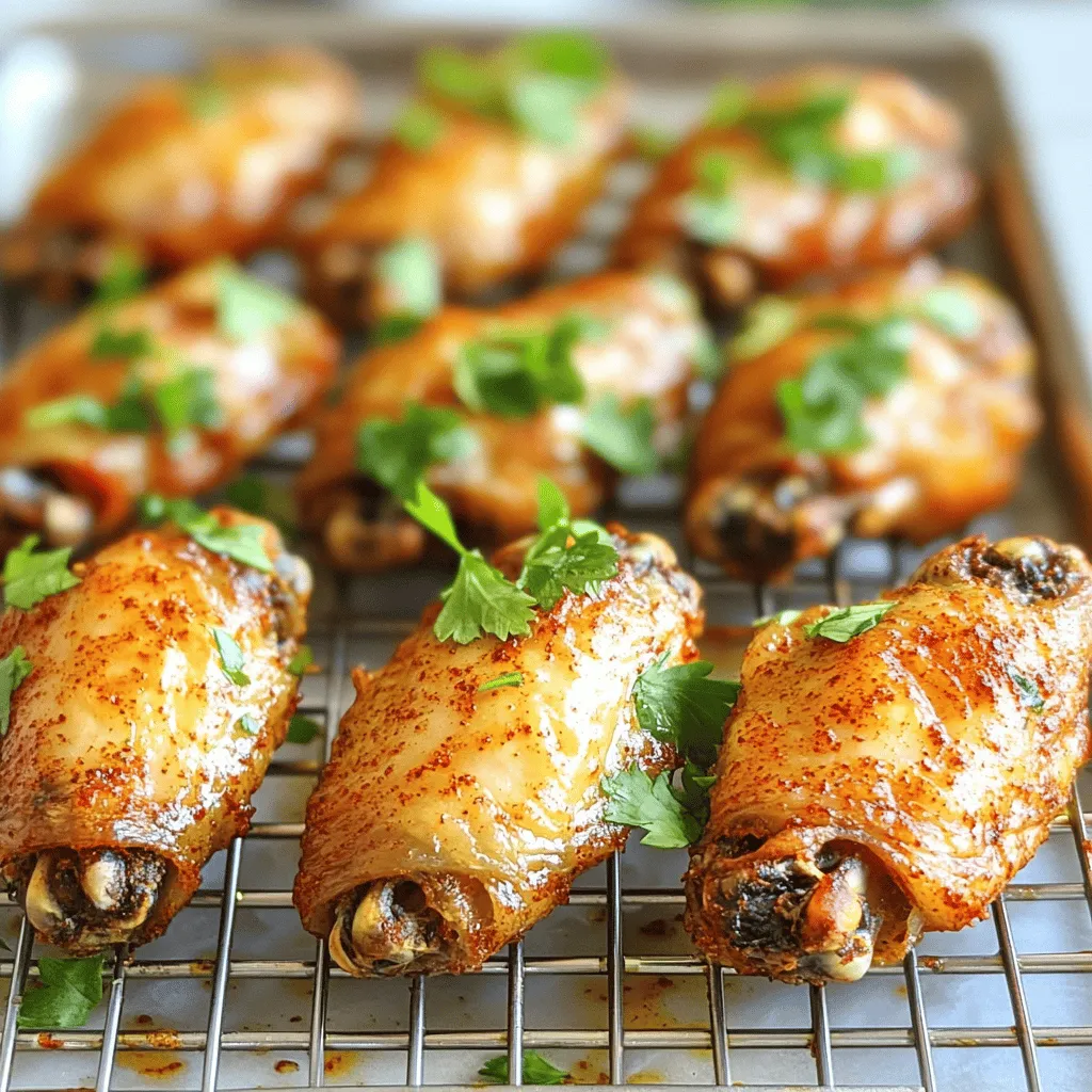 - 2 pounds chicken wings - 2 tablespoons baking powder - 1 teaspoon salt - 1 teaspoon freshly ground black pepper - 1 teaspoon garlic powder - 1 teaspoon onion powder - 1 teaspoon smoked paprika - ½ teaspoon cayenne pepper (adjust based on heat preference) - 2 tablespoons extra-virgin olive oil - 1 tablespoon fresh lime juice - Optional: Fresh herbs for garnish (such as parsley or cilantro) Each ingredient plays a key role in making these wings crispy and tasty. - Chicken wings are the main star. They have the right fat content for flavor. - Baking powder helps create a crispy skin. It works by drawing moisture away from the wings. - Salt enhances the flavor. It also helps to draw out moisture, which keeps the wings crisp. - Black pepper, garlic powder, onion powder, and smoked paprika add depth. Each spice brings its unique flavor, making the wings more exciting. - Cayenne pepper adds heat. You can adjust this to match your spice level. - Olive oil helps with browning. It also adds richness. - Lime juice adds acidity. This brightens the flavors and gives a fresh taste. - Fresh herbs are optional but add color and freshness when serving. You can swap some ingredients if needed. Here are a few ideas: - Chicken wings can be replaced with drumsticks or thighs for a different texture. - Baking powder can be swapped with cornstarch. It also helps with crispiness but watch the amount. - Spices can be adjusted to your taste. Try chili powder or Italian seasoning for a unique twist. - Olive oil can be replaced with vegetable oil or melted butter for added flavor. - Lime juice can be switched out for lemon juice or vinegar for a similar zing. Feel free to get creative with these ingredients. Each choice can change the taste and make your wings special. For the full recipe, check out the detailed instructions above. First, you need to preheat your oven to 425°F (220°C). This heat is key for crispy wings. Line a large baking sheet with aluminum foil. Then, place a wire rack on top. This setup lets hot air flow around the wings, making them crispy all over. Now, let’s make the spice mix. Grab a large bowl. Combine the baking powder, salt, black pepper, garlic powder, onion powder, smoked paprika, and cayenne pepper. Mix well. This blend adds great flavor to your wings. You can adjust the cayenne if you like more or less heat. Next, take your chicken wings and pat them dry with paper towels. This step is a must for crispy skin. After drying, toss the wings into the bowl with the spice mixture. Drizzle in the olive oil and lime juice. Mix until every wing is coated in the zesty spice blend. Place the wings in a single layer on the wire rack. Make sure they’re not touching. This spacing helps them cook evenly. Bake the wings for 40-45 minutes until they turn golden brown and crispy. Flip them halfway through for even cooking. After baking, let them rest for a few minutes. This helps keep them crispy. If you want, add some chopped fresh herbs for garnish. Serve hot with your favorite dips. For more details, check the Full Recipe. To get your chicken wings super crispy, start with drying them well. Use paper towels to get rid of all moisture. This step is key. Next, coat the wings with a mix of baking powder and spices. The baking powder helps create that perfect crunch. Lay the wings in a single layer on a wire rack. This allows hot air to flow around them. Bake at 425°F (220°C) for about 40-45 minutes. Flip them halfway for even cooking. Trust me, this method will give you the best crispy texture. One common mistake is not drying the wings enough. Moisture is the enemy of crispiness. Another mistake is overcrowding the baking sheet. If wings touch, they steam instead of crisp. Also, don’t skip the baking powder; it’s essential for that crunch. Lastly, resist the urge to open the oven too soon. This lets heat escape and can lead to soggy wings. For the best results, use a good wire rack. It keeps the wings elevated. This helps them cook evenly. A large baking sheet lined with aluminum foil also makes cleanup easy. Use a meat thermometer to check for doneness. This ensures your wings are safe to eat. Lastly, have some tongs handy for flipping the wings. For the full recipe, check out the detailed steps to make your wings shine. {{image_4}} You can change the flavor of your wings easily. For BBQ wings, coat them with your favorite BBQ sauce after baking. This adds sweetness and tang. For Buffalo wings, toss them in hot sauce right after they come out of the oven. This gives them that spicy kick we all love. You can also mix flavors. Try honey garlic for a sweet and savory treat. Or go for lemon pepper for a zesty twist. Baking is my go-to method for wings, but you can grill them for a smoky flavor. Preheat your grill to medium heat. Place the wings directly on the grill grates. Cook them for about 15-20 minutes, turning often. You can also use an air fryer. It makes the wings crispy and cuts down on cooking time. Set it to 400°F and cook for about 25 minutes. Dipping sauces can elevate your wing experience. Classic ranch dressing is a fan favorite. It cools down the heat from spicy wings. Blue cheese dressing also adds a rich flavor. If you want something different, try honey mustard. It brings sweet and tangy notes that pair well with savory wings. You can also mix Greek yogurt with herbs for a light dip. Each sauce brings its own charm to your wings. Explore and find your favorite! To keep your crispy baked chicken wings fresh, let them cool first. Once they are at room temperature, place them in an airtight container. This step helps prevent moisture from making the wings soggy. You can store them in the fridge for up to three days. If you want to keep them longer, freezing is a better option. When you are ready to enjoy your wings again, preheat your oven to 350°F (175°C). Place the wings on a baking sheet lined with foil. Heat them for about 15-20 minutes, or until they are hot and crispy again. You can also use an air fryer for reheating. Just set it at 350°F (175°C) and cook for 5-7 minutes. This method helps maintain that tasty crunch. If you have leftover wings, freezing is a great option. First, make sure they are completely cooled. Then, arrange them in a single layer on a baking sheet and freeze for one hour. Once frozen, transfer them to a freezer-safe bag or container. They can last up to three months in the freezer. When you're ready to eat, just thaw them in the fridge overnight and reheat as mentioned above. To get the best crispiness, bake chicken wings for 40 to 45 minutes at 425°F. This high temperature helps to render the fat and dry out the skin. After 20 minutes, flip the wings for even cooking. You’ll know they are done when they turn golden brown and crispy. Yes, you can use frozen chicken wings. Just make sure to thaw them first. This helps them cook evenly and become crispy. You can soak them in cold water for about 30 minutes. Then, dry them well before coating with the spice mix and baking. Leftover wings are great for many meals. You can reheat them in the oven to keep them crispy. You can also chop them up and add to salads or pasta. If you like, use them in a wrap with veggies and sauce. They make a quick and tasty snack. To make wings crispy without frying, drying them is key. Pat them dry with paper towels before seasoning. Using baking powder in the spice mix also helps. It raises the pH level, making the skin crispier. Finally, bake them on a wire rack to allow air circulation around the wings. For the full recipe, check out the detailed steps and ingredient list above. This guide covered the essential steps for cooking perfect chicken wings. We discussed the key ingredients and their importance. We also shared steps for preparation, baking, and tips for crispiness. Don't forget the fun variations and proper storage methods. Mastering these techniques helps you create tasty wings for any occasion. With practice, you’ll cook wings that impress everyone. Enjoy your cooking journey and the delicious wings to come!