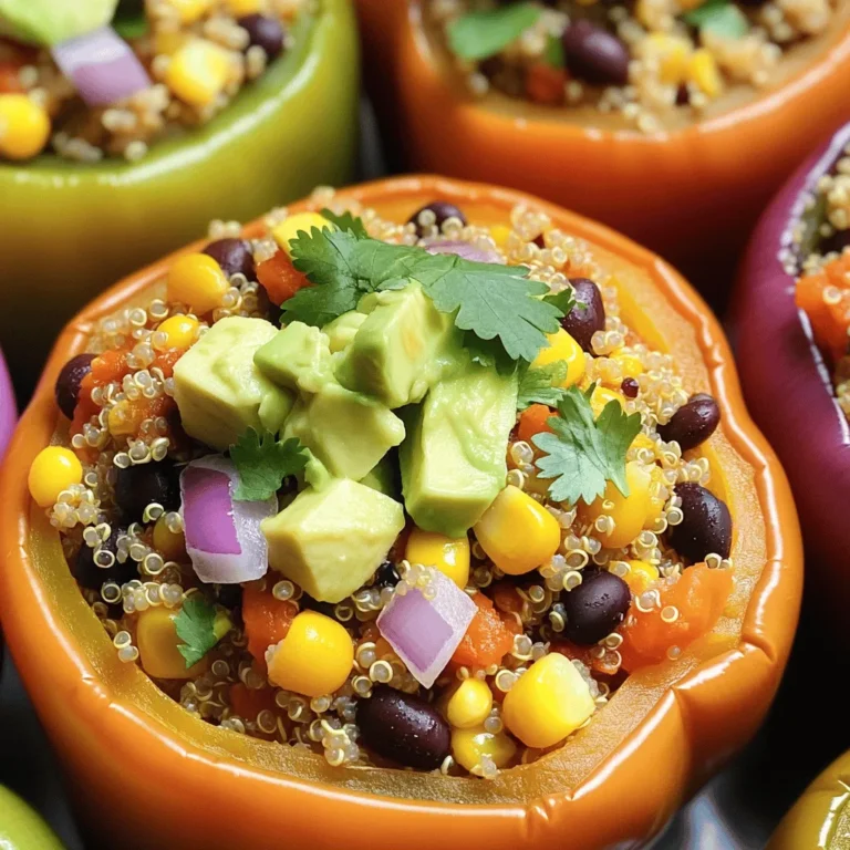 - 4 large bell peppers (various colors) - 1 cup quinoa - 2 cups vegetable broth - 1 can black beans - 1 cup corn kernels The main ingredients are simple yet packed with nutrition. I use bell peppers in different colors to make the dish look bright and fun. Quinoa acts as a great base; it’s high in protein and gluten-free. Black beans and corn add fiber and flavor, making every bite satisfying. - 1 small red onion - 2 cloves garlic - Ground cumin, smoked paprika, chili powder - Salt and black pepper Aromatics like red onion and garlic bring warmth to the dish. Ground cumin adds earthiness, while smoked paprika gives it a hint of smokiness. Chili powder brings a bit of heat, making each bite exciting. Don’t forget salt and pepper to enhance all the flavors. - 1 cup crushed tomatoes - 1 avocado - Fresh cilantro Crushed tomatoes bind everything together, adding moisture. Avocado gives a creamy texture, balancing the flavors well. Fresh cilantro adds brightness and freshness, making the dish feel complete. For the full recipe, check out the vibrant Vegan Stuffed Bell Peppers. - Preheat the oven to 375°F (190°C). - Slice the tops off the bell peppers and remove seeds. To prepare the bell peppers, start by preheating your oven. This helps the peppers cook evenly. Next, slice the tops off and scoop out the seeds. Be gentle so you don’t tear the peppers. Arrange them cut-side up in a baking dish. This keeps them stable while baking. - Bring vegetable broth to a boil. - Add rinsed quinoa, cover, and simmer. For the quinoa, bring your vegetable broth to a boil in a medium saucepan. Once boiling, add the rinsed quinoa. Turn the heat down low. Cover the pot and let it simmer for about 15 minutes. This step makes the quinoa fluffy and delicious. - Sauté red onion and garlic. - Mix in black beans, corn, and seasonings. - Combine with quinoa and crushed tomatoes. While the quinoa cooks, heat a large skillet over medium heat. Add a splash of water or olive oil to the pan. Sauté the diced red onion until soft. This takes about five minutes. Add minced garlic and cook for another minute. Then, stir in black beans, corn, and spices. Mix it all well and let it cook for a few minutes. Finally, add the cooked quinoa and crushed tomatoes to the mix. Stir until everything is combined. - Fill each pepper with the quinoa mixture. - Pack it gently for better structure. Now, it’s time to stuff the peppers! Take the quinoa mixture and fill each bell pepper. Press it down gently to pack it in. This helps keep the filling inside while they bake. - Cover with foil and bake for 25 minutes. - Remove foil and bake for an additional 10-15 minutes. Cover the baking dish with foil. This keeps the moisture in while they cook. Bake the peppers for 25 minutes. After that, carefully remove the foil. Bake for an extra 10 to 15 minutes. The peppers should be tender and slightly wrinkled. - Cool slightly before serving. - Top with diced avocado and cilantro. Once done, take out the dish and let the peppers cool for a few minutes. Before serving, add diced avocado on top. Sprinkle with fresh cilantro for a burst of flavor. This adds a nice touch to your vibrant vegan stuffed bell peppers. Enjoy this flavorful and healthy meal! For the full recipe, check the details above. When you pick bell peppers, look for ones that are ripe and firm. They should feel heavy for their size. A shiny skin indicates freshness. You can explore different colors like red, yellow, and green. Each color has a unique taste, with red being the sweetest. To boost flavor, consider adding spices like oregano or thyme. Fresh herbs can also brighten the dish. Sautéing the onions and garlic first brings out their sweetness. This step makes a big difference in taste. For more texture, add chopped nuts or seeds to your filling. These stuffed peppers pair well with a fresh salad or rice. You can also serve them with a side of avocado slices. For a fun presentation, use a colorful platter. Garnish with extra cilantro and lime wedges for a zesty touch. This adds color and makes the dish pop. Feel free to check out the Full Recipe for more details! {{image_4}} You can easily swap out quinoa for rice or millet. Both options work well and add their own taste. If you want a different protein, try lentils or chickpeas instead of black beans. They offer great texture and flavor. Feel free to add more veggies to your stuffing mix. Zucchini, spinach, or diced carrots can add color and nutrients. Adding a variety of veggies boosts the dish's fiber and makes it even healthier. Plus, it keeps every bite exciting and unique. To ensure your stuffed peppers are gluten-free, check all your ingredients. Look for gluten-free labels on broth and canned goods. If you bake, use gluten-free breadcrumbs as a topping if desired. This way, everyone can enjoy this tasty meal! To keep your vegan stuffed bell peppers fresh, store leftovers in the fridge. Place the stuffed peppers in an airtight container. They will stay good for about 3 to 5 days. If you want to save them for later, freezing is a great option. Wrap each pepper in plastic wrap, then place them in a freezer-safe bag. This way, you can enjoy them later. When it's time to eat your leftovers, you can reheat them in the oven or microwave. For the oven, preheat to 350°F (175°C). Place the peppers on a baking sheet, cover with foil, and heat for about 15-20 minutes. This helps keep the peppers moist. If using a microwave, heat one pepper at a time for about 2-3 minutes. Check to make sure they are warm throughout. To keep flavor and texture, avoid overcooking. In the fridge, your stuffed peppers can last about 3 to 5 days. Watch for signs of spoilage, like a sour smell or mushy texture. If you see any mold, it's best to toss them out. Keeping an eye on these signs can help you enjoy your meal safely. Yes, you can prepare the stuffed peppers in advance. Simply make the filling and stuff the peppers a day before. Store them in the fridge. When you’re ready to eat, just bake them. This saves time on busy days. If you need a quinoa substitute, try rice or millet. Both work well and add a different texture. You can also use couscous or farro if gluten is not a concern. These grains will still give your peppers a hearty filling. To add spice, consider using jalapeños or serrano peppers in your filling. You can also add red pepper flakes or hot sauce. For extra heat, try using a spicier chili powder. Adjust the amount based on your heat preference. Yes, these stuffed peppers freeze well. Prepare the peppers and let them cool completely. Then, wrap them tightly in plastic wrap and place them in a freezer-safe bag. To reheat, thaw in the fridge overnight and bake as usual. Vegan stuffed bell peppers are a delicious and healthy dish. We covered the main ingredients, such as bell peppers, quinoa, and beans. I shared simple steps for prepping, cooking, and baking. Tips included picking the best peppers and adding extra spices. You can easily customize this meal to fit your taste and dietary needs. Enjoy your stuffed peppers fresh or as leftovers. With these tips, you can make meal prep easy and tasty. Now, get cooking, and delight in every bite!