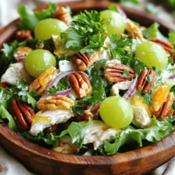 - 2 cups cooked chicken breast, shredded or diced - 1/2 cup pecans, toasted and roughly chopped - 1/2 cup green grapes, halved - 1/4 cup celery, finely diced - 1/4 cup red onion, finely diced - 1/2 cup Greek yogurt (or substitute with mayonnaise) - 1 tablespoon apple cider vinegar - 1 tablespoon honey - Salt and freshly ground black pepper, to taste - Fresh parsley, finely chopped, for garnish (optional) The chicken provides a solid base. It adds protein to keep you full. I suggest using cooked chicken breast for the best flavor. Pecans add crunch and a nutty taste. They are also rich in healthy fats. Green grapes add sweetness and a burst of juice. Celery gives a nice crunch, while red onion adds a bit of bite. Greek yogurt makes the dressing creamy and tangy. You can swap it for mayonnaise if you prefer a richer flavor. Apple cider vinegar adds brightness, and honey gives a touch of sweetness. Salt and pepper enhance all the flavors in the dish. You can change the chicken for turkey if you like. For a vegetarian option, use chickpeas. Swap grapes with diced apples or dried cranberries for a different taste. Instead of pecans, try walnuts or almonds. If you want a lighter dressing, use low-fat yogurt. You can also add herbs like dill or chives for a fresh twist. The Full Recipe lets you explore these ideas and create your own version! To start, gather your ingredients. You will need cooked chicken breast, pecans, grapes, celery, and red onion. I like to use cooked chicken that is shredded or diced. It makes mixing easier. Use about two cups of chicken. Next, take half a cup of pecans. Toast them until they are golden brown. This step adds a nice crunch. Then, halve half a cup of green grapes. Chop a quarter cup of celery and red onion finely. For the dressing, you will need Greek yogurt or mayonnaise. I prefer Greek yogurt for a healthier touch. Take half a cup of yogurt and place it in a small bowl. Add a tablespoon of apple cider vinegar and honey. This mix gives the dressing a sweet and tangy taste. Don’t forget to add salt and pepper. Whisk everything together until smooth. Now, it’s time to combine everything. In a large bowl, add your chicken, pecans, grapes, celery, and onion. Then, pour the dressing over this mix. Use a spatula to fold everything gently. You want all the ingredients coated well. After mixing, taste the salad. If it needs more salt or pepper, now is the time to add it. Cover the bowl with plastic wrap and chill it in the fridge for at least 30 minutes. This step helps the flavors blend together. When ready to serve, stir gently. You can add fresh parsley for a nice touch. Enjoy your Pecan Chicken Salad! For the complete recipe, check [Full Recipe]. To shred chicken well, start with cooked chicken breast. You can use two forks or your hands. Pull apart the chicken into bite-sized pieces. This method makes it easy to mix into your salad. If the chicken is cold, warm it slightly first. It shreds better when warm, and it keeps the salad tasty. To toast pecans, use a dry skillet over medium heat. Add the pecans and stir them often. This helps them toast evenly. Watch them closely so they don’t burn. It takes about 5 to 7 minutes for them to turn golden. Toasted pecans add a nice crunch and deeper flavor to your salad. Seasonings can transform your chicken salad. Start with salt and pepper for the basic taste. You can also add garlic powder or onion powder for extra flavor. Try adding fresh herbs like parsley or dill to brighten the dish. A squeeze of lemon juice can add zing, too. Remember, taste as you go to find your perfect mix. For the full recipe, check out the Crunchy Pecan Chicken Salad 🥗🥜. {{image_4}} You can change the flavor of your salad with different dressings. Greek yogurt gives a creamy base, but you can try other options. For a tangy twist, use ranch dressing. If you want something zesty, try a lemon vinaigrette. Mix things up with a honey mustard dressing for sweetness. Each dressing brings a new taste to your pecan chicken salad. Fruits and veggies can make your salad exciting. Green grapes add sweetness, but you can mix in apples for crunch. Diced pears work well, too. For veggies, consider adding diced bell peppers or shredded carrots. These add color and nutrients. You can also include avocado for creaminess. The more you add, the more texture and flavor you get. If you want to change the protein, there are tasty options. Cooked turkey or rotisserie chicken works well. For a vegetarian option, use chickpeas or tofu. These choices keep the salad filling while meeting different diets. You can also use shredded beef for a hearty twist. This way, everyone can enjoy a delicious and healthy meal. Remember to check the [Full Recipe] for more details on making this delightful dish! When you have leftover salad, place it in an airtight container. This helps keep the salad fresh. You can use plastic wrap or a lid. Store it in the fridge for up to three days. Make sure to avoid adding any dressing to the leftovers. This keeps the salad crisp and tasty. I do not recommend freezing chicken salad. Freezing can change the texture and taste. The yogurt or mayonnaise may separate when thawed. If you must freeze it, use a freezer-safe container. Remember to leave some space for expansion. Thaw it in the fridge overnight before eating. Pecan chicken salad stays fresh for about three days in the fridge. After that, it may lose flavor and crunch. Always check for any signs of spoilage, like off smells or changes in color. If it seems off, it’s best to throw it away. Enjoy your salad while it's fresh for the best taste! Yes, you can make Pecan Chicken Salad ahead of time. This salad tastes great after it sits for a while. The flavors mix well and become even better. You can prepare the salad up to a day in advance. Just store it in the fridge in a sealed container. This will help keep it fresh. Before serving, give it a quick stir to mix everything again. Pecan Chicken Salad pairs well with many sides. Here are a few tasty options: - Mixed greens for a fresh crunch. - Whole grain bread for a filling sandwich. - Crackers to add a nice crunch. - A light soup for a warm meal. - Fresh fruit for a sweet touch. These sides add variety and balance to your meal. You can mix and match to find your favorite combo! Yes, Pecan Chicken Salad is a healthy choice. It packs protein from chicken and healthy fats from pecans. Greek yogurt adds creaminess while keeping calories lower than mayo. Fresh fruits and veggies add vitamins and minerals. It’s a great option for lunch or dinner. Enjoy this salad without guilt! We covered all you need for a great pecan chicken salad. You learned about key ingredients, how to make the dressing, and the best ways to mix and chill everything. Tips on shredding chicken and toasting pecans will boost your skills. Variations let you play with flavors and ingredients. Plus, easy storage tips keep leftovers fresh. This recipe is not just tasty; it can fit anyone's needs. Enjoy making your own delicious pecan chicken salad!