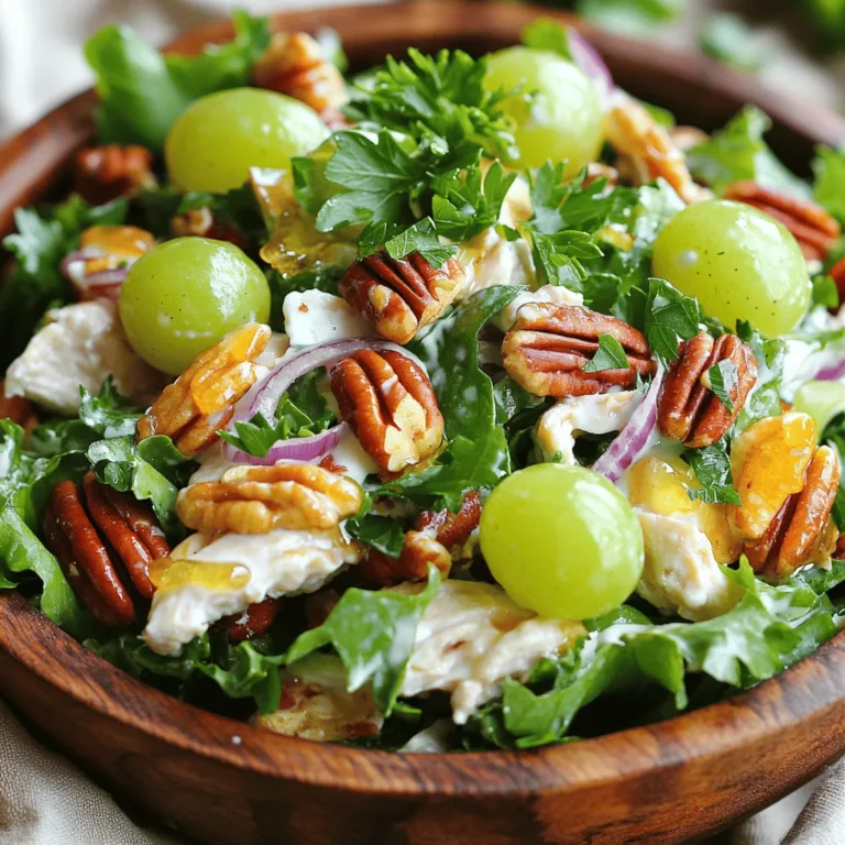 - 2 cups cooked chicken breast, shredded or diced - 1/2 cup pecans, toasted and roughly chopped - 1/2 cup green grapes, halved - 1/4 cup celery, finely diced - 1/4 cup red onion, finely diced - 1/2 cup Greek yogurt (or substitute with mayonnaise) - 1 tablespoon apple cider vinegar - 1 tablespoon honey - Salt and freshly ground black pepper, to taste - Fresh parsley, finely chopped, for garnish (optional) The chicken provides a solid base. It adds protein to keep you full. I suggest using cooked chicken breast for the best flavor. Pecans add crunch and a nutty taste. They are also rich in healthy fats. Green grapes add sweetness and a burst of juice. Celery gives a nice crunch, while red onion adds a bit of bite. Greek yogurt makes the dressing creamy and tangy. You can swap it for mayonnaise if you prefer a richer flavor. Apple cider vinegar adds brightness, and honey gives a touch of sweetness. Salt and pepper enhance all the flavors in the dish. You can change the chicken for turkey if you like. For a vegetarian option, use chickpeas. Swap grapes with diced apples or dried cranberries for a different taste. Instead of pecans, try walnuts or almonds. If you want a lighter dressing, use low-fat yogurt. You can also add herbs like dill or chives for a fresh twist. The Full Recipe lets you explore these ideas and create your own version! To start, gather your ingredients. You will need cooked chicken breast, pecans, grapes, celery, and red onion. I like to use cooked chicken that is shredded or diced. It makes mixing easier. Use about two cups of chicken. Next, take half a cup of pecans. Toast them until they are golden brown. This step adds a nice crunch. Then, halve half a cup of green grapes. Chop a quarter cup of celery and red onion finely. For the dressing, you will need Greek yogurt or mayonnaise. I prefer Greek yogurt for a healthier touch. Take half a cup of yogurt and place it in a small bowl. Add a tablespoon of apple cider vinegar and honey. This mix gives the dressing a sweet and tangy taste. Don’t forget to add salt and pepper. Whisk everything together until smooth. Now, it’s time to combine everything. In a large bowl, add your chicken, pecans, grapes, celery, and onion. Then, pour the dressing over this mix. Use a spatula to fold everything gently. You want all the ingredients coated well. After mixing, taste the salad. If it needs more salt or pepper, now is the time to add it. Cover the bowl with plastic wrap and chill it in the fridge for at least 30 minutes. This step helps the flavors blend together. When ready to serve, stir gently. You can add fresh parsley for a nice touch. Enjoy your Pecan Chicken Salad! For the complete recipe, check [Full Recipe]. To shred chicken well, start with cooked chicken breast. You can use two forks or your hands. Pull apart the chicken into bite-sized pieces. This method makes it easy to mix into your salad. If the chicken is cold, warm it slightly first. It shreds better when warm, and it keeps the salad tasty. To toast pecans, use a dry skillet over medium heat. Add the pecans and stir them often. This helps them toast evenly. Watch them closely so they don’t burn. It takes about 5 to 7 minutes for them to turn golden. Toasted pecans add a nice crunch and deeper flavor to your salad. Seasonings can transform your chicken salad. Start with salt and pepper for the basic taste. You can also add garlic powder or onion powder for extra flavor. Try adding fresh herbs like parsley or dill to brighten the dish. A squeeze of lemon juice can add zing, too. Remember, taste as you go to find your perfect mix. For the full recipe, check out the Crunchy Pecan Chicken Salad 🥗🥜. {{image_4}} You can change the flavor of your salad with different dressings. Greek yogurt gives a creamy base, but you can try other options. For a tangy twist, use ranch dressing. If you want something zesty, try a lemon vinaigrette. Mix things up with a honey mustard dressing for sweetness. Each dressing brings a new taste to your pecan chicken salad. Fruits and veggies can make your salad exciting. Green grapes add sweetness, but you can mix in apples for crunch. Diced pears work well, too. For veggies, consider adding diced bell peppers or shredded carrots. These add color and nutrients. You can also include avocado for creaminess. The more you add, the more texture and flavor you get. If you want to change the protein, there are tasty options. Cooked turkey or rotisserie chicken works well. For a vegetarian option, use chickpeas or tofu. These choices keep the salad filling while meeting different diets. You can also use shredded beef for a hearty twist. This way, everyone can enjoy a delicious and healthy meal. Remember to check the [Full Recipe] for more details on making this delightful dish! When you have leftover salad, place it in an airtight container. This helps keep the salad fresh. You can use plastic wrap or a lid. Store it in the fridge for up to three days. Make sure to avoid adding any dressing to the leftovers. This keeps the salad crisp and tasty. I do not recommend freezing chicken salad. Freezing can change the texture and taste. The yogurt or mayonnaise may separate when thawed. If you must freeze it, use a freezer-safe container. Remember to leave some space for expansion. Thaw it in the fridge overnight before eating. Pecan chicken salad stays fresh for about three days in the fridge. After that, it may lose flavor and crunch. Always check for any signs of spoilage, like off smells or changes in color. If it seems off, it’s best to throw it away. Enjoy your salad while it's fresh for the best taste! Yes, you can make Pecan Chicken Salad ahead of time. This salad tastes great after it sits for a while. The flavors mix well and become even better. You can prepare the salad up to a day in advance. Just store it in the fridge in a sealed container. This will help keep it fresh. Before serving, give it a quick stir to mix everything again. Pecan Chicken Salad pairs well with many sides. Here are a few tasty options: - Mixed greens for a fresh crunch. - Whole grain bread for a filling sandwich. - Crackers to add a nice crunch. - A light soup for a warm meal. - Fresh fruit for a sweet touch. These sides add variety and balance to your meal. You can mix and match to find your favorite combo! Yes, Pecan Chicken Salad is a healthy choice. It packs protein from chicken and healthy fats from pecans. Greek yogurt adds creaminess while keeping calories lower than mayo. Fresh fruits and veggies add vitamins and minerals. It’s a great option for lunch or dinner. Enjoy this salad without guilt! We covered all you need for a great pecan chicken salad. You learned about key ingredients, how to make the dressing, and the best ways to mix and chill everything. Tips on shredding chicken and toasting pecans will boost your skills. Variations let you play with flavors and ingredients. Plus, easy storage tips keep leftovers fresh. This recipe is not just tasty; it can fit anyone's needs. Enjoy making your own delicious pecan chicken salad!