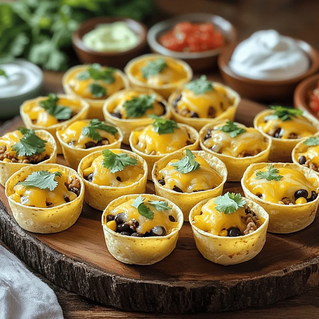 To make delicious Oven-Baked Taco Bites, you'll need the following simple ingredients: - 1 lb ground turkey or beef - 1 tablespoon extra virgin olive oil - 1 small onion, finely diced - 2 cloves garlic, minced - 1 packet taco seasoning (about 1 oz) - 1 cup black beans, drained and rinsed thoroughly - 1 cup corn kernels (can be fresh, frozen, or canned) - 1 cup shredded cheese (cheddar, Monterey Jack, or a blend) - 1 package mini tortilla cups (or create your own using small flour tortillas) - Fresh cilantro, finely chopped (for garnish) - Sour cream and salsa (for serving) You can easily swap out some ingredients. If you're allergic to beef, use ground turkey or chicken instead. For a vegetarian option, use lentils or mushrooms in place of meat. If you don't like black beans, try pinto beans or kidney beans. Some people may have dairy allergies. You can skip the cheese or use a dairy-free cheese alternative. Always check labels for allergens in pre-packaged items like taco seasoning and tortilla cups. When picking ingredients, freshness is key. Choose lean ground meat for less fat. Look for vibrant onions and garlic with no blemishes. Fresh corn is crunchy and sweet. If using canned beans, rinse them well to remove extra salt. For cheese, select a block and shred it yourself for better flavor. Buying organic ingredients can enhance taste and health. Support local farms for fresh produce. This makes your meal not only tasty but also more sustainable. For more details on how to make these tasty bites, check the Full Recipe. First, I preheat my oven to 375°F (190°C). This step is key for getting a nice crunch. While the oven heats, I gather all my ingredients. You need ground turkey or beef, onion, garlic, taco seasoning, black beans, corn, cheese, and mini tortilla cups. Having everything ready makes cooking smooth and easy. Next, I heat a large skillet over medium heat and add olive oil. I toss in the diced onion and stir it for about 3-4 minutes until it turns soft and clear. The smell is amazing! Then I add minced garlic and cook for one more minute. Now, I add the ground turkey or beef. I break it apart with a spatula. I cook it until it's brown, which takes about 5-7 minutes. It's important to make sure the meat is fully cooked. After that, I mix in taco seasoning, black beans, and corn. I let everything cook for another 3-4 minutes. This helps the flavors mix well. Once it’s done, I take the skillet off the heat. I fold in half of the shredded cheese, letting it melt a bit into the mixture. This makes it creamy and delicious. Next comes the fun part—assembling the taco bites! I arrange the mini tortilla cups on a baking sheet. Then, I spoon the filling mixture into each cup. I pack it down gently to make sure there's plenty of yummy filling. After that, I sprinkle the rest of the cheese on top of each filled cup. Now, I slide the baking sheet into the oven and bake for 12-15 minutes. I watch until the cheese melts and turns golden brown. When they're ready, I take them out and let them cool for a couple of minutes. To finish, I sprinkle some chopped cilantro on top. This adds a fresh touch. I serve the taco bites warm with sour cream and salsa. They are a tasty treat for any gathering! You can find the full recipe for these bites above. To make your taco bites extra crispy, use mini tortilla cups. If you want to make your own, cut small flour tortillas into circles and bake them for a few minutes before filling them. This step ensures they get a nice crunch. Another tip is to bake the filled cups on a wire rack. This allows hot air to circulate around the bites, making them crispy all over. One common mistake is overfilling the tortilla cups. If you pack them too tightly, they can become soggy. Instead, fill them generously but leave a little space on top. Also, avoid using too much cheese on the bottom layer. It can cause the filling to stick and make it hard to eat. Lastly, don’t skip the cooling time after baking. If you serve them right away, they might fall apart. To amp up the flavor, try adding fresh lime juice to your filling mixture. It brightens up the taste. You can also add diced jalapeños for a spicy kick. Experiment with different types of cheese, too. A mix of cheddar and Monterey Jack works well. Lastly, don’t forget the garnishes! Fresh cilantro adds a nice touch, and a dollop of sour cream on top makes each bite even more delicious. For the complete recipe, check out the [Full Recipe]. {{image_4}} You can easily make these taco bites meat-free. For a vegetarian version, use more black beans and corn. Replace meat with cooked quinoa or lentils for protein. If you want a vegan option, skip the cheese and use plant-based cheese instead. You can also add diced bell peppers or zucchini for extra flavor and texture. If you want to switch up the protein, you have great options. Ground chicken or pork works well. For a low-carb choice, use cauliflower rice in place of meat. You can also try shredded jackfruit for a unique taste. Each option brings a new twist to the dish. Get creative with flavors by adding different spices or ingredients. Try adding taco sauce or salsa to the filling for more zest. You can mix in chopped jalapeños for some heat. For a sweet touch, add diced pineapple or mango. These unique combinations will surprise and delight your guests. For the full recipe, check out the Oven-Baked Taco Bites Delight. To store leftover taco bites, let them cool first. Place them in an airtight container. Keep the container in the fridge for up to three days. This method keeps them fresh and tasty. If you want to freeze taco bites, do it before baking. Prepare the filling and fill the tortilla cups. Then, place them on a baking sheet and freeze until solid. Once frozen, transfer them to a freezer bag. They can last for up to three months. When you're ready to eat, bake them straight from the freezer. To reheat taco bites, use an oven for the best results. Preheat the oven to 350°F (175°C). Place the taco bites on a baking sheet. Heat them for about 10-12 minutes. This keeps the bites crispy and warm throughout. You can also use a microwave, but the bites may get soggy. If you prefer this method, heat them in short bursts to avoid overcooking. Yes, you can make Oven-Baked Taco Bites ahead of time. Prepare the filling and assemble the bites in the tortilla cups. Then, place them in the fridge for up to 24 hours. When you’re ready to eat, bake them straight from the fridge. This way, you save time and still enjoy a warm, tasty snack. You can serve Oven-Baked Taco Bites with various dips. Here are some great ideas: - Sour cream - Salsa - Guacamole - Fresh pico de gallo - Cheese sauce These dips add flavor and make your meal fun. You can also serve a fresh salad or tortilla chips on the side for a complete meal. Customizing toppings for Taco Bites is easy and fun. Here are some ideas: - Add sliced jalapeños for heat - Use diced tomatoes for freshness - Sprinkle green onions for crunch - Top with avocado for creaminess - Include olives for a briny touch Feel free to mix and match to suit your taste. You can make each bite unique and delicious! For the full recipe, check out the [Full Recipe]. Oven-baked taco bites are easy to make and fun to eat. We discussed key ingredients, including swaps for allergens. I shared step-by-step instructions for perfect bites and tips for a crispier texture. You now have ideas for variations and storage. If you try these bites, you'll impress your friends and family. Experiment with flavors and toppings to make them your own. Enjoy every delicious bite!