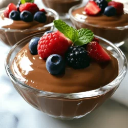 To make the best Vegan Chocolate Avocado Pudding, gather these simple ingredients: - 2 ripe avocados, pitted and peeled - 1/2 cup unsweetened cocoa powder - 1/2 cup maple syrup (or agave syrup) - 1/4 cup almond milk (or any plant-based milk of your choice) - 1 teaspoon vanilla extract - A pinch of salt - 1/4 cup dairy-free dark chocolate, melted - Fresh berries and mint leaves for garnish (optional) Using ripe avocados is key. They give the pudding a creamy texture and rich flavor. Cocoa powder adds deep chocolate notes while sweeteners like maple syrup balance the taste. Plant-based milk keeps it smooth and light. A hint of vanilla extract brings warmth to the dish. The salt is small but mighty. It enhances all the flavors. Adding dairy-free dark chocolate makes the pudding decadent. For garnishes, fresh berries or mint can brighten up the dish. They also add a fun pop of color. This list makes it easy to create a rich and creamy treat. Check out the Full Recipe to see how to bring these ingredients together. To make the avocado mixture, start by placing ripe avocados in a blender. Add unsweetened cocoa powder, maple syrup, almond milk, vanilla extract, and a pinch of salt. Blend on high until everything is smooth. If the mixture is thick, stop blending to scrape the sides. This helps get a creamy texture without lumps. Aim for a silky finish that feels rich and velvety. Once your avocado mixture is smooth, it’s time to add the melted chocolate. Pour the warm melted chocolate into the blender while it runs on low speed. This helps blend it in evenly. You want the chocolate to mix fully for that deep, rich flavor. Taste it now! If it needs more sweetness, add a touch more maple syrup. After mixing, spoon the pudding into bowls. Cover them with plastic wrap or lids. Refrigerate for at least 30 minutes. This chilling time thickens the pudding, making it even creamier. When ready to serve, top with fresh berries and mint leaves. They add color and a fresh taste. Enjoy your rich and creamy vegan chocolate avocado pudding! For the full recipe, check the section above. To get that rich, creamy texture, I recommend using a high-speed blender. A food processor works too, but it might take longer to blend. The key is to ensure your avocados are ripe. Overripe fruit can make the pudding too watery. Common mistakes include not blending long enough or adding too much liquid. If the mix feels too thick, add more almond milk slowly. Always stop to scrape down the sides of your blender to make sure everything mixes well. You can adjust the sweetness easily. Start with the amount of maple syrup in the recipe. After blending, taste your pudding. If you want it sweeter, add a little more syrup. Remember, the chocolate can also add sweetness. Try using agave syrup instead of maple syrup for a different flavor. Each sweetener has a unique taste, so feel free to experiment until you find your favorite mix. When it comes to serving, let your creativity shine! Spoon the pudding into cute cups or bowls. Top with fresh berries for color and flavor. Mint leaves add a nice touch too. For a fun twist, layer the pudding in clear glasses with granola for added crunch. You can also drizzle a bit of melted dark chocolate on top for an extra indulgent flavor. For the full recipe, check the details above! {{image_4}} You can easily change the flavor of your pudding. For a warm touch, add spices like cinnamon or a bit of chili powder. A dash of cinnamon gives a cozy feel. Chili powder adds a fun kick. Just mix these spices in with the other ingredients before blending. This simple change makes your pudding more exciting. If you want to try other sweeteners, you have options. Coconut sugar, agave syrup, or date syrup can work well. Each sweetener brings its own flavor. Coconut sugar adds a hint of caramel. Date syrup is rich and thick. You can adjust the amount based on your taste. This lets you cater to different diets and preferences. Choosing the right chocolate is key. Look for dairy-free dark chocolate brands. Brands like Enjoy Life or Hu make great options. They are rich in flavor and have no dairy. You can also try cacao nibs for a crunchy texture. This way, your pudding stays creamy and tasty. Enjoy experimenting with different chocolates for unique flavors. To keep your vegan chocolate avocado pudding fresh, store it in an airtight container in the fridge. This helps prevent it from absorbing other smells. Always cover the container tightly to keep it creamy. It will stay good for about 3 to 5 days. If you see any browning on the top, just stir it back in. The pudding will still taste great! Yes, you can freeze this pudding! Just put it in a freezer-safe container. Make sure to leave some space at the top for expansion. It can last up to 2 months in the freezer. When you want to eat it, move it to the fridge overnight to thaw. It might change in texture slightly, but it will still taste delicious. Once thawed, the pudding may seem a bit firmer. To fix this, blend it again with a splash of almond milk. This will help bring back its smooth and creamy texture. You can also let it sit at room temperature for a while before serving. Enjoy your rich and creamy treat! For the full recipe, check the top of the article. Yes, you can easily make this pudding nut-free. Instead of almond milk, use oat milk, soy milk, or coconut milk. These options provide a creamy texture without nuts. Each choice enhances the flavor while keeping it rich and smooth. You can even use rice milk if you prefer something lighter. Avocados bring many health benefits to desserts. They are rich in healthy fats that help your heart. They also provide fiber, which keeps your digestion running smoothly. Avocados are packed with vitamins like E, K, and C. These nutrients help your skin and boost your immune system. Plus, they add a creamy texture without dairy. This pudding lasts up to four days in the fridge. Make sure to store it in an airtight container to keep it fresh. If you notice any discoloration, it’s best to eat it right away. The taste will still be great, but the look might change a bit. Enjoy it within the week for the best flavor and texture. For the full recipe, check the earlier section. This blog post detailed how to make a creamy, healthy avocado chocolate pudding. We covered essential ingredients and step-by-step instructions to achieve a smooth texture. You learned tips on sweetness adjustments and serving ideas. In short, this pudding is easy to make and delicious. With variations, you can tailor it to your taste. Enjoy making this treat and share it with friends!
