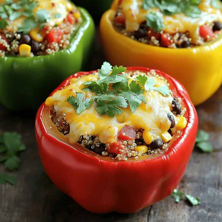 - 4 large bell peppers (red, yellow, or green; tops cut off and seeds removed) - 1 cup cooked quinoa (follow package instructions) - 1 cup black beans (canned, drained, rinsed) - 1 cup corn (frozen or fresh kernels) - 1 cup diced tomatoes (fresh or canned, drained if canned) - 1 small red onion (finely chopped) - 2 cloves garlic (minced) - 1 teaspoon ground cumin - 1 teaspoon smoked paprika - 1 teaspoon chili powder - 1 cup shredded cheese (cheddar for mild or pepper jack for heat) - Salt and freshly ground black pepper to taste - 2 tablespoons olive oil - Fresh cilantro or parsley (chopped, for garnish) For substitutions, you can use brown rice instead of quinoa. Swap black beans for pinto or kidney beans. You can also use any cheese you like or skip it for a dairy-free option. Fresh herbs add a nice touch too; try basil or oregano if you want a different flavor. Each stuffed pepper has about 300 calories. You get about 15 grams of protein, 45 grams of carbs, and 10 grams of fat. The quinoa provides protein and fiber, making this dish filling. Black beans boost the protein and add iron. Bell peppers are rich in vitamins A and C, which support your immune system. Corn gives a sweet crunch and adds more fiber. First, preheat your oven to 375°F (190°C). This helps cook the peppers evenly. Next, heat two tablespoons of olive oil in a medium skillet over medium heat. Once the oil is hot, add one small red onion, finely chopped, and two cloves of minced garlic. Sauté for about 3-4 minutes. Stir them occasionally. You want the onion to turn soft and slightly clear. Now, let's stuff the peppers. Take four large bell peppers and cut off the tops. Remove the seeds carefully. In a large bowl, mix the cooked quinoa, one cup of black beans, one cup of corn, and one cup of diced tomatoes. Add the sautéed onion and garlic to this mix. Next, stir in one teaspoon of ground cumin, one teaspoon of smoked paprika, and one teaspoon of chili powder. Don't forget to add half of the shredded cheese. Season with salt and black pepper to your taste. Once the stuffing is ready, take each bell pepper and fill it up. Press down gently to pack the stuffing well. Place them upright in a baking dish. If a pepper wobbles, trim a bit from the bottom to help it stand. Cover the dish loosely with aluminum foil. Bake for 25 minutes. This will soften the peppers. After that, remove the foil and sprinkle the remaining cheese on top of each pepper. Return them to the oven and bake for another 10-15 minutes. You want the cheese to melt and bubble. The peppers should be tender. Finally, take the dish out of the oven. Let the peppers cool for a few minutes. Before serving, sprinkle chopped cilantro or parsley on top for some color and flavor. For detailed cooking steps, check out the Full Recipe. To get the best texture and flavor in your stuffed peppers, follow these tips: - Use firm peppers. Choose large, fresh bell peppers. They should stand upright and have no soft spots. - Cook the filling well. Sauté onions and garlic until soft. This adds a rich taste to your dish. - Don’t overcrowd the filling. Pack the mixture lightly. This keeps the peppers tender and avoids mushy spots. - Bake covered first. Cover with foil for the first part of baking. This steams the peppers and makes them soft. - Add water to the dish. Pour a little water into the baking dish before covering. This helps keep the peppers moist. To prevent soggy peppers, try these suggestions: - Pre-bake the peppers. Bake them for about 10 minutes before stuffing. This helps remove extra moisture. - Use less liquid in the filling. Drain canned beans and tomatoes well. This avoids added moisture in the dish. For the best meal experience, consider these pairings: - Serve with rice or quinoa. This adds a hearty side and complements the flavors. - Pair with a fresh salad. A simple green salad adds crunch and freshness to the meal. - Offer crusty bread. This is great for dipping in any sauce left on the plate. To present your stuffed peppers attractively: - Use colorful plates. Bright plates make the dish pop visually. - Garnish with herbs. A sprinkle of chopped cilantro or parsley adds color and flavor. - Drizzle sauces. A bit of balsamic glaze or lime juice can enhance taste and appearance. For the complete cooking process, check the Full Recipe. Enjoy crafting your delightful stuffed bell peppers! {{image_4}} You can create many tasty stuffed bell peppers by changing the filling. Here are some ideas: - Protein Sources: - Ground turkey or chicken adds a lean protein option. - Beef or pork gives a hearty taste. - Try shrimp or scallops for a seafood twist. - Vegetarian or Vegan Alternatives: - Use lentils or chickpeas for a protein-packed vegan option. - Tofu or tempeh adds a nice texture and protein. - Mix in nuts or seeds for added crunch and flavor. You can easily adjust the flavor of your stuffed peppers. Here’s how: - Spicing It Up: - Add jalapeños or chili flakes for heat. - Experiment with different herbs, like basil or oregano. - Use fresh lime or lemon juice for a zesty kick. - Seasonal Vegetables: - Add zucchini or mushrooms for extra veggies. - Bell peppers pair well with spinach or kale. - In fall, try adding pumpkin or squash for a new flavor. These variations help you enjoy stuffed peppers in many ways. You can find the Full Recipe to try these ideas! To keep your savory stuffed bell peppers fresh, store them in an airtight container. You can refrigerate them for up to four days. If you want to keep them longer, freeze them. Wrap each pepper in plastic wrap and place them in a freezer-safe bag. They can stay in the freezer for three months. When it's time to eat, reheat your stuffed peppers properly. For best results, place them in the oven at 350°F (175°C) for about 20 minutes. This helps keep the peppers firm and the filling warm. If you're in a hurry, you can use the microwave. Heat them for about 2-3 minutes, but check to make sure they’re hot all the way through. Stuffed bell peppers can last a few days in the fridge. If stored well, they can stay fresh for four days. In the freezer, they can last up to three months. When checking for spoilage, look for any signs of mold or an off smell. If the peppers feel mushy or have changed color, it’s best to toss them. Always trust your senses; if it seems off, don’t eat it. For more detailed cooking steps, check the Full Recipe. How do I make them gluten-free? To make stuffed bell peppers gluten-free, use quinoa instead of rice. Quinoa is naturally gluten-free. Check all canned items like beans and tomatoes for gluten-free labels. This keeps the dish safe for everyone. Can I use different types of peppers? Yes, you can use any type of bell pepper. Red, yellow, and green peppers all work well. You can also try mini sweet peppers for bite-sized treats. Each pepper brings its own flavor and color to the dish. How long do they take to cook? Stuffed bell peppers take about 50 minutes to cook. This includes 25 minutes covered and 10-15 minutes uncovered to melt the cheese. The peppers should be tender when done. Can the filling be prepared in advance? Yes, you can prepare the filling ahead of time. Store it in the fridge for up to two days. Just stuff the peppers before cooking. This saves time on busy nights. For detailed cooking steps, check the Full Recipe. In this post, we covered all you need for great stuffed peppers. You learned about ingredients, nutrition, and how to prepare and bake them perfectly. I shared tips to make your dish stand out and suggested exciting variations and storage methods. Remember, cooking should be fun and easy. Experiment with flavors and as you practice, you’ll create a meal your friends and family will love. For a detailed recipe, check the full recipe section. Enjoy your cooking journey!