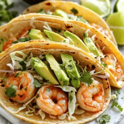 - 1 pound large shrimp, peeled and deveined - 4 tablespoons unsalted butter - 4 cloves garlic, finely minced - 1 teaspoon paprika - 1 teaspoon ground cumin - 1 tablespoon freshly squeezed lime juice - Salt and freshly ground black pepper, to taste - 8 small corn or flour tortillas - 1 cup finely shredded cabbage - 1 ripe avocado, sliced into thin wedges - Fresh cilantro sprigs, for garnish - Lime wedges, for serving - Choosing fresh shrimp: Look for shrimp that have a mild scent. They should be firm and slightly shiny. Avoid any with a strong smell or a slimy texture. Fresh shrimp can make your tacos taste amazing. - Best butter options for flavor: Use unsalted butter for more control over the salt level. It allows the garlic flavor to shine through. If you want a richer taste, try using a high-quality European butter. - Substituting garlic with garlic powder: If you don’t have fresh garlic, garlic powder works too. Use half the amount since it is stronger. Keep in mind that fresh garlic gives a better flavor, which is key in this dish. For the full recipe, check out the details above. - Total time: 20 minutes - Prep time: 10 minutes - Cook time: 10 minutes How to make the garlic butter To start, grab a large skillet. Place it on medium heat and add 4 tablespoons of unsalted butter. Watch as the butter melts. When it is fully melted, add the 4 cloves of finely minced garlic. Stir it for about 1 minute. You want it to smell great but not burn. Cooking shrimp to the perfect doneness Next, it’s time for the shrimp. Take 1 pound of large shrimp, peeled and deveined. Sprinkle in 1 teaspoon of paprika, 1 teaspoon of ground cumin, salt, and black pepper. Mix well so that the shrimp get coated in the spices. Now, gently add the shrimp to the skillet. Cook them for 2-3 minutes. They should turn vibrant pink and opaque. This means they are perfectly cooked. Layering ingredients appropriately Once the shrimp are ready, you will want to warm the tortillas. Use a dry skillet or a low flame for this. Warm each tortilla for a few seconds until they are soft. Now, take each tortilla and lay down a handful of finely shredded cabbage. This gives a nice crunch. Presentation recommendations Top the cabbage with the garlic butter shrimp mixture. Next, add slices of avocado on top. Finally, sprinkle fresh cilantro over everything for a burst of flavor. Serve the tacos with lime wedges on the side. They add a fresh squeeze of zest that brings everything together. For the full recipe, check the detailed instructions above. - To avoid overcooked shrimp, cook them for just 2-3 minutes. - Look for vibrant pink color and opaque texture to know they are done. - For the perfect garlic flavor, sauté minced garlic until fragrant, about 1 minute. - Be careful not to burn the garlic; it should be slightly golden. - Pair your tacos with a fresh corn salad or a side of black beans. - Add lime wedges for a zesty kick and cilantro for color and taste. - Consider a creamy avocado sauce or spicy salsa for extra flavor depth. - Pre-cook shrimp in advance and store them in the fridge for quick meals. - Keep tortillas in an airtight bag to maintain freshness throughout the week. - Chop toppings like cabbage and avocado ahead of time for easy assembly. For the full recipe, refer to the detailed instructions above. Enjoy your cooking! {{image_4}} You can easily change up the protein in these tacos. Try chicken, fish, or even tofu for a fun twist. Each option gives the dish a new flavor. If you go vegetarian, swap shrimp with grilled veggies or black beans. Both options work great in tacos and keep it filling. Want some heat? Add jalapeños or chili flakes to the garlic butter. This spice will wake up your taste buds! You can also get creative with toppings. Mango salsa adds sweetness, while pickled onions bring a tangy crunch. Both options will take your tacos to the next level. If you need gluten-free options, use corn tortillas. They taste amazing and fit into most diets. For a low-carb meal, use lettuce wraps instead of tortillas. This keeps the flavor while lowering carbs. You can enjoy these tacos no matter your dietary needs. To store cooked shrimp, first cool them down. Place shrimp in an airtight container. You can keep them in the fridge for up to two days. Make sure to check them before using. If you want to save shrimp for longer, freezing is a good option. Place the shrimp in a freezer-safe bag. Squeeze out any air and seal it tightly. Frozen shrimp will stay good for up to three months. When ready to use, thaw them in the fridge overnight. Storing tacos can be tricky. To keep taco fillings fresh, store them separately. Use small containers for each ingredient. This way, the flavors stay fresh. For tortillas, wrap them in a damp paper towel. Place them in a plastic bag to keep them soft. You can also use a tortilla warmer if you have one. This helps maintain their moisture. When reheating shrimp, use a skillet over low heat. Add a splash of water or broth to keep them moist. Heat for just a few minutes until warmed through. Be careful not to overcook them. For tortillas, warm them quickly in the skillet as well. This ensures they remain soft. You can also microwave them for about 10 seconds. Just be sure to cover them with a damp paper towel to prevent them from drying out. How do you know when shrimp are cooked? You can tell shrimp are cooked when they turn pink and curl slightly. They should look opaque, not translucent. The cooking time is usually 2-3 minutes over medium heat. If shrimp feel firm to the touch, they're done. Keep an eye on them to avoid overcooking, which can make them tough. Can I use frozen shrimp for this recipe? Yes, you can use frozen shrimp. Just make sure to thaw them first. You can do this by placing them in cold water for about 15-20 minutes. Once thawed, peel and devein as needed. Then, follow the recipe as usual. Frozen shrimp work well and save time! What can I substitute for lime juice? If you don’t have lime juice, you can use lemon juice instead. It has a similar tangy flavor. Another option is vinegar. Apple cider vinegar can add a nice twist. Remember that these substitutes may change the taste slightly but will still be delicious. Can I make these tacos in advance? Yes, you can prepare the shrimp ahead of time. Cook them and store them in the fridge for up to two days. Warm them up before serving. However, it's best to assemble the tacos just before eating. This keeps the tortillas soft and the toppings fresh. What are the estimated calories per taco? Each taco has about 200-250 calories. This can vary based on the size of your tortillas and how much shrimp you add. If you use more toppings, the calorie count will change too. It’s a tasty way to enjoy a meal without going overboard on calories. Tips for making the recipe healthier To make these tacos even healthier, use whole wheat tortillas instead of regular ones. You can also add more veggies, like diced tomatoes or bell peppers. This adds fiber and nutrients. Reducing the butter or using a lighter spread can cut calories too, while still keeping flavor. In this blog post, we covered how to make shrimp tacos from scratch. You learned about the key ingredients, cooking steps, and helpful tips for perfect flavor. We also discussed meal prep ideas and ingredient variations to fit your tastes. Remember, cooking shrimp just right is crucial for great tacos. Take time to layer your ingredients for the best presentation. Try different proteins or toppings for fun flavors. Enjoy your shrimp tacos and impress your friends with your cooking skills!