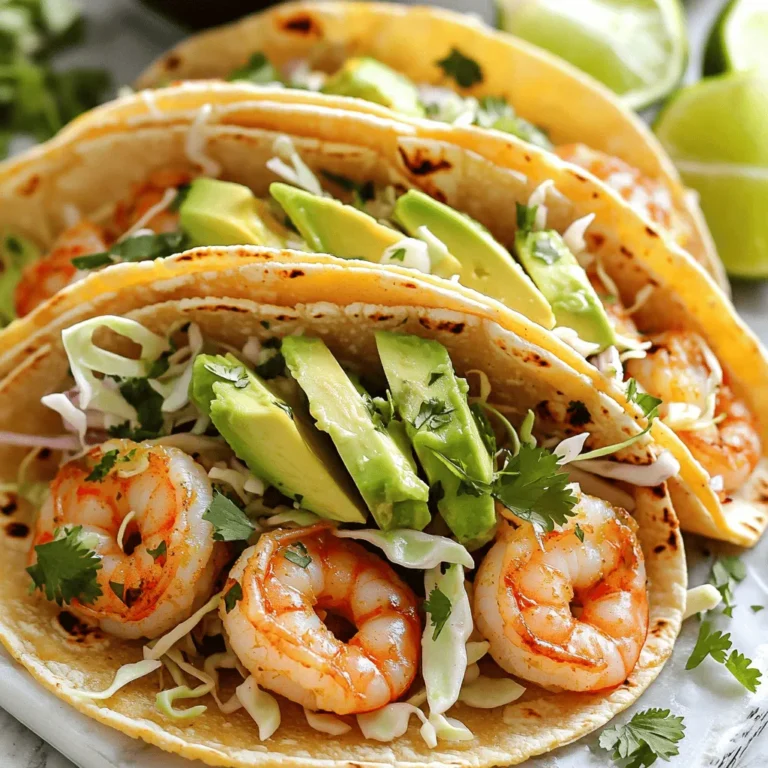 - 1 pound large shrimp, peeled and deveined - 4 tablespoons unsalted butter - 4 cloves garlic, finely minced - 1 teaspoon paprika - 1 teaspoon ground cumin - 1 tablespoon freshly squeezed lime juice - Salt and freshly ground black pepper, to taste - 8 small corn or flour tortillas - 1 cup finely shredded cabbage - 1 ripe avocado, sliced into thin wedges - Fresh cilantro sprigs, for garnish - Lime wedges, for serving - Choosing fresh shrimp: Look for shrimp that have a mild scent. They should be firm and slightly shiny. Avoid any with a strong smell or a slimy texture. Fresh shrimp can make your tacos taste amazing. - Best butter options for flavor: Use unsalted butter for more control over the salt level. It allows the garlic flavor to shine through. If you want a richer taste, try using a high-quality European butter. - Substituting garlic with garlic powder: If you don’t have fresh garlic, garlic powder works too. Use half the amount since it is stronger. Keep in mind that fresh garlic gives a better flavor, which is key in this dish. For the full recipe, check out the details above. - Total time: 20 minutes - Prep time: 10 minutes - Cook time: 10 minutes How to make the garlic butter To start, grab a large skillet. Place it on medium heat and add 4 tablespoons of unsalted butter. Watch as the butter melts. When it is fully melted, add the 4 cloves of finely minced garlic. Stir it for about 1 minute. You want it to smell great but not burn. Cooking shrimp to the perfect doneness Next, it’s time for the shrimp. Take 1 pound of large shrimp, peeled and deveined. Sprinkle in 1 teaspoon of paprika, 1 teaspoon of ground cumin, salt, and black pepper. Mix well so that the shrimp get coated in the spices. Now, gently add the shrimp to the skillet. Cook them for 2-3 minutes. They should turn vibrant pink and opaque. This means they are perfectly cooked. Layering ingredients appropriately Once the shrimp are ready, you will want to warm the tortillas. Use a dry skillet or a low flame for this. Warm each tortilla for a few seconds until they are soft. Now, take each tortilla and lay down a handful of finely shredded cabbage. This gives a nice crunch. Presentation recommendations Top the cabbage with the garlic butter shrimp mixture. Next, add slices of avocado on top. Finally, sprinkle fresh cilantro over everything for a burst of flavor. Serve the tacos with lime wedges on the side. They add a fresh squeeze of zest that brings everything together. For the full recipe, check the detailed instructions above. - To avoid overcooked shrimp, cook them for just 2-3 minutes. - Look for vibrant pink color and opaque texture to know they are done. - For the perfect garlic flavor, sauté minced garlic until fragrant, about 1 minute. - Be careful not to burn the garlic; it should be slightly golden. - Pair your tacos with a fresh corn salad or a side of black beans. - Add lime wedges for a zesty kick and cilantro for color and taste. - Consider a creamy avocado sauce or spicy salsa for extra flavor depth. - Pre-cook shrimp in advance and store them in the fridge for quick meals. - Keep tortillas in an airtight bag to maintain freshness throughout the week. - Chop toppings like cabbage and avocado ahead of time for easy assembly. For the full recipe, refer to the detailed instructions above. Enjoy your cooking! {{image_4}} You can easily change up the protein in these tacos. Try chicken, fish, or even tofu for a fun twist. Each option gives the dish a new flavor. If you go vegetarian, swap shrimp with grilled veggies or black beans. Both options work great in tacos and keep it filling. Want some heat? Add jalapeños or chili flakes to the garlic butter. This spice will wake up your taste buds! You can also get creative with toppings. Mango salsa adds sweetness, while pickled onions bring a tangy crunch. Both options will take your tacos to the next level. If you need gluten-free options, use corn tortillas. They taste amazing and fit into most diets. For a low-carb meal, use lettuce wraps instead of tortillas. This keeps the flavor while lowering carbs. You can enjoy these tacos no matter your dietary needs. To store cooked shrimp, first cool them down. Place shrimp in an airtight container. You can keep them in the fridge for up to two days. Make sure to check them before using. If you want to save shrimp for longer, freezing is a good option. Place the shrimp in a freezer-safe bag. Squeeze out any air and seal it tightly. Frozen shrimp will stay good for up to three months. When ready to use, thaw them in the fridge overnight. Storing tacos can be tricky. To keep taco fillings fresh, store them separately. Use small containers for each ingredient. This way, the flavors stay fresh. For tortillas, wrap them in a damp paper towel. Place them in a plastic bag to keep them soft. You can also use a tortilla warmer if you have one. This helps maintain their moisture. When reheating shrimp, use a skillet over low heat. Add a splash of water or broth to keep them moist. Heat for just a few minutes until warmed through. Be careful not to overcook them. For tortillas, warm them quickly in the skillet as well. This ensures they remain soft. You can also microwave them for about 10 seconds. Just be sure to cover them with a damp paper towel to prevent them from drying out. How do you know when shrimp are cooked? You can tell shrimp are cooked when they turn pink and curl slightly. They should look opaque, not translucent. The cooking time is usually 2-3 minutes over medium heat. If shrimp feel firm to the touch, they're done. Keep an eye on them to avoid overcooking, which can make them tough. Can I use frozen shrimp for this recipe? Yes, you can use frozen shrimp. Just make sure to thaw them first. You can do this by placing them in cold water for about 15-20 minutes. Once thawed, peel and devein as needed. Then, follow the recipe as usual. Frozen shrimp work well and save time! What can I substitute for lime juice? If you don’t have lime juice, you can use lemon juice instead. It has a similar tangy flavor. Another option is vinegar. Apple cider vinegar can add a nice twist. Remember that these substitutes may change the taste slightly but will still be delicious. Can I make these tacos in advance? Yes, you can prepare the shrimp ahead of time. Cook them and store them in the fridge for up to two days. Warm them up before serving. However, it's best to assemble the tacos just before eating. This keeps the tortillas soft and the toppings fresh. What are the estimated calories per taco? Each taco has about 200-250 calories. This can vary based on the size of your tortillas and how much shrimp you add. If you use more toppings, the calorie count will change too. It’s a tasty way to enjoy a meal without going overboard on calories. Tips for making the recipe healthier To make these tacos even healthier, use whole wheat tortillas instead of regular ones. You can also add more veggies, like diced tomatoes or bell peppers. This adds fiber and nutrients. Reducing the butter or using a lighter spread can cut calories too, while still keeping flavor. In this blog post, we covered how to make shrimp tacos from scratch. You learned about the key ingredients, cooking steps, and helpful tips for perfect flavor. We also discussed meal prep ideas and ingredient variations to fit your tastes. Remember, cooking shrimp just right is crucial for great tacos. Take time to layer your ingredients for the best presentation. Try different proteins or toppings for fun flavors. Enjoy your shrimp tacos and impress your friends with your cooking skills!