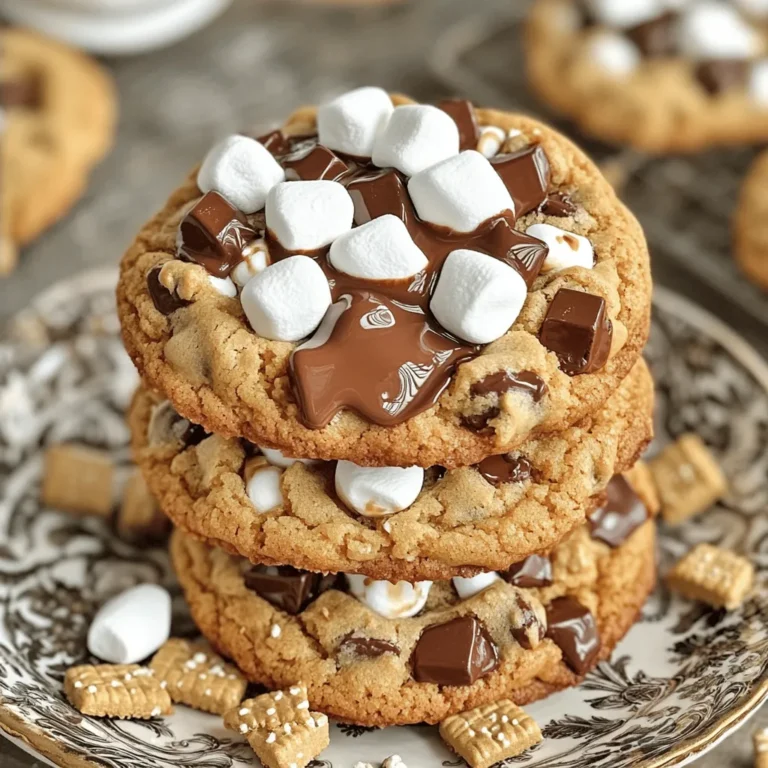 - 1 cup unsalted butter (for browning) - 1 cup brown sugar, firmly packed - 1/2 cup granulated sugar - 2 large eggs (room temperature) - 1 teaspoon pure vanilla extract - 2 1/4 cups all-purpose flour - 1 teaspoon baking soda - 1/2 teaspoon fine sea salt - 1 cup semi-sweet chocolate chips - 1 cup mini marshmallows - 1 cup crushed graham crackers - You can add a pinch of cinnamon for warmth. - Consider using dark chocolate chips for a richer taste. - Top with more mini marshmallows for extra fun. - A drizzle of melted chocolate makes for a pretty touch. These ingredients come together to create a cookie that is rich, sweet, and oh-so-delicious. The browned butter adds a nutty flavor that elevates the taste. The combination of chocolate, marshmallows, and graham crackers brings the classic s'mores experience right into your kitchen. For the full recipe, check out the details above. - Step 1: Brown the Butter Start by melting 1 cup of unsalted butter in a medium saucepan. Cook it over medium heat. Stir it continuously until it turns a rich golden brown. This process takes about 5-7 minutes. You will notice a nutty aroma as it cooks. Once it’s browned, remove it from the heat and let it cool slightly in a bowl. - Step 2: Mix Wet Ingredients In a large mixing bowl, pour in the cooled butter. Add 1 cup of packed brown sugar and 1/2 cup of granulated sugar. Whisk these together until smooth and creamy. Then, add 2 large eggs one at a time. Mix well after each addition. Finally, stir in 1 teaspoon of pure vanilla extract until everything is combined. - Step 3: Combine Dry Ingredients In a separate bowl, whisk together 2 1/4 cups of all-purpose flour, 1 teaspoon of baking soda, and 1/2 teaspoon of fine sea salt. Gradually add this dry mix to the wet ingredients. Stir gently until just combined. It’s okay if a few flour streaks remain; do not overmix. - Step 4: Fold in the Goodies Use a spatula to carefully fold in 1 cup of semi-sweet chocolate chips, 1 cup of mini marshmallows, and 1 cup of crushed graham crackers. Make sure these goodies are evenly distributed in the dough. - Step 5: Chill the Dough Cover your mixing bowl with plastic wrap. Place it in the refrigerator for at least 30 minutes to 1 hour. Chilling helps the cookies achieve that perfect chewy texture. - Step 6: Preheat the Oven While the dough chills, preheat your oven to 350°F (175°C). Line two baking sheets with parchment paper to keep the cookies from sticking. - Step 7: Shape the Cookies After chilling, scoop the dough using a cookie scoop or a tablespoon. Place the dough balls on the prepared baking sheets, spacing them about 2 inches apart. They will spread while baking. - Step 8: Bake Bake the cookies in the preheated oven for 10-12 minutes. The edges should turn lightly golden, while the centers remain soft and chewy. - Step 9: Cool Down Once baked, let the cookies cool on the sheets for 5 minutes. This helps them firm up. After that, transfer the cookies to wire racks to cool completely. For the full recipe, check the details above! To make your Brown Butter S'mores Cookies just right, focus on the texture. Start by browning your butter well. This gives your cookies a rich flavor. Watch it closely until it turns golden brown. Chill the cookie dough for at least 30 minutes. This step helps the cookies maintain their shape while baking. If you skip this, your cookies may spread too much. Avoid overmixing your dough. When you combine the dry and wet ingredients, mix gently. A few flour streaks are okay. This keeps your cookies soft and chewy. Serving your cookies can be fun! Try stacking them on a pretty plate. Drizzle some melted chocolate on top for a fancy touch. You can also add extra toppings. A few mini marshmallows on top make a fun look. They add more of that classic s'mores feel. Enjoy creating a treat that looks as good as it tastes! {{image_4}} You can change the flavor of your Brown Butter S'mores Cookies easily. Try using different chocolates. Dark chocolate adds richness, while milk chocolate is sweeter. White chocolate gives a creamy twist. Each type brings its own charm. You can also add toppings and mix-ins. Peanut butter chips add a nutty flavor. Chopped nuts like pecans or almonds give a nice crunch. You can even use caramel bits for a chewy surprise. Get creative with your choices! If you need gluten-free options, swap all-purpose flour for a gluten-free blend. Look for blends that work well in cookies. They will help keep the texture soft and chewy. For vegan substitutions, use plant-based butter instead of regular butter. Replace eggs with flax eggs or applesauce. This keeps the cookies moist and delicious without animal products. You can still enjoy these tasty treats while meeting your dietary needs! For the full recipe, check out the entire article. To keep your Brown Butter S'mores Cookies fresh, use an airtight container. A glass jar or plastic tub works well. This helps keep the cookies soft and chewy. Store them at room temperature for up to one week. If you want to keep them longer, you can freeze them. You can freeze both the dough and finished cookies. For dough, scoop it into balls and flash freeze them on a baking sheet. Once frozen, place them in a freezer bag. This allows you to bake fresh cookies anytime! For finished cookies, let them cool completely before freezing. Place them in a freezer-safe bag or container. They will stay fresh for about three months. When you're ready to eat, thaw them in the fridge or at room temperature. Reheat them in the oven for a few minutes for that fresh-baked taste. For the full recipe, check out the Brown Butter S'mores Cookies . How do I know when the cookies are done baking? Look for the edges to turn golden brown. The center should stay soft. Remove them and let them cool on a rack. They will firm up as they cool. Can I make the dough ahead of time? Yes! You can prepare the dough and chill it. Just cover it tightly. It will stay fresh for up to three days in the fridge. What is the best way to prevent cookies from spreading too much? Chill your dough well before baking. Make sure your butter is not too warm. Finally, don’t skip the baking soda; it helps hold the shape. Can I use margarine instead of butter? You can, but butter gives a better flavor. Margarine may change the texture. If you use margarine, choose one that can be used for baking. How do I customize my S'mores Cookies? You can swap chocolate chips for dark or white chocolate. Add nuts or different candies for fun flavors. Try adding a sprinkle of sea salt on top for a tasty twist. What to do if cookies are too dry or too soft? If the cookies are dry, try adding a touch more butter or an egg. For soft cookies, bake them a minute longer. Always check the baking time! Tips for adjusting sweetness levels If you want less sweet cookies, reduce the sugar by a couple of tablespoons. You can also use dark chocolate, which is less sweet than milk chocolate. Enjoy finding the right balance for your taste! In this post, I shared a simple recipe for making delicious S'mores Cookies. I covered all the key ingredients, step-by-step instructions, and helpful tips to get the best results. You can customize these cookies with different flavors and toppings. Remember to store them correctly for freshness, and I answered common questions to guide your baking. With these steps, you’ll feel confident making your own tasty treats. Enjoy the process and happy baking!