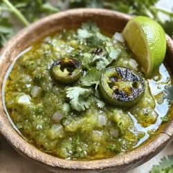 - 8 tomatillos, husked and thoroughly rinsed - 2 jalapeño peppers, stems removed (keep seeds for extra heat) - 1 small onion, coarsely chopped - 2 cloves garlic, peeled - 1 cup fresh cilantro, finely chopped - Juice of 1 lime - Salt, to taste - 1 tablespoon extra virgin olive oil When making salsa verde, pick fresh ingredients. Tomatillos are key; they add a tangy taste. Their bright green color makes your salsa pop. Jalapeños give heat. You can keep the seeds for a spicy kick or remove them for a milder dish. Onions add sweetness. I love using small onions for a more balanced flavor. Garlic brings a rich depth. Use fresh cloves for the best result. Fresh cilantro is crucial. If you don’t like cilantro, try parsley for a different flavor profile. Lime juice adds brightness and balances the flavors. Salt enhances all the tastes. Lastly, extra virgin olive oil helps blend everything smoothly. - Alternative peppers: You can swap jalapeños for serrano peppers. They are spicier but add great flavor. - Substitutes for cilantro: If you dislike cilantro, use parsley or basil. Each brings its own unique taste. - Options for lime juice: If you don't have fresh lime, use lemon juice. It won’t taste the same, but it works in a pinch. For the full recipe, please refer to [Full Recipe]. 1. Preheat your oven to 425°F (220°C). This heat will help the flavors pop. 2. Arrange the tomatillos, jalapeños, onion, and garlic on a large baking sheet. 3. Drizzle with olive oil and toss gently. Make sure everything is covered. 1. Roast the mixture for about 15-20 minutes. You want the tomatillos to be soft. 2. Keep an eye on them. You need a nice char on the edges. This adds flavor. 1. After roasting, let the veggies cool for a few minutes. 2. Transfer them to a blender or food processor. Add the cilantro, lime juice, and salt. 3. Blend until smooth or chunky, based on your preference. 4. Taste your salsa verde. Adjust the salt or lime juice if needed. 5. For the best flavor, let it sit for at least 30 minutes before serving. Check out the Full Recipe for more details! To create the best salsa verde, you need to focus on balancing flavors. Start with the right amount of tomatillos. They should be tangy but not overpowering. Add jalapeños for heat. Adjust the number based on your spice preference. You also want to add enough salt and lime juice to bring out the flavors. Serve your salsa at room temperature. This enhances the taste, making each bite more enjoyable. Be careful not to over or under-roast your vegetables. Over-roasting can burn the garlic, giving the salsa a bitter taste. Under-roasting leaves the tomatillos tough. Also, don’t skip on seasoning. Salsa verde often needs a good pinch of salt. Taste as you go to ensure your salsa is flavorful. You can add spices like cumin or smoked paprika for a different twist. They can deepen the flavor and add warmth. Experimenting with herbs can also change the vibe. Try adding mint or oregano for a fresh touch. Each small change can make your salsa verde unique and exciting! {{image_4}} To make your salsa verde spicier, you can add more jalapeños. Remove the seeds for less heat or keep them for more kick. You can also mix in other hot peppers, like serrano or habanero, to personalize the spice level. Each pepper has its own flavor, so feel free to experiment. Roasted salsa verde has a deeper, smokier flavor. The roasting process brings out natural sweetness in the tomatillos and peppers. Fresh salsa verde, on the other hand, tastes bright and vibrant. It has a crisp texture that can be refreshing. Choose roasted salsa for tacos or grilled meats, and fresh salsa for chips or salads. You can add fruits like mango or peach for a sweet twist. These fruits add a nice contrast to the tangy tomatillos. Incorporating different herbs also creates new flavors. Try using mint or basil instead of cilantro for a unique taste. These small changes can make your salsa verde truly special. Check out the Full Recipe to get started! To keep your salsa verde fresh, store it in an airtight container. Place it in the fridge right after you make it. This keeps its bright taste and color. Use a glass jar for best results. If you want to store it long-term, you can freeze it. Divide the salsa into small portions and put them in freezer bags. Squeeze out excess air before sealing. This helps prevent freezer burn. Homemade salsa verde lasts about 5 to 7 days in the fridge. If you freeze it, it can last up to 3 months. Always check for signs of spoilage. If you see mold or notice an off smell, throw it away. Freshness is key to enjoying your salsa. You can get creative with leftover salsa verde! Try using it as a topping for grilled chicken or fish. It also works great in tacos or burritos. You can even mix it into soups for added flavor. Salsa verde can brighten up many dishes, so don’t let it go to waste! Salsa verde is a green sauce made from tomatillos, peppers, and herbs. Its name means "green sauce" in Spanish. It hails from Mexico, where it adds zest to meals. Tomatillos are key and give salsa verde its unique flavor. You can use it with tacos, grilled meats, or chips. It’s fresh and bright, perfect for any gathering. Yes, you can make salsa verde ahead of time. In fact, it often tastes better after sitting for a while. The flavors blend and deepen, making each bite more delicious. I suggest making it a day ahead if you can. Just store it in the fridge in a sealed container. Let it sit at room temp for a bit before serving to enhance the flavors. The heat level of salsa verde can vary. It depends on how many jalapeños you use and if you keep the seeds. Jalapeños offer a mild to medium heat. If you want more spice, add more jalapeños or switch to hotter peppers. Always taste as you go, so you can adjust to your heat preference. This guide covered everything about making salsa verde, from ingredients to storage. You learned about key ingredients like tomatillos and jalapeños, plus useful substitutions. I shared tips for perfecting flavor, avoiding common mistakes, and exploring variations. Salsa verde is versatile and fun to make. The right technique can boost any meal. Don’t hesitate to experiment and create your own twist. With practice, you'll master this tasty sauce. Enjoy making your salsa verde!