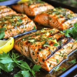 To make Lemon Herb Grilled Salmon, gather these essential items: - 4 salmon fillets (approximately 6 ounces each) - 1 large lemon (zested and juiced) - 3 tablespoons extra virgin olive oil - 2 cloves garlic, finely minced - 1 teaspoon dried oregano - 1 teaspoon dried thyme - 1 teaspoon dried parsley - Salt and freshly ground black pepper, to taste These ingredients create a bright and zesty flavor. The salmon fillets provide a tasty and healthy base. Lemon adds freshness, while olive oil keeps the fish moist. Garlic and herbs bring depth to the dish. You can enhance your dish with these optional garnishes: - Fresh herbs like dill or parsley - Lemon wedges for serving These add a lovely touch and make your dish look appealing. Fresh herbs give a pop of color and flavor. Lemon Herb Grilled Salmon is not only delicious but also good for you. Here are some health benefits: - Salmon is rich in omega-3 fatty acids. These support heart health and brain function. - Lemon is high in vitamin C, which boosts the immune system. - Olive oil contains healthy fats that lower bad cholesterol. - Garlic may help reduce blood pressure and improve heart health. These ingredients work together to create a meal that is both tasty and nutritious. Eating this dish helps you stay healthy while enjoying great flavors. For the complete recipe, check out the Full Recipe. To start, you need to make the marinade. In a small bowl, add the lemon juice, lemon zest, olive oil, minced garlic, oregano, thyme, parsley, salt, and pepper. Whisk these together until they blend well. This mix brings bright flavors to the salmon. Next, take your salmon fillets and place them in a shallow dish or a resealable bag. Pour the marinade over the fillets, ensuring they are well-coated. Cover the dish with plastic wrap or seal the bag. Refrigerate the salmon for at least 30 minutes. For the best taste, let it marinate for up to 2 hours. Now, it’s time to prepare your grill. Heat your grill to medium-high. If you’re using a grill pan on the stove, set it to medium heat. Let it warm up until it reaches a steady temperature. This step is key for getting the perfect grill marks and flavor. Once your grill is hot, carefully remove the salmon from the marinade. Let any extra liquid drip off. Place the fillets on the grill, skin-side down. Grill for about 5-7 minutes on each side. The salmon is ready when it turns opaque and flakes easily with a fork. Make sure to watch the salmon closely while grilling. Each grill can cook a bit differently, so adjust the time if needed. After grilling, transfer the salmon to a serving platter. You can drizzle it with leftover marinade or fresh lemon juice for added flavor. Enjoy your Lemon Herb Grilled Salmon! For the complete recipe, check out the [Full Recipe]. Marinating salmon adds flavor and keeps it moist. Start with a good mix of ingredients. Use fresh lemon juice and zest for a bright taste. Olive oil helps the marinade stick and adds richness. I suggest marinating for at least 30 minutes. For deeper flavor, try marinating for up to 2 hours. Always cover the dish or seal the bag to lock in those flavors. To know when your salmon is ready, look for its color. Cook it until it turns from bright pink to a lighter shade. You can also use a fork to test it. Gently flake the salmon; it should come apart easily. If it does, it’s done! The internal temperature should reach 145°F for safe eating. Grilled salmon pairs well with many sides. Consider serving it with a fresh salad or grilled veggies. You can also add a side of rice or quinoa for a heartier meal. Drizzle with extra lemon juice or any leftover marinade for added flavor. Garnish with fresh herbs for a beautiful finish. For the full recipe, check out the details provided above. {{image_4}} You can switch up the herbs in this recipe. Instead of oregano, try basil or cilantro. If you want a spicy kick, add some red pepper flakes. Dill gives a fresh taste that pairs well with salmon. Each herb brings its own flavor, making each dish unique. Feel free to get creative with marinades. A soy sauce and ginger mix works great. You can also try a maple syrup and mustard blend for a sweet touch. For a tangy flavor, use yogurt and lemon. Each marinade changes the taste, so have fun experimenting! Pair your salmon with simple sides. Steamed asparagus or a fresh salad works well. You can also serve it with roasted potatoes or quinoa. These sides add color and nutrients to your plate. They make the meal more balanced and enjoyable. For the full recipe, check the link. To keep your grilled salmon fresh, place it in an airtight container. Make sure it cools down to room temperature first. Cover it tightly to avoid air exposure. This helps maintain flavor and texture. Store the container in the fridge. Leftover salmon lasts for up to three days in the fridge. When you're ready to enjoy your leftovers, you can reheat the salmon. Preheat your oven to 350°F (175°C). Place the salmon on a baking sheet. Cover it with foil to retain moisture. Heat for about 10-15 minutes, or until it’s warmed through. You can also use a microwave. Place the salmon on a microwave-safe plate. Heat on medium power for about 1-2 minutes. Check for warmth and avoid overcooking. If you want to store salmon for a longer time, freezing is a great option. Wrap each piece tightly in plastic wrap. Then, place the wrapped salmon in a freezer bag. Remove as much air as possible before sealing. It can stay in the freezer for up to three months. When you're ready to eat it, thaw the salmon in the fridge overnight. This keeps the taste and quality intact. For the full recipe, you can check out the Lemon Herb Grilled Salmon recipe. I recommend marinating the salmon for at least 30 minutes. For more flavor, you can marinate it for up to 2 hours. The lemon and herbs will soak into the fish, making it taste great. Yes, you can grill salmon without skin. Just be careful while grilling, as skinless fillets can break apart more easily. Use a grill basket or foil to keep the fish intact and prevent it from sticking. The best way to check if salmon is done is by using a fork. Gently press the fish, and if it flakes easily, it’s ready. The thickest part should also be opaque and warm throughout. Yes, grilled salmon is very healthy. It is packed with omega-3 fatty acids, which are good for your heart. Salmon also provides high-quality protein and essential vitamins. You can serve Lemon Herb Grilled Salmon with many sides. Here are a few options: - Grilled vegetables - Quinoa salad - Garlic mashed potatoes - Steamed asparagus - Rice with herbs For the complete recipe, check out the Full Recipe. Lemon herb grilled salmon is easy to make and full of flavor. You learned about the key ingredients and how to marinate and grill salmon to perfection. I shared tips for checking doneness and serving ideas. You can even explore different herbs and sides. Remember to store your leftovers to enjoy later. This dish not only tastes great but is also healthy. With these steps, you can impress family and friends with your cooking skills. Enjoy every bite of your tasty creation!