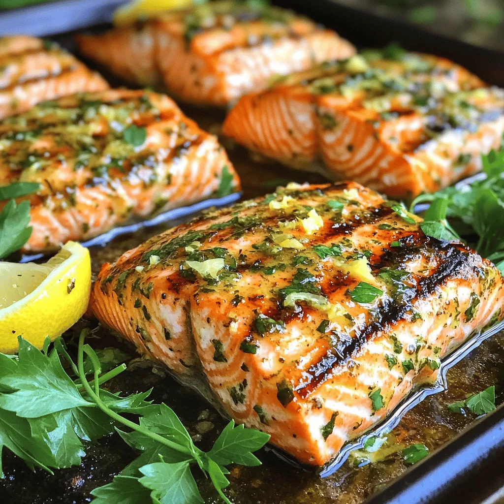 To make Lemon Herb Grilled Salmon, gather these essential items: - 4 salmon fillets (approximately 6 ounces each) - 1 large lemon (zested and juiced) - 3 tablespoons extra virgin olive oil - 2 cloves garlic, finely minced - 1 teaspoon dried oregano - 1 teaspoon dried thyme - 1 teaspoon dried parsley - Salt and freshly ground black pepper, to taste These ingredients create a bright and zesty flavor. The salmon fillets provide a tasty and healthy base. Lemon adds freshness, while olive oil keeps the fish moist. Garlic and herbs bring depth to the dish. You can enhance your dish with these optional garnishes: - Fresh herbs like dill or parsley - Lemon wedges for serving These add a lovely touch and make your dish look appealing. Fresh herbs give a pop of color and flavor. Lemon Herb Grilled Salmon is not only delicious but also good for you. Here are some health benefits: - Salmon is rich in omega-3 fatty acids. These support heart health and brain function. - Lemon is high in vitamin C, which boosts the immune system. - Olive oil contains healthy fats that lower bad cholesterol. - Garlic may help reduce blood pressure and improve heart health. These ingredients work together to create a meal that is both tasty and nutritious. Eating this dish helps you stay healthy while enjoying great flavors. For the complete recipe, check out the Full Recipe. To start, you need to make the marinade. In a small bowl, add the lemon juice, lemon zest, olive oil, minced garlic, oregano, thyme, parsley, salt, and pepper. Whisk these together until they blend well. This mix brings bright flavors to the salmon. Next, take your salmon fillets and place them in a shallow dish or a resealable bag. Pour the marinade over the fillets, ensuring they are well-coated. Cover the dish with plastic wrap or seal the bag. Refrigerate the salmon for at least 30 minutes. For the best taste, let it marinate for up to 2 hours. Now, it’s time to prepare your grill. Heat your grill to medium-high. If you’re using a grill pan on the stove, set it to medium heat. Let it warm up until it reaches a steady temperature. This step is key for getting the perfect grill marks and flavor. Once your grill is hot, carefully remove the salmon from the marinade. Let any extra liquid drip off. Place the fillets on the grill, skin-side down. Grill for about 5-7 minutes on each side. The salmon is ready when it turns opaque and flakes easily with a fork. Make sure to watch the salmon closely while grilling. Each grill can cook a bit differently, so adjust the time if needed. After grilling, transfer the salmon to a serving platter. You can drizzle it with leftover marinade or fresh lemon juice for added flavor. Enjoy your Lemon Herb Grilled Salmon! For the complete recipe, check out the [Full Recipe]. Marinating salmon adds flavor and keeps it moist. Start with a good mix of ingredients. Use fresh lemon juice and zest for a bright taste. Olive oil helps the marinade stick and adds richness. I suggest marinating for at least 30 minutes. For deeper flavor, try marinating for up to 2 hours. Always cover the dish or seal the bag to lock in those flavors. To know when your salmon is ready, look for its color. Cook it until it turns from bright pink to a lighter shade. You can also use a fork to test it. Gently flake the salmon; it should come apart easily. If it does, it’s done! The internal temperature should reach 145°F for safe eating. Grilled salmon pairs well with many sides. Consider serving it with a fresh salad or grilled veggies. You can also add a side of rice or quinoa for a heartier meal. Drizzle with extra lemon juice or any leftover marinade for added flavor. Garnish with fresh herbs for a beautiful finish. For the full recipe, check out the details provided above. {{image_4}} You can switch up the herbs in this recipe. Instead of oregano, try basil or cilantro. If you want a spicy kick, add some red pepper flakes. Dill gives a fresh taste that pairs well with salmon. Each herb brings its own flavor, making each dish unique. Feel free to get creative with marinades. A soy sauce and ginger mix works great. You can also try a maple syrup and mustard blend for a sweet touch. For a tangy flavor, use yogurt and lemon. Each marinade changes the taste, so have fun experimenting! Pair your salmon with simple sides. Steamed asparagus or a fresh salad works well. You can also serve it with roasted potatoes or quinoa. These sides add color and nutrients to your plate. They make the meal more balanced and enjoyable. For the full recipe, check the link. To keep your grilled salmon fresh, place it in an airtight container. Make sure it cools down to room temperature first. Cover it tightly to avoid air exposure. This helps maintain flavor and texture. Store the container in the fridge. Leftover salmon lasts for up to three days in the fridge. When you're ready to enjoy your leftovers, you can reheat the salmon. Preheat your oven to 350°F (175°C). Place the salmon on a baking sheet. Cover it with foil to retain moisture. Heat for about 10-15 minutes, or until it’s warmed through. You can also use a microwave. Place the salmon on a microwave-safe plate. Heat on medium power for about 1-2 minutes. Check for warmth and avoid overcooking. If you want to store salmon for a longer time, freezing is a great option. Wrap each piece tightly in plastic wrap. Then, place the wrapped salmon in a freezer bag. Remove as much air as possible before sealing. It can stay in the freezer for up to three months. When you're ready to eat it, thaw the salmon in the fridge overnight. This keeps the taste and quality intact. For the full recipe, you can check out the Lemon Herb Grilled Salmon recipe. I recommend marinating the salmon for at least 30 minutes. For more flavor, you can marinate it for up to 2 hours. The lemon and herbs will soak into the fish, making it taste great. Yes, you can grill salmon without skin. Just be careful while grilling, as skinless fillets can break apart more easily. Use a grill basket or foil to keep the fish intact and prevent it from sticking. The best way to check if salmon is done is by using a fork. Gently press the fish, and if it flakes easily, it’s ready. The thickest part should also be opaque and warm throughout. Yes, grilled salmon is very healthy. It is packed with omega-3 fatty acids, which are good for your heart. Salmon also provides high-quality protein and essential vitamins. You can serve Lemon Herb Grilled Salmon with many sides. Here are a few options: - Grilled vegetables - Quinoa salad - Garlic mashed potatoes - Steamed asparagus - Rice with herbs For the complete recipe, check out the Full Recipe. Lemon herb grilled salmon is easy to make and full of flavor. You learned about the key ingredients and how to marinate and grill salmon to perfection. I shared tips for checking doneness and serving ideas. You can even explore different herbs and sides. Remember to store your leftovers to enjoy later. This dish not only tastes great but is also healthy. With these steps, you can impress family and friends with your cooking skills. Enjoy every bite of your tasty creation!