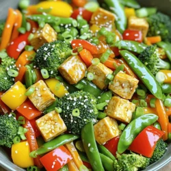 - Firm tofu (14 oz), drained and cubed - Fresh vegetables: broccoli, red and yellow bell peppers, carrots, snap peas - Aromatics: garlic, ginger, green onions - Soy sauce (or tamari for gluten-free) - Sesame oil - Olive oil - Sesame seeds for garnish - Salt and pepper to taste The main ingredients for this vegetable stir-fry with tofu create a colorful plate. Firm tofu gives the dish protein while soaking up flavors. Fresh vegetables add crunch and nutrients. I like using broccoli, red and yellow bell peppers, carrots, and snap peas. These veggies taste great together, each bringing its own flavor and color. For the aromatics, I use garlic, ginger, and green onions. Garlic adds a warm flavor, while ginger brings a bit of spice. Green onions add a fresh touch. In the seasoning section, I stick with simple yet flavorful choices. Soy sauce gives the stir-fry its salty taste. If you want gluten-free, swap soy sauce with tamari. Sesame oil has a nutty flavor that enhances the dish. Olive oil works well for cooking. Finally, I sprinkle sesame seeds on top for crunch. Salt and pepper help balance everything out. You can find the full recipe above for exact amounts and steps. To make the best vegetable stir-fry with tofu, start by pressing the tofu. Pressing helps remove excess moisture. Here’s how you do it: - Wrap the tofu block in several layers of paper towels. - Place a heavy object, like a cast iron skillet, on top. - Let it sit for about 15 minutes. After pressing, cut the tofu into even 1-inch cubes. This size helps it cook evenly. Next, marinate the tofu with soy sauce for great flavor. Use one tablespoon of soy sauce and toss the tofu gently. Let it marinate for 10 minutes for the best taste. Now, let’s cook the tofu. Heat a large skillet or wok over medium-high heat. Add one tablespoon of olive oil to the skillet. Once hot, carefully add the marinated tofu cubes. Fry the tofu until it turns golden brown on all sides, which usually takes about 8-10 minutes. Once golden, remove the tofu from the skillet and set it aside. In the same skillet, lower the heat slightly. Add one tablespoon of sesame oil, then throw in the minced garlic and grated ginger. Sauté for around 30 seconds until fragrant. Be careful not to burn them, as burnt garlic can ruin the flavor. Next, it’s time for the vegetables! Toss in the fresh broccoli florets, sliced red and yellow bell peppers, julienned carrots, and snap peas. Stir-fry these colorful veggies for about 5-7 minutes. You want them to be tender-crisp—vibrant and slightly crisp is ideal. After the vegetables are cooked, return the golden-brown tofu to the skillet. Pour in the remaining tablespoon of soy sauce and gently toss everything together. Cook for an additional 2-3 minutes to heat everything through. Taste the stir-fry and adjust the seasoning with salt and pepper if needed. For a beautiful finish, sprinkle sesame seeds and the chopped green parts of the green onions over the dish. This adds color and flavor. For more detailed cooking instructions, check the Full Recipe. To make crispy tofu, start by pressing it. This removes extra moisture. Wrap the tofu in paper towels and place a heavy object on top. Let it sit for about 15 minutes. This step helps the tofu brown better when cooked. Next, marinate the tofu. Use soy sauce for flavor. Toss the tofu cubes in soy sauce for about 10 minutes. This adds great taste to each bite. When stir-frying, use high heat. This helps the veggies stay crisp. Keep them moving in the pan. Stir them quickly to cook evenly. To keep the color bright, do not overcrowd the pan. Cook in small batches if needed. This preserves the fresh look and crunch of the vegetables. For a beautiful dish, serve the stir-fry in a shallow bowl. Add a sprinkle of sesame seeds and chopped green onions on top. This adds color and flair. To complete your meal, pair the stir-fry with fluffy rice. Jasmine or brown rice works well. They soak up the tasty sauce and round out the meal. Enjoy your colorful veggie tofu stir-fry from the Full Recipe! {{image_4}} You can switch tofu for other proteins. Tempeh is a great choice. It has a nutty taste and firm texture. You can also use chickpeas. They add protein and fiber. If you want some meat, try shrimp or chicken. Shrimp cooks fast and tastes great with veggies. Chicken adds a hearty touch. Just cut it into small pieces and cook it before the veggies. Feel free to mix in seasonal veggies. Zucchini, bell peppers, and mushrooms work well. You can also try leafy greens like spinach or kale. They cook quickly and add nutrients. Want some heat? Add sliced jalapeños or a dash of chili flakes. This gives your stir-fry a spicy kick. Taste as you go to find your perfect spice level. The sauce makes a huge difference. Try teriyaki sauce for a sweeter flavor. Peanut sauce adds a rich, creamy taste. Both options work well with veggies and proteins. If you need it gluten-free, use tamari sauce instead of soy sauce. You can also add lime juice or sesame oil for extra flavor. Experiment with these sauces to find your favorite mix. Check the Full Recipe for more ideas! To keep your leftover stir-fry fresh, store it in an airtight container. Make sure to cool it down first before sealing. This helps maintain flavor and texture. In the fridge, your stir-fry can last for about 3 to 4 days. For longer storage, you can freeze your stir-fry. First, let it cool completely. Then, place it in a freezer-safe bag or container. Press out as much air as you can before sealing. This helps prevent freezer burn. You can freeze it for up to 3 months. When you’re ready to eat, thaw it in the fridge overnight. For reheating, use a skillet over medium heat. Stir it often to ensure even heating. This way, your stir-fry stays tasty and vibrant. For best results, avoid microwaving, as it can make the tofu soggy. For the full recipe, check out the detailed instructions above! Yes, you can use frozen vegetables in this stir-fry. Frozen veggies are quick and easy. They save time and reduce waste. They also lock in nutrients during freezing. When using frozen vegetables, adjust cooking time. Cook them a bit longer than fresh ones. Aim for 7-10 minutes, depending on the type. To add heat, try these options: - Add red pepper flakes for a mild kick. - Use sriracha or chili paste for more spice. - Toss in sliced jalapeños for fresh heat. Start with a small amount and taste as you go. You can always add more if needed. This stir-fry pairs well with: - Jasmine rice or brown rice for a wholesome meal. - Quinoa for a protein boost. - Noodles for a different texture and flavor. You can also serve it with a light salad for added freshness. Yes, this recipe can be gluten-free. Use tamari instead of soy sauce. Tamari is a gluten-free soy sauce option. Make sure to check other ingredients too. Some brands of sesame oil and other sauces may contain gluten. Always read labels to ensure everything fits your dietary needs. Tofu and vegetable stir-fry is a simple and tasty meal. You learned how to prepare firm tofu, fresh veggies, and flavorful seasonings. I shared tips for crispier tofu and vibrant vegetables. With options for protein and sauce variations, you can tailor it to your tastes. Proper storage helps keep leftovers fresh. Enjoy this recipe with your favorite sides for a complete meal. Get ready to impress your family and friends with your culinary skills!
