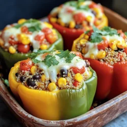 - 4 large bell peppers (choose a mix of colors for visual appeal) - 1 cup quinoa, thoroughly rinsed - 1 can (15 oz) black beans, drained and rinsed - 1 cup corn kernels (can be fresh, frozen, or canned) - 1 teaspoon ground cumin - 1 teaspoon smoked paprika - 1 teaspoon chili powder - Salt and freshly ground black pepper to taste - ½ cup shredded cheese (for a cheesy topping) - 1 tablespoon olive oil (plus a bit more for brushing) - Fresh cilantro, chopped (for garnish) In this recipe, I focus on using fresh, colorful bell peppers. They are the stars of this dish. Quinoa serves as a great base. It is packed with protein and adds a nice texture. Black beans and corn bring in more flavor and nutrients. The spices enhance the taste. Ground cumin adds warmth. Smoked paprika gives a hint of smokiness. Chili powder adds a bit of heat. You can adjust these to your liking. Adding cheese on top makes a creamy finish. Fresh cilantro brings brightness and freshness. These ingredients work together to create a delicious meal. You can find the full recipe in the article. Enjoy cooking these stuffed bell peppers! - Preheat the oven to 375°F (190°C). - Rinse and cook the quinoa. In a medium pot, combine 1 cup of rinsed quinoa with 2 cups of vegetable broth. Bring this to a boil, then reduce the heat and cover. Let it simmer for 15 minutes. After that, fluff the quinoa with a fork and set it aside. - Slice off the tops of the bell peppers. Keep the tops for later use if you want to garnish. - Remove seeds and membranes. This step is key to making sure your peppers are ready to be filled. - Sauté onion and garlic in a large skillet with olive oil. Cook until the onion turns soft and clear, about 3-4 minutes. - Combine filling ingredients and stuff the peppers. Add the cooked quinoa, black beans, corn, halved cherry tomatoes, cumin, smoked paprika, chili powder, salt, and pepper to the skillet. Mix well and heat for about 5 minutes. - Generously fill each bell pepper with the quinoa mixture. Press down gently to pack it tight. If you like cheese, sprinkle some on top. - Bake the stuffed peppers. Place the stuffed peppers in a baking dish and cover with aluminum foil. Bake for 25 minutes. Remove the foil and bake for another 10-15 minutes until the peppers are soft and tops are golden. For the full recipe, check the details above! - How to properly cook quinoa: Rinse one cup of quinoa under cold water before cooking. This step removes the bitter coating called saponin. Combine it with two cups of vegetable broth in a pot. Bring it to a boil, then cover and simmer for about 15 minutes. Fluff it with a fork afterward for the best texture. - Best way to stuff the peppers: After cooking your quinoa, mix it with black beans, corn, and spices in a bowl. Use a spoon to fill each bell pepper with this mixture. Pack it in gently but firmly, so the filling holds well. - Ensure even cooking while baking: Arrange the stuffed peppers upright in a baking dish. Cover the dish with aluminum foil for the first part of baking. This keeps the moisture in, helping the peppers cook evenly. Remove the foil later for a nice golden top. - Serving suggestions: Place each stuffed pepper on a plate. You can put the reserved tops next to them for color. This adds a nice touch and makes the dish look inviting. - Garnishing ideas: Sprinkle fresh cilantro on top right before serving. A drizzle of balsamic glaze also adds flavor and makes the dish pop visually. - Suggested herbs and spices: Adding fresh herbs like basil or parsley can brighten the flavor. A pinch of oregano can also deepen the taste of your filling. Experiment to find what you like best. - Adding toppings like cheese or avocado: Consider sprinkling shredded cheese on top of the stuffed peppers before baking. It melts beautifully and adds richness. You can also add sliced avocado on top when serving for a creamy contrast. These tips will help you create stuffed bell peppers that are not only tasty but also visually appealing. For the complete recipe, check out the Full Recipe section! {{image_4}} You can change the protein in your stuffed peppers. For a heartier dish, use ground turkey or beef. They add great flavor and texture. If you prefer a meatless option, try lentils or chickpeas. They pair well with quinoa and boost the protein content. You can easily adjust the spiciness of your stuffed peppers. Add more chili powder for heat or reduce it for a milder taste. Try mixing in different vegetables too. Bell peppers work great, but zucchini, spinach, or mushrooms can add new flavors. Feel free to experiment with what you have on hand. To make your stuffed peppers vegan, skip the cheese and use plant-based alternatives. Nutritional yeast can give a cheesy flavor without dairy. Consider adding tofu or tempeh for extra protein. They blend well with the quinoa and keep the dish filling and satisfying. Check out the Full Recipe for more details on how to make these delicious changes. To keep your stuffed bell peppers fresh, store leftovers in the fridge. Place them in an airtight container. This helps prevent them from drying out or absorbing other odors. They will stay good for about 3 to 5 days. If you want to enjoy the flavors longer, consider freezing them. You can freeze stuffed peppers for later use. To do this, allow them to cool completely. Wrap each pepper tightly in plastic wrap or aluminum foil. Place them in a freezer-safe bag. They can stay frozen for up to 3 months. When you're ready to eat, thaw them overnight in the fridge. For reheating, bake them in the oven at 350°F (175°C) until hot. Alternatively, you can microwave them, but the oven gives better texture. Preparing stuffed peppers ahead of time can save you effort later. You can stuff the peppers a day in advance and store them in the fridge. Just cover them with plastic wrap. When it's time to cook, simply pop them in the oven. Reheating is easy; just follow the baking instructions. This dish is perfect for a quick weeknight dinner or meal prep. Enjoy your flavorful delight anytime! You can use rice as a great substitute. Long-grain white or brown rice works well. Other grains like farro or bulgur are tasty too. Just cook them according to their package instructions before mixing. These grains add their own unique flavor and texture to the dish. Yes, you can prepare stuffed peppers ahead of time. Cook and stuff the peppers, then cover and store them in the fridge. They can last for up to two days before baking. You can also freeze them. Just wrap each pepper tightly. When ready, bake straight from the freezer, adding a bit more time to the oven. Check for tenderness in the peppers. They should be soft but not mushy. The filling needs to be hot throughout. If you see bubbling around the edges, that’s a good sign too. Another tip is to look for a golden top if you added cheese. Stuffed bell peppers are simple, tasty, and full of flavor. You learned about the best ingredients, spices, and steps to make them. Tips on cooking and presentation can help make your dish shine. I shared ideas for variations and storage, ensuring you can enjoy them later. Incorporating these tips can make your cooking easier and delicious. Try different fillings and make it your own! Enjoy creating your perfect stuffed peppers.