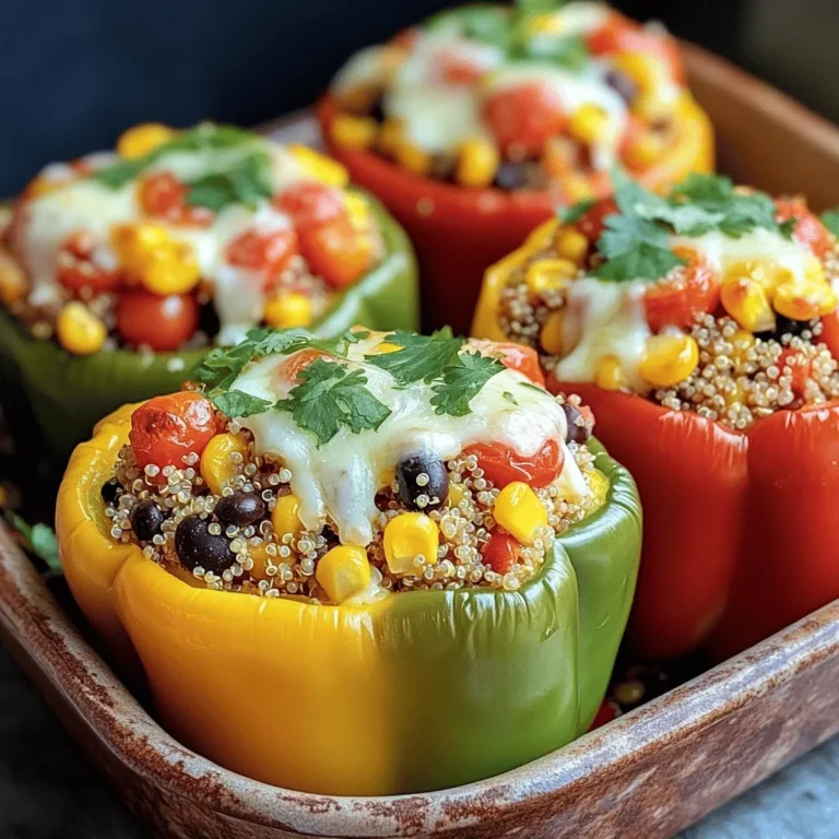 - 4 large bell peppers (choose a mix of colors for visual appeal) - 1 cup quinoa, thoroughly rinsed - 1 can (15 oz) black beans, drained and rinsed - 1 cup corn kernels (can be fresh, frozen, or canned) - 1 teaspoon ground cumin - 1 teaspoon smoked paprika - 1 teaspoon chili powder - Salt and freshly ground black pepper to taste - ½ cup shredded cheese (for a cheesy topping) - 1 tablespoon olive oil (plus a bit more for brushing) - Fresh cilantro, chopped (for garnish) In this recipe, I focus on using fresh, colorful bell peppers. They are the stars of this dish. Quinoa serves as a great base. It is packed with protein and adds a nice texture. Black beans and corn bring in more flavor and nutrients. The spices enhance the taste. Ground cumin adds warmth. Smoked paprika gives a hint of smokiness. Chili powder adds a bit of heat. You can adjust these to your liking. Adding cheese on top makes a creamy finish. Fresh cilantro brings brightness and freshness. These ingredients work together to create a delicious meal. You can find the full recipe in the article. Enjoy cooking these stuffed bell peppers! - Preheat the oven to 375°F (190°C). - Rinse and cook the quinoa. In a medium pot, combine 1 cup of rinsed quinoa with 2 cups of vegetable broth. Bring this to a boil, then reduce the heat and cover. Let it simmer for 15 minutes. After that, fluff the quinoa with a fork and set it aside. - Slice off the tops of the bell peppers. Keep the tops for later use if you want to garnish. - Remove seeds and membranes. This step is key to making sure your peppers are ready to be filled. - Sauté onion and garlic in a large skillet with olive oil. Cook until the onion turns soft and clear, about 3-4 minutes. - Combine filling ingredients and stuff the peppers. Add the cooked quinoa, black beans, corn, halved cherry tomatoes, cumin, smoked paprika, chili powder, salt, and pepper to the skillet. Mix well and heat for about 5 minutes. - Generously fill each bell pepper with the quinoa mixture. Press down gently to pack it tight. If you like cheese, sprinkle some on top. - Bake the stuffed peppers. Place the stuffed peppers in a baking dish and cover with aluminum foil. Bake for 25 minutes. Remove the foil and bake for another 10-15 minutes until the peppers are soft and tops are golden. For the full recipe, check the details above! - How to properly cook quinoa: Rinse one cup of quinoa under cold water before cooking. This step removes the bitter coating called saponin. Combine it with two cups of vegetable broth in a pot. Bring it to a boil, then cover and simmer for about 15 minutes. Fluff it with a fork afterward for the best texture. - Best way to stuff the peppers: After cooking your quinoa, mix it with black beans, corn, and spices in a bowl. Use a spoon to fill each bell pepper with this mixture. Pack it in gently but firmly, so the filling holds well. - Ensure even cooking while baking: Arrange the stuffed peppers upright in a baking dish. Cover the dish with aluminum foil for the first part of baking. This keeps the moisture in, helping the peppers cook evenly. Remove the foil later for a nice golden top. - Serving suggestions: Place each stuffed pepper on a plate. You can put the reserved tops next to them for color. This adds a nice touch and makes the dish look inviting. - Garnishing ideas: Sprinkle fresh cilantro on top right before serving. A drizzle of balsamic glaze also adds flavor and makes the dish pop visually. - Suggested herbs and spices: Adding fresh herbs like basil or parsley can brighten the flavor. A pinch of oregano can also deepen the taste of your filling. Experiment to find what you like best. - Adding toppings like cheese or avocado: Consider sprinkling shredded cheese on top of the stuffed peppers before baking. It melts beautifully and adds richness. You can also add sliced avocado on top when serving for a creamy contrast. These tips will help you create stuffed bell peppers that are not only tasty but also visually appealing. For the complete recipe, check out the Full Recipe section! {{image_4}} You can change the protein in your stuffed peppers. For a heartier dish, use ground turkey or beef. They add great flavor and texture. If you prefer a meatless option, try lentils or chickpeas. They pair well with quinoa and boost the protein content. You can easily adjust the spiciness of your stuffed peppers. Add more chili powder for heat or reduce it for a milder taste. Try mixing in different vegetables too. Bell peppers work great, but zucchini, spinach, or mushrooms can add new flavors. Feel free to experiment with what you have on hand. To make your stuffed peppers vegan, skip the cheese and use plant-based alternatives. Nutritional yeast can give a cheesy flavor without dairy. Consider adding tofu or tempeh for extra protein. They blend well with the quinoa and keep the dish filling and satisfying. Check out the Full Recipe for more details on how to make these delicious changes. To keep your stuffed bell peppers fresh, store leftovers in the fridge. Place them in an airtight container. This helps prevent them from drying out or absorbing other odors. They will stay good for about 3 to 5 days. If you want to enjoy the flavors longer, consider freezing them. You can freeze stuffed peppers for later use. To do this, allow them to cool completely. Wrap each pepper tightly in plastic wrap or aluminum foil. Place them in a freezer-safe bag. They can stay frozen for up to 3 months. When you're ready to eat, thaw them overnight in the fridge. For reheating, bake them in the oven at 350°F (175°C) until hot. Alternatively, you can microwave them, but the oven gives better texture. Preparing stuffed peppers ahead of time can save you effort later. You can stuff the peppers a day in advance and store them in the fridge. Just cover them with plastic wrap. When it's time to cook, simply pop them in the oven. Reheating is easy; just follow the baking instructions. This dish is perfect for a quick weeknight dinner or meal prep. Enjoy your flavorful delight anytime! You can use rice as a great substitute. Long-grain white or brown rice works well. Other grains like farro or bulgur are tasty too. Just cook them according to their package instructions before mixing. These grains add their own unique flavor and texture to the dish. Yes, you can prepare stuffed peppers ahead of time. Cook and stuff the peppers, then cover and store them in the fridge. They can last for up to two days before baking. You can also freeze them. Just wrap each pepper tightly. When ready, bake straight from the freezer, adding a bit more time to the oven. Check for tenderness in the peppers. They should be soft but not mushy. The filling needs to be hot throughout. If you see bubbling around the edges, that’s a good sign too. Another tip is to look for a golden top if you added cheese. Stuffed bell peppers are simple, tasty, and full of flavor. You learned about the best ingredients, spices, and steps to make them. Tips on cooking and presentation can help make your dish shine. I shared ideas for variations and storage, ensuring you can enjoy them later. Incorporating these tips can make your cooking easier and delicious. Try different fillings and make it your own! Enjoy creating your perfect stuffed peppers.