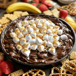 - 1 cup semi-sweet chocolate chips - 1 cup mini marshmallows - 1 tablespoon unsalted butter - 1/2 teaspoon vanilla extract - 1/4 cup crushed graham cracker crumbs - Graham crackers - Pretzels - Sliced fruits (strawberries, bananas) When making S'mores dip, I always start with the main ingredients. Semi-sweet chocolate chips give that rich, sweet flavor. Mini marshmallows add the gooey texture. I use unsalted butter for a creamy base. A touch of vanilla extract brings warmth to the mix. Finally, crushed graham cracker crumbs give a crunchy finish. For dipping, I love using graham crackers. They match perfectly with the dip. Pretzels add a fun salty crunch. Sliced fruits, like strawberries and bananas, offer a fresh touch. You can choose what you like best. There’s no wrong way to enjoy this dip! To see how I bring these ingredients together, check out the Full Recipe. 1. First, preheat your oven to 350°F (175°C). This step is key for the dip. 2. Next, in a medium oven-safe skillet, add the unsalted butter. Melt it over medium heat. Do not let it burn. 3. After the butter melts, take the pan off the heat. Stir in the semi-sweet chocolate chips. Mix until smooth and creamy. 1. Now, add the vanilla extract to your melted chocolate. Stir it in well. 2. Spread mini marshmallows evenly over the chocolate mix. Make sure every bite gets that gooey goodness! 3. Sprinkle crushed graham cracker crumbs on top of the marshmallows. This adds crunch and flavor. 1. Place your skillet in the preheated oven. Bake for about 10-12 minutes. Watch for the marshmallows to puff up and turn golden brown. 2. Once baked, take it out and let it cool for one minute. This prevents burns when serving. For the full recipe, check out the details above. Enjoy your tasty S'mores dip! To make a great s'mores dip, melt the chocolate evenly. I always use a medium heat. Stir the chocolate until smooth. This helps avoid any lumps. For the marshmallows, keep an eye on their browning. You want them golden, not burnt. This adds that perfect toasty flavor. Get creative with how you serve your dip. Try using different dippers. I love using graham crackers and pretzels. Fresh fruits like strawberries and bananas work great too. Each dipper brings a new taste to the mix. It makes sharing fun and interactive. Make your s'mores dip look inviting. Serve it hot in a skillet for a rustic touch. You can also use a decorative bowl. Arrange your dippers around it for a festive look. This adds to the experience and makes it more enjoyable. Use the Full Recipe to guide you through these steps. {{image_4}} You can switch things up with dark chocolate. This adds a richer taste that many love. Try using different flavored marshmallows, too. Options like strawberry or caramel can make the dip even more fun. If you follow a vegan diet, you can still enjoy this treat. Use vegan chocolate chips and marshmallows. For gluten-free options, choose gluten-free graham crackers. These small swaps keep your dip delicious and inclusive for everyone. Enjoy the Full Recipe for more ideas! To store your leftover s'mores dip, let it cool first. Then, place it in an airtight container. This helps keep the dip fresh. You can refrigerate it for up to three days. When ready to eat, you can reheat it. For reheating, use an oven or microwave. If using an oven, preheat it to 350°F (175°C). Place the dip in an oven-safe dish and heat for about 10 minutes. Stir it halfway through to warm it evenly. If using a microwave, heat it in short bursts. Start with 30 seconds and check until hot. When stored properly, s'mores dip lasts about three days in the fridge. After that, the taste and texture may change. You should look for signs of spoilage. If you see any mold or off smells, it’s best to throw it away. Also, if the dip feels dry or hard, it may not be enjoyable. Always check your leftovers before digging in. Keeping it fresh ensures you can enjoy this tasty treat later! You can make S'mores Dip in a few different ways. If you don't have an oven, try using a microwave. To do this, melt the butter in a microwave-safe bowl. Then add the chocolate chips and heat in short bursts, stirring in between. Once smooth, add the marshmallows on top. Heat until the marshmallows puff up. You can also use a stovetop. Just melt the butter in a pan, add the chocolate, and mix until smooth. Then, top with marshmallows and cover until they melt. Yes, you can prepare parts of the dip ahead of time. You can melt the butter and chocolate and mix them. Just store this mixture in the fridge until you’re ready to bake. When you are ready, add the marshmallows and graham cracker crumbs before baking. This saves time and makes serving easy. If you don't have graham crackers, don’t worry! You can use pretzels for a salty twist. Sliced fruits like strawberries and bananas also work well. They add a fresh taste to the dip. You can even try cookies like vanilla wafers or chocolate chip cookies for a fun change. Enjoy the dip with whatever you like! This blog post covered how to make a delicious s'mores dip. We discussed key ingredients, like chocolate chips and marshmallows. Then, we outlined simple steps for preparation and baking. I shared tips for perfecting the dip and creative serving ideas. You can even try fun variations or store leftovers safely. S'mores dip is easy and fun to make. Your friends and family will love it. Enjoy making this sweet treat anytime!