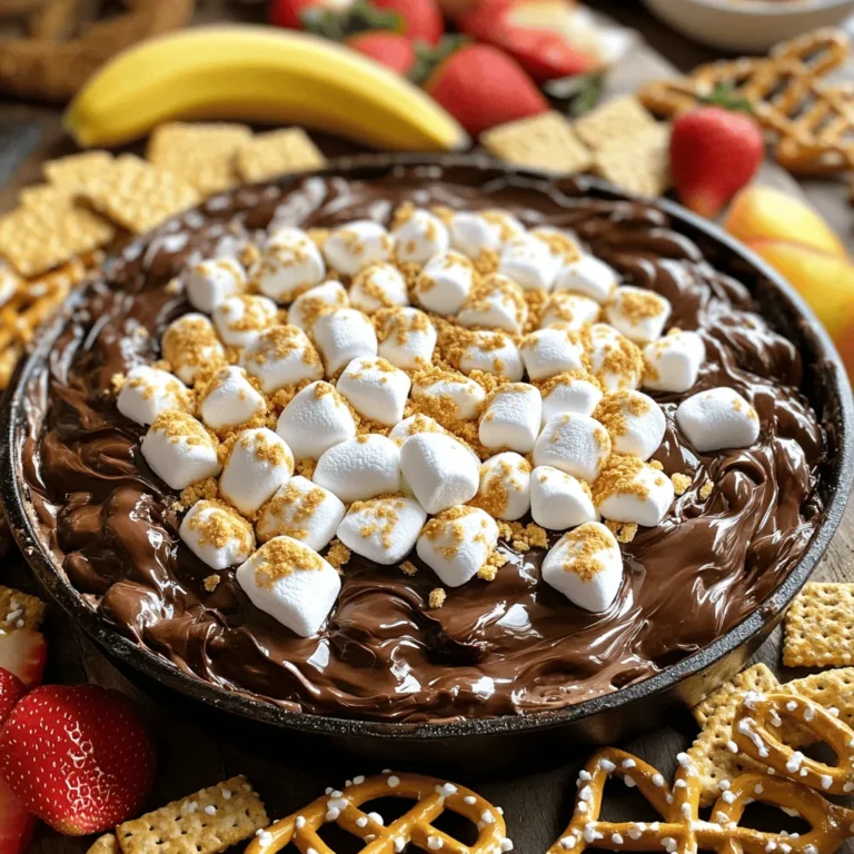 - 1 cup semi-sweet chocolate chips - 1 cup mini marshmallows - 1 tablespoon unsalted butter - 1/2 teaspoon vanilla extract - 1/4 cup crushed graham cracker crumbs - Graham crackers - Pretzels - Sliced fruits (strawberries, bananas) When making S'mores dip, I always start with the main ingredients. Semi-sweet chocolate chips give that rich, sweet flavor. Mini marshmallows add the gooey texture. I use unsalted butter for a creamy base. A touch of vanilla extract brings warmth to the mix. Finally, crushed graham cracker crumbs give a crunchy finish. For dipping, I love using graham crackers. They match perfectly with the dip. Pretzels add a fun salty crunch. Sliced fruits, like strawberries and bananas, offer a fresh touch. You can choose what you like best. There’s no wrong way to enjoy this dip! To see how I bring these ingredients together, check out the Full Recipe. 1. First, preheat your oven to 350°F (175°C). This step is key for the dip. 2. Next, in a medium oven-safe skillet, add the unsalted butter. Melt it over medium heat. Do not let it burn. 3. After the butter melts, take the pan off the heat. Stir in the semi-sweet chocolate chips. Mix until smooth and creamy. 1. Now, add the vanilla extract to your melted chocolate. Stir it in well. 2. Spread mini marshmallows evenly over the chocolate mix. Make sure every bite gets that gooey goodness! 3. Sprinkle crushed graham cracker crumbs on top of the marshmallows. This adds crunch and flavor. 1. Place your skillet in the preheated oven. Bake for about 10-12 minutes. Watch for the marshmallows to puff up and turn golden brown. 2. Once baked, take it out and let it cool for one minute. This prevents burns when serving. For the full recipe, check out the details above. Enjoy your tasty S'mores dip! To make a great s'mores dip, melt the chocolate evenly. I always use a medium heat. Stir the chocolate until smooth. This helps avoid any lumps. For the marshmallows, keep an eye on their browning. You want them golden, not burnt. This adds that perfect toasty flavor. Get creative with how you serve your dip. Try using different dippers. I love using graham crackers and pretzels. Fresh fruits like strawberries and bananas work great too. Each dipper brings a new taste to the mix. It makes sharing fun and interactive. Make your s'mores dip look inviting. Serve it hot in a skillet for a rustic touch. You can also use a decorative bowl. Arrange your dippers around it for a festive look. This adds to the experience and makes it more enjoyable. Use the Full Recipe to guide you through these steps. {{image_4}} You can switch things up with dark chocolate. This adds a richer taste that many love. Try using different flavored marshmallows, too. Options like strawberry or caramel can make the dip even more fun. If you follow a vegan diet, you can still enjoy this treat. Use vegan chocolate chips and marshmallows. For gluten-free options, choose gluten-free graham crackers. These small swaps keep your dip delicious and inclusive for everyone. Enjoy the Full Recipe for more ideas! To store your leftover s'mores dip, let it cool first. Then, place it in an airtight container. This helps keep the dip fresh. You can refrigerate it for up to three days. When ready to eat, you can reheat it. For reheating, use an oven or microwave. If using an oven, preheat it to 350°F (175°C). Place the dip in an oven-safe dish and heat for about 10 minutes. Stir it halfway through to warm it evenly. If using a microwave, heat it in short bursts. Start with 30 seconds and check until hot. When stored properly, s'mores dip lasts about three days in the fridge. After that, the taste and texture may change. You should look for signs of spoilage. If you see any mold or off smells, it’s best to throw it away. Also, if the dip feels dry or hard, it may not be enjoyable. Always check your leftovers before digging in. Keeping it fresh ensures you can enjoy this tasty treat later! You can make S'mores Dip in a few different ways. If you don't have an oven, try using a microwave. To do this, melt the butter in a microwave-safe bowl. Then add the chocolate chips and heat in short bursts, stirring in between. Once smooth, add the marshmallows on top. Heat until the marshmallows puff up. You can also use a stovetop. Just melt the butter in a pan, add the chocolate, and mix until smooth. Then, top with marshmallows and cover until they melt. Yes, you can prepare parts of the dip ahead of time. You can melt the butter and chocolate and mix them. Just store this mixture in the fridge until you’re ready to bake. When you are ready, add the marshmallows and graham cracker crumbs before baking. This saves time and makes serving easy. If you don't have graham crackers, don’t worry! You can use pretzels for a salty twist. Sliced fruits like strawberries and bananas also work well. They add a fresh taste to the dip. You can even try cookies like vanilla wafers or chocolate chip cookies for a fun change. Enjoy the dip with whatever you like! This blog post covered how to make a delicious s'mores dip. We discussed key ingredients, like chocolate chips and marshmallows. Then, we outlined simple steps for preparation and baking. I shared tips for perfecting the dip and creative serving ideas. You can even try fun variations or store leftovers safely. S'mores dip is easy and fun to make. Your friends and family will love it. Enjoy making this sweet treat anytime!