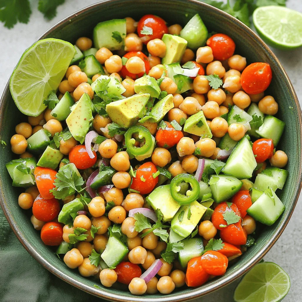 - 1 can (15 oz) chickpeas, thoroughly drained and rinsed - 1 medium cucumber, peeled and diced - 1 cup cherry tomatoes, halved for sweetness - 1 bright red bell pepper, diced into small pieces - 1/4 red onion, finely chopped - 1 fresh jalapeño, deseeded and finely minced - 1 ripe avocado, diced - 1/4 cup fresh cilantro leaves, coarsely chopped - 2 tablespoons extra virgin olive oil - 2 tablespoons fresh lime juice - 1 teaspoon ground cumin - 1 teaspoon smoked paprika - Salt and pepper to taste To make this spicy chickpea salad, you need fresh and vibrant ingredients. I often start with the chickpeas. They are the base of the salad and add protein. Make sure to rinse them well. This helps remove extra salt and enhances their taste. Next, I love adding cucumber. It adds a nice crunch. The cherry tomatoes bring sweetness, while the red bell pepper adds a pop of color and flavor. The red onion gives a punch, but you can adjust it to your liking. For spice, I include jalapeño. This gives the salad a nice kick. If you prefer less heat, you can skip it or reduce the amount. The avocado adds creaminess. It balances the other flavors. Fresh cilantro brightens the salad and gives it a fresh taste. Finally, the dressing combines olive oil, lime juice, cumin, and smoked paprika. This mix ties everything together. The salt and pepper enhance all the flavors. For the full recipe, check out the detailed instructions. Enjoy making your meal! 1. In a large mixing bowl, combine the chickpeas and chopped veggies. You’ll need the cucumber, cherry tomatoes, red bell pepper, red onion, and jalapeño. Mix these ingredients gently. You don’t want to mash the avocado yet. 2. In a small bowl, whisk together the olive oil, lime juice, cumin, and smoked paprika. Add a pinch of salt and pepper to taste. This dressing brings all the flavors together. 3. Drizzle the dressing over the salad mixture. Use large spoons or tongs to toss everything together. Make sure each piece of food is coated well. - When combining, be gentle with the avocado. You want chunks, not mush. - Ensure that the dressing coats every ingredient. This gives the salad a burst of flavor in each bite. For the full recipe, check out the detailed instructions above. Enjoy making this zesty salad! To make your spicy chickpea salad shine, adjust the seasoning. A splash of lime juice can boost the taste. Salt also helps bring out the flavors of the ingredients. Always use fresh ingredients for the best flavor. Fresh herbs and ripe veggies make a big difference. They add brightness and crunch to your dish. Serve your salad in a rustic wooden bowl for a charming look. This adds warmth to your table. You can also use vibrant plates to make the dish pop. Garnish with extra cilantro and lime wedges. This not only looks nice but invites guests to add more zing. A well-presented salad makes every meal special. For the complete spicy chickpea salad recipe, check out the [Full Recipe]. {{image_4}} You can make this spicy chickpea salad even better by adding protein. Here are two great ideas: - Grilled chicken or shrimp: Both options add a tasty kick and extra protein. They elevate the meal and keep you full longer. - Feta cheese: This creamy cheese adds a salty flavor. It pairs well with the other fresh ingredients. Sometimes, you might want to change things up. Here are some easy swaps you can try: - Red onion substitute: Swap red onion for green onions or shallots. They offer a milder taste while still adding a nice crunch. - Grain-based variation: Use quinoa instead of chickpeas for a different texture. Quinoa adds a nutty flavor and makes the salad more filling. Feel free to mix and match these ideas. You can create your own version of this energetic salad. For the full recipe, check out the details above! Store your leftover spicy chickpea salad in an airtight container. This keeps it fresh and tasty. Place it in the fridge and enjoy it within 2-3 days. The flavors will stay bright, and the ingredients will remain crisp during this time. Freezing this salad is not recommended due to the avocado. When frozen, the avocado can become mushy and lose its creamy texture. It is best enjoyed fresh, so make just enough for your meal. If you have leftovers, eat them quickly for the best taste and texture. Can I make this salad ahead of time? Yes, you can make this salad ahead of time. It tastes even better after the flavors mix. Just keep it in the fridge. Avoid adding avocado until serving time. This keeps it fresh and green. What can I substitute for chickpeas? If you cannot find chickpeas, use black beans or lentils. Both options work well. They add protein and taste great with the other ingredients. Is the salad vegan-friendly? Yes, this salad is entirely vegan. It contains no animal products. You can enjoy it as a healthy meal or side dish. Calories per serving and macronutrient breakdown This salad has about 200 calories per serving. Each serving includes: - Protein: 8 grams - Carbohydrates: 25 grams - Fat: 10 grams These numbers may vary based on ingredient choices. Health benefits of chickpeas and fresh ingredients Chickpeas are a great source of protein and fiber. They help keep you full. Fresh veggies add vitamins, minerals, and antioxidants. This salad supports a healthy diet. Best served chilled or at room temperature I recommend serving this salad chilled. It tastes fresh and crisp. If you let it sit for a while, it mixes flavors beautifully. Pair with grilled meats or as a standalone dish This salad is perfect with grilled chicken or fish. You can also enjoy it alone as a light meal. It’s filling and packed with flavor. For the full recipe, check the earlier section. This post shared a fresh and vibrant salad recipe. It highlights the key ingredients and simple steps. You learned how to enhance flavors and present the dish beautifully. Remember, fresh ingredients make a big difference. You can easily customize the salad by adding protein or swapping ingredients. Store leftovers wisely to keep them fresh. Enjoy this healthy salad chilled, and feel free to make it your own! This simple dish packs a tasty punch for any occasion.