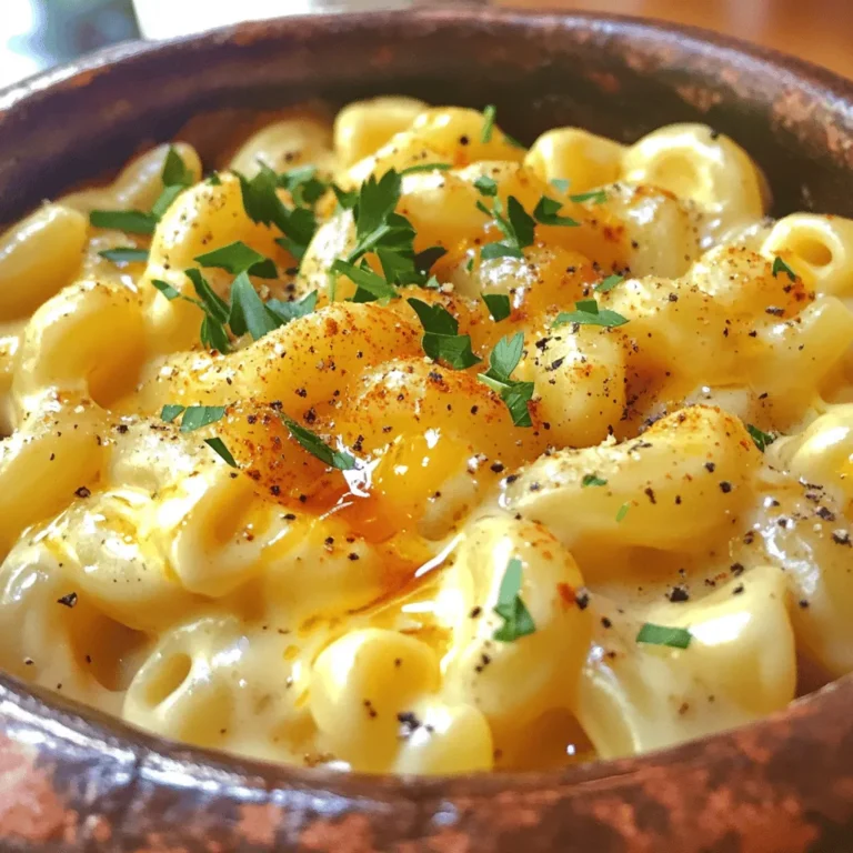 - 8 oz elbow macaroni - 2 tablespoons unsalted butter - 2 tablespoons all-purpose flour - 2 cups milk (whole or 2%) - 1 cup sharp cheddar cheese, shredded - 1 cup mozzarella cheese, shredded - 1/2 cup cream cheese, softened - 2 tablespoons honey - 1 teaspoon black pepper (adjust to taste) - 1/2 teaspoon paprika - Salt to taste - Chopped fresh parsley for garnish When I create my Creamy Honey Pepper Mac and Cheese, I start with these simple ingredients. Each one plays a key role in making this dish rich and flavorful. The elbow macaroni provides the perfect base. The combination of cheddar and mozzarella cheese gives it that gooey, creamy texture that everyone loves. You can easily customize this dish. If you want a different flavor, try gouda or pepper jack cheese instead. For those who need gluten-free options, use gluten-free pasta. If you are avoiding dairy, swap cream cheese and milk for dairy-free versions. This way, everyone can enjoy this creamy delight, no matter their diet! For the full recipe, check out the complete steps and tips. First, grab a large pot and fill it with water. Add salt to the water, then bring it to a boil. Once the water is bubbling, add 8 oz of elbow macaroni. Cook it according to the package instructions until it is al dente. This usually takes around 7-9 minutes. After cooking, drain the pasta in a colander and set it aside. Make sure it is not sticky. In the same pot, keep the heat on medium. Add 2 tablespoons of unsalted butter and let it melt completely. Next, sprinkle in 2 tablespoons of all-purpose flour. Whisk this mix for about 1-2 minutes until it turns a light golden color. Now, slowly pour in 2 cups of milk while whisking. Keep stirring to avoid lumps. Cook this mixture for about 4-5 minutes until it thickens and simmers. Lower the heat to the lowest setting. Add 1 cup of sharp cheddar cheese, 1 cup of mozzarella cheese, and 1/2 cup of softened cream cheese. Stir until all the cheese melts, creating a smooth sauce. Now it's time to make it sweet and spicy. Mix in 2 tablespoons of honey, 1 teaspoon of black pepper, and 1/2 teaspoon of paprika. Taste and add salt as needed. Gently fold the drained macaroni into the cheese sauce, making sure every piece is well coated. Use a ladle to portion the creamy mac and cheese into bowls. For a pretty finish, sprinkle chopped fresh parsley on top. This adds a nice color and flavor. If you want to see the full recipe, check out the complete guide on Creamy Honey Pepper Mac and Cheese. Cooking pasta al dente is key. This means the pasta should be firm when bitten. It holds up better in the sauce. If you cook it too soft, it turns mushy. I always check the package for the right time. For creaminess, adjust the cheese quantities. If you like it extra cheesy, add more sharp cheddar or mozzarella. Each cheese brings a unique taste and texture. Cream cheese also helps make it smooth and velvety. To boost the flavor, consider adding spices. A pinch of garlic powder or onion powder can make a big difference. Paprika adds a nice touch as well. Fresh herbs can elevate the dish. Try adding chopped basil or thyme. They bring freshness and brightness. You can mix the herbs right into the cheese sauce for extra flavor. Serving suggestions matter. Use charming bowls for a rustic look. You can also portion it onto plates for a fancier vibe. Drizzle honey and cracked black pepper on top before serving. This adds a sweet and spicy touch. It also makes the dish look beautiful. A sprinkle of fresh parsley finishes it off nicely, making it pop with color. For the Full Recipe, check out the details to create this creamy delight! {{image_4}} You can change up the taste of your creamy honey pepper mac and cheese. One great way is to add cooked bacon or ham. The salty meat gives a nice contrast to the sweet honey. Just chop it up and stir it into the cheese sauce. Mixing in vegetables also adds flavor and color. Think about using spinach or jalapeños. Spinach adds a nice earthiness, while jalapeños can bring a spicy kick. You can cook these veggies lightly before adding them to the mix. This way, they blend well with the creamy sauce. If you want a plant-based dish, you can make vegan options. Use cashew cheese or nutritional yeast instead of dairy cheese. Almond milk or coconut milk works well too. These swaps keep the creamy texture and add flavor. For a low-carb version, try using cauliflower instead of pasta. Steam the cauliflower until it's tender. Then, mix it into the cheese sauce. This gives you a tasty meal without the carbs from pasta. You can also change how you serve this dish. For a crispy top, bake it in the oven. After mixing the pasta with the sauce, pour it into a baking dish. Top it with breadcrumbs or extra cheese and bake until golden. If you want to keep it simple, serve it as a side dish. It pairs well with grilled chicken or a fresh salad. You can also make it a main course by adding a protein like chicken or shrimp. For the complete recipe, check out the Full Recipe link. To keep your creamy honey pepper mac and cheese fresh, cool it down first. Let it sit at room temperature for about 30 minutes. Once cool, pack it in an airtight container. This will help keep it tasty. I recommend using glass or plastic containers with tight lids. These work well to keep out air and moisture. When you're ready to enjoy your leftovers, reheating is key. You don't want your mac and cheese to dry out. The best way is to use a stovetop. Place the mac and cheese in a pan with a splash of milk. Heat over low heat while stirring. This keeps it creamy and delicious. If you choose the microwave, cover the bowl with a damp paper towel. Heat in short bursts, stirring in between to prevent drying. You can freeze creamy honey pepper mac and cheese for later. First, let it cool completely. Then, scoop it into freezer-safe bags or containers. Press out as much air as you can before sealing. When it’s time to eat, thaw it in the fridge overnight. To reheat, follow the stovetop method for best results. This way, you will get that creamy texture back! You can add heat to your mac and cheese in fun ways. One easy method is to use hot sauce. Try a splash of your favorite sauce when mixing in the cheese. You can also add chopped jalapeños for a fresh kick. If you want more flavor, try crushed red pepper flakes. Start with a small amount and taste as you go. This way, you can find the perfect level of spice for your dish. Yes, you can prep this dish ahead of time. Cook the pasta and make the cheese sauce. After mixing, let it cool and store it in the fridge for up to two days. When you’re ready to eat, just reheat it on the stove or in the oven. If it seems thick, add a splash of milk to loosen it up. This will help keep it creamy and delicious. Creamy Honey Pepper Mac and Cheese pairs nicely with many side dishes. A simple green salad adds freshness. Roasted vegetables bring a nice crunch and flavor contrast. You could also serve it with grilled chicken for a heartier meal. For a fun twist, try it with garlic bread for extra comfort. These sides will make your meal even more tasty. For the complete recipe of Creamy Honey Pepper Mac and Cheese, visit [Full Recipe]. This blog post covered everything you need to make Creamy Honey Pepper Mac and Cheese. We discussed the key ingredients, simple steps, and tips to perfect the dish. You learned how to substitute ingredients and variations to fit different diets. Remember to store leftovers properly and reheat them carefully. Enjoy experimenting with flavors and serving styles. This mac and cheese can be a hit at any meal, whether as a side or the main dish. Your kitchen adventure awaits!