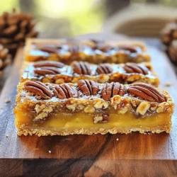 - 1½ cups all-purpose flour - ½ cup unsalted butter, softened to room temperature - ¼ cup packed brown sugar - ½ teaspoon fine salt - ½ teaspoon baking powder - 1 cup pecans, roughly chopped - 1 cup pure maple syrup - 2 large eggs, at room temperature - 1 teaspoon pure vanilla extract - ½ teaspoon ground cinnamon - ¼ teaspoon ground nutmeg (optional) I love using fresh ingredients for my Maple Pecan Pie Bars. Each one plays a key role in making this dessert shine. First, the *all-purpose flour* holds everything together. It gives the crust its nice texture. The *butter* adds richness, while the *brown sugar* brings a sweet, caramel-like flavor. *Salt* enhances all the flavors. *Baking powder* helps the crust rise slightly for a light bite. The *pecans* add crunch and nutty taste, making each bar special. The *pure maple syrup* is the star here. It gives sweetness and a deep flavor to the filling. Using *large eggs* helps bind the filling, making it smooth. *Vanilla extract* adds warmth, while *ground cinnamon* gives a hint of spice. If you want more warmth, add the *ground nutmeg*. This spice is optional but makes a great addition. With these ingredients, you create a sweet and satisfying treat. For the complete recipe, check out the Full Recipe section! Start by preheating your oven to 350°F (175°C). This step is key for even baking. Grab a 9x9-inch baking pan. Lightly grease it or line it with parchment paper. This will help you lift the bars out easily later. In a medium bowl, mix together the softened butter, brown sugar, fine salt, and all-purpose flour. Use a fork or pastry cutter to blend these until you see a crumbly texture. Next, add the baking powder and mix it well. Press this crumbly mixture into the bottom of your baking pan. Make sure it forms an even layer. In a larger bowl, whisk together the pure maple syrup, eggs, vanilla extract, ground cinnamon, and ground nutmeg, if you choose to use it. Mix until everything is smooth and combined. Add the roughly chopped pecans and gently fold them in. This helps spread the pecans evenly throughout the filling. Pour the pecan filling over the pre-baked crust. Use a spatula to spread it out evenly. Place the pan back in the oven and bake for 25-30 minutes. You want the filling to set and bubble a bit around the edges. Once it's done, take it out and let it cool on a wire rack for at least 30 minutes. This cooling step helps the bars firm up. Now, you have a delicious treat ready to slice! Check the [Full Recipe] for more details. To make a great crust, use cold butter. This keeps the crust flaky. Mix the butter with brown sugar first. Then, mix in the flour, salt, and baking powder. Press the mixture firmly into the pan. This helps keep it from falling apart. Bake until it is light golden brown. Let it cool before adding the filling. This step is key for a tasty base. To cut your bars neatly, allow them to cool completely. Use a sharp knife to slice them. Wipe the knife with a damp cloth after each cut. This keeps the edges clean. For even pieces, mark where you will cut before slicing. You can also use a ruler to measure equal sizes if you want. This way, everyone gets a fair share! You can boost flavor with a few extra ingredients. A pinch of sea salt on top adds a nice touch. You can also mix in chocolate chips for sweetness. If you like warmth, add ground nutmeg. Another great option is to sprinkle in some orange zest. This adds a fresh twist to the bars. Feel free to experiment and find your favorite mix. Check the Full Recipe for more ideas! {{image_4}} You can switch up the nuts in your bars. If you love almonds, use them instead of pecans. Walnuts also add a nice taste. You can chop them up just like the pecans. This change gives your bars a new twist. Each nut brings its own flavor and crunch. Experimenting with nuts lets you find your favorite mix. Want to make your bars extra special? Try adding chocolate or caramel. You can sprinkle chocolate chips on top of the pecan filling before baking. Dark or milk chocolate works great. For caramel, drizzle it over the baked bars once they cool. This adds a rich and sweet layer. Both options make your dessert even more delightful. If you need a gluten-free option, it’s simple! Just swap the all-purpose flour for a gluten-free blend. Many blends work well in baking. Ensure the blend has a good mix of flours and starches. This change keeps the bars tasty while meeting dietary needs. You won’t miss the traditional flour at all! For the full recipe, check out the [Full Recipe]. To keep your maple pecan pie bars fresh, store them in an airtight container. Line the container with parchment paper. This will help prevent the bars from sticking. If you want to keep the bars crispy, avoid wrapping them tightly in plastic. When stored correctly, these bars last about 4 to 5 days at room temperature. If you keep them in the fridge, they will stay fresh for up to a week. Just remember to let them come back to room temperature before serving for the best taste. You can freeze maple pecan pie bars for longer storage. First, slice them into bars and let them cool completely. Wrap each bar in plastic wrap, then place them in a freezer bag. They can last for up to 3 months in the freezer. When ready to enjoy, thaw them in the fridge overnight or at room temperature for a few hours. This will help keep the flavors intact. Yes, you can make these bars ahead of time. They store well in the fridge for up to five days. Just let them cool completely before slicing. Then, place them in an airtight container. For longer storage, you can freeze them for up to three months. Just remember to wrap them tightly in plastic wrap before placing them in a freezer bag. Thaw them in the fridge overnight when ready to enjoy. If you need a substitute for maple syrup, you can use honey or agave nectar. Both options work well for sweetness. You can also use corn syrup, though it has a different flavor. If you want a deeper taste, try brown sugar mixed with water. Mix one cup of brown sugar with a quarter cup of water. Heat it until the sugar dissolves. This mix gives a nice, rich flavor to your bars. To check if the bars are done, look for these signs. The filling should be set and slightly bubbly around the edges. You can also gently shake the pan; if the center wiggles a little, it needs more time. Bake it for another few minutes, then check again. A toothpick inserted should come out mostly clean with a few moist crumbs. This way, you ensure the bars have the right texture. For the full recipe, check the earlier section! In this post, we explored how to make delicious Maple Pecan Pie Bars. We covered layers from the ingredients list to detailed baking steps. I shared tips for a perfect crust and neat cutting. You can even try fun variations, like using different nuts or adding chocolate. Always store your bars properly to keep them fresh. With these easy steps, you can impress friends and family with your baking skills. Enjoy your sweet treat!