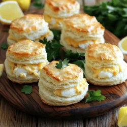 - 2 cups all-purpose flour - 1 tablespoon baking powder - ½ teaspoon garlic powder - ½ teaspoon onion powder - 1 teaspoon salt - ½ teaspoon black pepper - ½ cup cold unsalted butter, cubed - 1 cup shredded sharp cheddar cheese - ¾ cup buttermilk - 1 cup lump crab meat - ⅓ cup cream cheese - 1 tablespoon fresh lemon juice - 2 tablespoons chopped fresh parsley - 1 tablespoon Old Bay seasoning For this recipe, each ingredient plays a key role. The all-purpose flour gives structure. Baking powder helps the biscuits rise. Garlic and onion powders add flavor. Salt and black pepper enhance the taste. Cold butter keeps the biscuits flaky. Sharp cheddar cheese gives a rich flavor. Buttermilk adds moisture and tang. Lump crab meat is the star of the show. Cream cheese adds creaminess to the filling. Lemon juice brightens the flavors. Fresh parsley adds color and freshness. Old Bay seasoning gives that classic seafood kick. - Alternatives for crab meat: You can use shrimp or lobster if you prefer. - Vegan options for cream cheese: Look for plant-based cream cheese at your local store. - Gluten-free flour choices: Use a gluten-free all-purpose blend for a similar texture. These substitutions keep the dish tasty for various diets. You still get delicious flavors and a fun meal. Enjoy experimenting with these options! To start, preheat your oven to 425°F (220°C). This heat will help your biscuits rise and get golden. Next, line your baking sheet with parchment paper. This will keep your biscuits from sticking. Now, let’s mix the dry ingredients. In a big bowl, whisk together: - 2 cups all-purpose flour - 1 tablespoon baking powder - ½ teaspoon garlic powder - ½ teaspoon onion powder - 1 teaspoon salt - ½ teaspoon black pepper Make sure everything is mixed well. This step is important for even flavor in your biscuits. Now, it’s time to add some rich flavor. Take your cold, cubed butter, about ½ cup, and mix it into the flour mixture. You can use a pastry cutter or your fingers. Mix until the texture feels like coarse crumbs. You want to see small pieces of butter. Next, stir in 1 cup of shredded sharp cheddar cheese. Make sure it spreads throughout the flour mix. It adds a nice cheesy flavor. Then, pour in ¾ cup of buttermilk. Mix gently until your dough forms. Don’t overmix! You want it to be soft but not sticky. Now, let's make the crab filling. In a separate bowl, combine: - 1 cup lump crab meat - ⅓ cup cream cheese - 1 tablespoon fresh lemon juice - 2 tablespoons chopped fresh parsley - 1 tablespoon Old Bay seasoning Gently fold these ingredients together. Be careful not to break the crab meat too much. Next, lightly flour a clean surface. Turn out your biscuit dough and knead it a few times until smooth. Roll it out to about ¾-inch thick. Using a round cutter, cut out biscuit shapes. You should get about 10 biscuits. Place half on your baking sheet. Spoon a generous tablespoon of the crab mixture onto each biscuit. Then, place the remaining biscuit rounds on top. Press the edges gently to seal them. Bake in your preheated oven for 15-18 minutes. Look for golden tops and cooked-through biscuits. For a tasty finish, brush melted butter on top after baking. Enjoy your crab stuffed cheddar bay biscuits warm, bursting with flavor! For the complete details, check the Full Recipe for all instructions and tips. To make flaky biscuits, keep your butter cold. This helps create layers in the dough. Use a pastry cutter to mix in the butter. Do not overmix the dough. It should be soft but not sticky. For timing, bake at 425°F (220°C). This high heat gives a nice rise. Check them after 15 minutes. If they are golden brown, they are ready. Every oven is different, so watch closely. To boost flavor, try adding spices. A pinch of cayenne pepper adds a nice kick. Fresh herbs like thyme or dill can brighten the taste. Consider adding a bit of lemon zest for a fresh twist. To elevate the crab flavor, use high-quality crab meat. Lump crab gives more texture. You can also add a splash of Worcestershire sauce to the crab mix for depth. Serve the biscuits warm on a nice platter. Garnish with chopped parsley for color. Lemon wedges add a fresh touch and flavor boost. Pair these biscuits with a creamy dip. A simple garlic aioli or lemon butter sauce pairs well. It enhances the crab flavor and makes each bite special. If you follow the Full Recipe, you’ll impress your guests with both taste and presentation. {{image_4}} You can easily change the filling. Try using shrimp or lobster instead of crab. Both seafood options bring new tastes. Lobster adds a rich, sweet flavor. Shrimp gives a nice texture and is quick to cook. For a vegetarian twist, use chopped mushrooms or spinach. Cream cheese and herbs can create a creamy filling. This way, everyone can enjoy a tasty biscuit! You can also play with the biscuit base. Swap out the cheddar for other cheese types. Gruyère or pepper jack can add unique flavors. They both melt well and pair nicely with crab. For a fun twist, make mini biscuits. These make great appetizers for parties. Just cut the dough into smaller rounds and fill them with your favorite stuffing. Let’s explore flavors from different cuisines. Adding spices like curry or cumin can transform the dish. You can also try using fresh herbs like basil or cilantro. Each herb brings its own special taste to the biscuits. Seasonal variations can include vegetables, too. Try adding roasted corn or diced bell peppers. This keeps the dish fresh and exciting all year round! To keep your crab stuffed cheddar bay biscuits fresh, store them properly. Place any leftovers in an airtight container. Make sure they cool down before sealing. This way, they won't get soggy. For freezing biscuit dough, wrap it well in plastic wrap. Then, put it in a freezer bag. This helps avoid freezer burn. You can freeze the dough for up to three months. When you're ready to bake, just thaw in the fridge overnight. To reheat your biscuits, the oven is your best friend. Preheat it to 350°F (175°C). Place the biscuits on a baking sheet. Heat them for about 10-15 minutes. This keeps them crispy. If you're in a hurry, the microwave works too. Heat them for about 30 seconds. But remember, the texture may change. The oven gives better results. In the fridge, these biscuits last about 3 days. Make sure they're in a sealed container. In the freezer, they can last up to three months. Watch out for signs of spoilage. If you see mold or notice a bad smell, it's time to toss them. Always trust your senses when it comes to food safety. How to make the biscuits fluffier? To make your biscuits fluffier, use cold butter. Cold butter helps create air pockets. When you mix it in, stop when you see pea-sized lumps. Also, don’t overmix the dough. Just mix until it comes together for the best results. What’s the best way to pick crab meat? When picking crab meat, look for lump crab meat. Check for shells and cartilage. Gently break apart the meat with your fingers. This keeps the meat in larger pieces for better texture in your dish. Why are my biscuits too dense? If your biscuits are dense, you may have overmixed the dough. Mix just until combined. Also, ensure your baking powder is fresh. Old baking powder can cause biscuits to rise poorly. What to do if the crab filling is too salty? If your crab filling is too salty, add more cream cheese. This will help balance the flavors. You can also add a squeeze of lemon juice for a fresh taste that cuts through the salt. Can I make these biscuits ahead of time? Yes, you can make the biscuit dough ahead of time. Just wrap it tightly and store it in the fridge. When you’re ready, roll it out and fill it with crab mixture before baking. How can I modify the recipe for dietary restrictions? To make these biscuits gluten-free, use a gluten-free flour blend. For a dairy-free option, find a vegan butter and cream cheese. These changes let everyone enjoy this tasty treat! For the full recipe, check out the Full Recipe section above! This blog shared everything you need to create delicious crab biscuits. We covered ingredients, step-by-step instructions, and helpful tips for great results. You learned about variations, storage, and how to troubleshoot common issues. Crab biscuits are tasty and versatile. Use different seafood or cheese to mix things up. Enjoy these treats fresh, or store leftovers wisely. I hope you take these ideas and make your own crab biscuits soon!