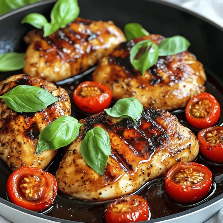 - 4 boneless, skinless chicken breasts - 1/2 cup balsamic vinegar - 1/4 cup honey - 2 tablespoons olive oil - 4 cloves garlic, minced - 1 teaspoon Dijon mustard - 1/2 teaspoon salt - 1/4 teaspoon black pepper - 1 teaspoon dried Italian herbs (or fresh if available) - Fresh basil leaves for garnish - Optional: 1 cup cherry tomatoes, halved Using these ingredients makes the dish rich in flavor. Balsamic vinegar adds a tangy taste, while honey balances it with sweetness. The chicken breasts are tender and juicy when cooked right. Garlic and Dijon mustard enhance the overall flavor profile. You can easily adjust the recipe. Try adding different herbs or spices to suit your taste. Fresh basil and cherry tomatoes add color and freshness. They also make the dish look appealing. For the full recipe, check out the detailed steps. This will make it easy for you to create this delightful meal! Start by grabbing a medium-sized bowl. In it, combine: - 1/2 cup balsamic vinegar - 1/4 cup honey - 2 tablespoons olive oil - 4 cloves garlic, minced - 1 teaspoon Dijon mustard - 1/2 teaspoon salt - 1/4 teaspoon black pepper - 1 teaspoon dried Italian herbs Whisk these ingredients together until they blend well. You will create a fragrant marinade that will coat your chicken perfectly. Next, take your chicken breasts and place them in a resealable plastic bag or a shallow dish. Pour the marinade over the chicken. Make sure each piece is well coated. Seal the bag tightly, or cover the dish with plastic wrap. Let your chicken marinate in the fridge for at least 30 minutes. If you have time, marinating for up to 4 hours will deepen the flavors. Marinating is key. It allows the chicken to soak up all the delicious flavors of the marinade, making it tender and juicy. Now it's time to cook! Preheat your grill or a large skillet over medium heat. If you use a skillet, add a little olive oil to help with sticking. Remove the chicken from the marinade, letting the excess drip off. Set aside the leftover marinade for later use. Cook the chicken for about 6-7 minutes on each side. To check if it's done, the internal temperature should reach 165°F. The juices should run clear when you cut into it. Using these steps, you will create a flavorful balsamic glazed chicken that impresses every time. For the full recipe, check out the details above! To get the best flavors, marination is key. Use a large mixing bowl. Combine balsamic vinegar, honey, olive oil, minced garlic, Dijon mustard, salt, black pepper, and dried herbs. Whisk until smooth. This mix creates a tasty marinade. Make sure to coat each chicken breast well. Place the chicken in a sealed bag or shallow dish. Let it marinate for at least 30 minutes. If you can, let it sit for up to 4 hours. The longer it sits, the better the taste. After marinating, don’t throw away the leftover marinade. You can use it to make a glaze. Heat it in a saucepan. Simmer it gently to thicken. This adds more flavor to your dish. Resting chicken is very important. It helps keep the meat juicy and tender. After cooking, let the chicken rest for about 5 minutes. This time allows the juices to spread out inside the chicken. If you skip this step, the meat can dry out. So, be patient. The wait will make a big difference when you serve it. Presentation makes your meal look special. To plate the chicken, slice it into pieces. Arrange the slices on a large platter. Drizzle the thickened balsamic glaze over the chicken. You can add halved cherry tomatoes around the chicken for color. A few fresh basil leaves on top give a nice touch. Serve with steamed veggies or a light salad for a complete, inviting meal. Enjoy creating this delightful dish with these tips! For the full recipe, check out the [Full Recipe] section. {{image_4}} You can change the taste of balsamic glazed chicken easily. Adding different herbs or spices can bring new life to the dish. For instance, try rosemary or thyme for a strong, earthy flavor. You can also use paprika for a smoky hint. Incorporating citrus is another great way to add zest. Squeeze fresh lemon or orange juice into the marinade. This brightens the flavors and adds a fresh twist. Citrus balances the sweetness of the honey and the tang of the balsamic vinegar. Pairing your chicken with side dishes makes a complete meal. Steamed vegetables, like broccoli or green beans, work well. They add color and nutrition to your plate. You could also serve it with a fluffy rice or creamy polenta for a comforting touch. Transforming the chicken into a salad is a fun option, too. Slice the cooked chicken and toss it on a bed of mixed greens. Add cherry tomatoes and sliced cucumbers for crunch. Drizzle the balsamic glaze on top for a fresh and tasty salad. You can use the balsamic glaze in other dishes. It works well on roasted vegetables or grilled fish, adding a sweet and tangy flavor. Drizzle it over a cheese platter or use it to marinate shrimp for a quick meal. Creative leftovers ideas can also make the dish last longer. Chop leftover chicken and mix it into pasta or quinoa. You can make a hearty sandwich with the chicken, adding lettuce and tomato for freshness. These ideas keep your meals exciting and reduce waste. To keep your leftover chicken fresh, follow these best practices: - Refrigeration: Place the chicken in an airtight container. This keeps it moist and prevents odors. Store it in the fridge within two hours of cooking. - Freezing: If you have more leftovers, wrap the chicken tightly in plastic wrap and then in aluminum foil. This helps prevent freezer burn. You can freeze it for up to three months. When reheating your chicken, you want to keep it moist. Here are some methods: - Oven: Preheat your oven to 350°F (175°C). Place the chicken in a baking dish with a splash of water or broth. Cover it with foil to trap steam. - Microwave: Use a microwave-safe dish. Add a little water and cover it with a damp paper towel. This will help keep moisture in. Reheat the chicken until it reaches an internal temperature of 165°F (75°C). Leftover balsamic glazed chicken can last in the fridge for about 3 to 4 days. Here are signs of spoilage to watch for: - Off-smell: If it smells sour or strange, it’s best to toss it. - Texture changes: If the chicken feels slimy or sticky, that’s a bad sign. - Color changes: If you see any green or gray spots, discard the chicken immediately. By following these storage tips, you can enjoy your balsamic glazed chicken for days to come! For the full recipe, check out the Balsamic Glazed Chicken Delight. To make balsamic glazed chicken, follow these key steps: 1. Mix the Marinade: Combine balsamic vinegar, honey, olive oil, minced garlic, Dijon mustard, salt, pepper, and herbs in a bowl. 2. Marinate the Chicken: Place chicken breasts in a bag, pour the marinade over, and refrigerate for at least 30 minutes. 3. Cook the Chicken: Heat a grill or skillet and cook the chicken for 6-7 minutes per side. 4. Reduce the Marinade: Simmer the leftover marinade to make a glaze. 5. Serve: Slice the chicken and drizzle with the balsamic glaze. This process creates a juicy, flavorful dish that’s sure to impress. Yes, you can use different vinegars. Here are some options: - Red Wine Vinegar: Offers a similar tang. - Apple Cider Vinegar: Adds a fruity note. - Rice Vinegar: Provides a milder taste. Adjust the sweetness by adding more honey if you use a sharper vinegar. This keeps your dish balanced and tasty. Balsamic glazed chicken pairs well with many sides. Here are some popular choices: - Steamed Vegetables: Broccoli or green beans add color and nutrition. - Rice or Quinoa: These grains soak up the glaze nicely. - Light Salad: A fresh salad with greens and vinaigrette complements the dish well. Feel free to mix and match your favorites for a delightful dinner. Balsamic glazed chicken is a simple and tasty dish. You learned the main ingredients: chicken, balsamic vinegar, and honey. We walked through steps for marinating, cooking, and making it flavorful. Remember to rest the chicken for juiciness and try fun variations for unique flavors. Store leftovers properly to enjoy later. This dish shines with sides that balance its sweetness. Now, you can make a meal that impresses everyone! Enjoy cooking and make your flavor journey fun!