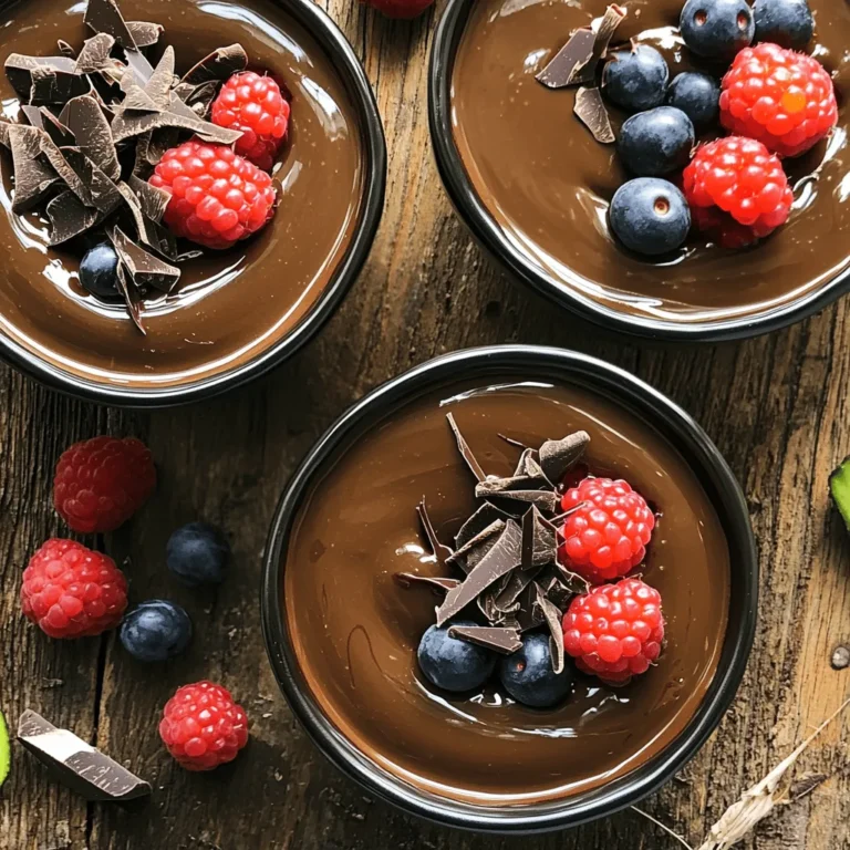 - 2 ripe avocados, halved and pitted - 1/4 cup unsweetened cocoa powder - 1/4 cup pure maple syrup or honey - 1/4 cup almond milk or milk of your choice - 1 teaspoon vanilla extract - A pinch of sea salt - Optional toppings: shaved dark chocolate, fresh berries, or chopped nuts You can adjust the sweetness of your pudding. If you want it sweeter, add more maple syrup or honey. You can also use different sweeteners, like agave syrup. For a dairy-free option, stick with almond milk. Other plant-based milks work well, too! Coconut milk or oat milk are great choices. Avocados bring many health benefits. They are full of healthy fats, which help your heart. They also have fiber, vitamins, and minerals. Cocoa powder is rich in antioxidants. It can boost your mood and help with heart health. Plus, it adds a rich chocolate flavor! Combining these two makes for a tasty and healthy dessert. - Slicing and pitting: Start by taking your ripe avocados. Use a knife to slice them in half. Be careful not to cut too deep. Once halved, twist the two halves to separate them. Use a spoon to gently remove the pit. - Scooping out the flesh: Grab a spoon and scoop the creamy flesh from each half. Make sure to get all of it. Place the avocado flesh into your food processor. This will be the base of your pudding. - Combining in the food processor: Now, add your other ingredients to the food processor. Include the cocoa powder, maple syrup or honey, almond milk, vanilla extract, and sea salt. - Achieving a smooth texture: Blend all the ingredients on high speed. Watch as they come together. You want a silky, smooth texture. If you see any bits stuck to the sides, stop the blender. Use a spatula to scrape them down, then blend again. - Tasting and tweaking sweetness: Once blended, taste your pudding. Is it sweet enough for you? If not, add a little more maple syrup or honey. Blend again for a few seconds. - Importance of incorporating adjustments: Getting the flavor just right is key. Don’t rush this step. Adjusting the sweetness ensures that every bite is delicious. Enjoy the process of making it just how you like it! To get the best texture for your chocolate avocado pudding, pay attention to the blending time. Blend the mixture until it's silky and smooth. This usually takes about one to two minutes. Don’t forget to use a spatula to scrape down the sides of your blender. This helps mix everything evenly and ensures no avocado chunks remain. You can make your pudding more exciting by adding extra flavors. A splash of espresso gives it a rich depth. You can also try a tiny pinch of chili powder for a fun kick. Always use high-quality cocoa powder. It makes a big difference in taste and makes your pudding taste decadent. Serving your pudding nicely makes it even more enjoyable. Use small bowls or glasses to show off the creamy texture. Chill the pudding for at least 30 minutes before serving. This makes it taste even better. For a pop of color, garnish with shaved dark chocolate, fresh berries, or chopped nuts. These add texture and visual appeal, making your dessert look like a treat from a fancy restaurant. {{image_4}} You can make this pudding your own with some fun changes. Try using different sweeteners. Agave syrup or stevia can add a unique twist. Each sweetener brings its own flavor. You can also mix in extra flavorings. Hazelnut spread adds a nutty taste, while a drop of mint extract gives a fresh kick. These small tweaks can change the whole vibe of your dessert. Want to make it vegan? Just swap the honey for maple syrup. This keeps the pudding creamy and delicious. It’s also easy to make gluten-free. All the ingredients are naturally gluten-free. You can enjoy this treat without worry, no matter your diet. Let’s talk toppings! Fresh fruit makes a great choice. You can use strawberries, raspberries, or bananas. They add color and flavor. Crunchy toppings can also be fun. Try adding granola or chopped nuts for a great texture. These toppings not only look pretty but also add a tasty crunch. Remember, the full recipe has more tips for serving! To keep your chocolate avocado pudding fresh, use airtight containers. Glass jars or plastic containers work well. Store the pudding in the fridge for up to 3 days. This keeps it creamy and tasty. You can freeze the pudding if you have leftovers. Put it in a freezer-safe container. Make sure to leave some space at the top since it will expand. To enjoy it later, thaw the pudding in the fridge overnight. This helps maintain the flavor and smooth texture. Check for any changes in color or smell to see if the pudding is bad. If it turns brown or smells sour, it’s time to toss it. To extend shelf life, always use clean utensils and avoid double-dipping. This keeps the pudding fresh and safe to eat. For the full recipe, check out the earlier sections. Yes, you can prepare chocolate avocado pudding ahead of time. This allows for easy meal prep. Just store it in airtight containers. Keep it chilled in the fridge until you are ready to serve. This pudding tastes even better after sitting for a bit. The flavors blend well, creating a richer taste. Yes, chocolate avocado pudding is vegan and dairy-free. The main ingredients are ripe avocados, cocoa powder, and maple syrup. Almond milk or any plant-based milk works well too. This recipe contains no animal products. This makes it a great dessert for everyone, including those with dietary restrictions. Chocolate avocado pudding stays fresh in the fridge for about 3 to 5 days. Store it in an airtight container to keep it from drying out. If you see any brown spots, just stir it well. The creamy texture should remain intact, making it a delightful treat, even on day five. In this blog post, I covered how to make a delicious chocolate avocado pudding. We went through the key ingredients, their health benefits, and easy steps to blend them smoothly. I also shared tips on enhancing flavor and serving ideas that look great. Remember, you can adjust sweetness and play with toppings to match your taste. This creamy dessert is not just tasty; it’s also a healthy treat you can feel good about. Enjoy making this indulgent yet nutritious pudding!