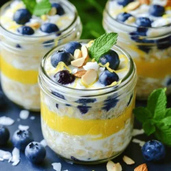 - 1 cup rolled oats - 2 cups unsweetened almond milk (or preferred milk) - 1 cup fresh blueberries (plus extra for garnishing) - 1 tablespoon chia seeds - Zest of 1 lemon - 2 tablespoons maple syrup (or honey) - 1/2 teaspoon vanilla extract - A pinch of salt - Optional toppings: sliced almonds, coconut flakes, additional lemon zest, fresh mint leaves Blueberry lemon overnight oats are a simple and tasty meal. Each ingredient adds something special. Rolled oats are the base. They make the dish filling and hearty. Almond milk gives it a smooth texture. You can use any milk you like. Fresh blueberries bring a sweet burst of flavor. Chia seeds add a nice crunch and a bit of nutrition. Lemon zest brightens the oats. It gives them a fresh taste. Maple syrup or honey sweetens the dish without being too much. A pinch of salt enhances all the flavors. For a fun twist, consider toppings. Sliced almonds add a nutty flavor. Coconut flakes give a tropical feel. More lemon zest can intensify the citrus aroma. Fresh mint leaves make it look pretty and fresh. To get the full recipe, check out the details above. Each ingredient plays a role in making blueberry lemon overnight oats a delightful and healthy choice! 1. In a spacious mixing bowl, combine: - 1 cup rolled oats - 1 tablespoon chia seeds - Zest of 1 lemon - A pinch of salt 2. Pour in: - 2 cups unsweetened almond milk (or your choice) - 2 tablespoons maple syrup (or honey) - 1/2 teaspoon vanilla extract 3. Use a whisk to mix it all well. You want the oats and chia seeds to soak up the liquid. 1. Gently fold in: - 1 cup fresh blueberries 2. Be careful not to crush them. Reserve a handful for later to make your oats look pretty. 1. Distribute the mixture into jars or containers. I like mason jars for this. 2. Seal them tight and place them in the fridge. Let them chill overnight or for at least 4 hours. Enjoy easy mornings with this quick recipe. For the full details, check the Full Recipe. To get the right texture for your oats, pay attention to the milk. I suggest using almond milk, but any milk works. If your oats seem thick, add a splash more milk. This small change makes a big difference. Soaking time is key, too. Let the oats sit overnight, or at least four hours. This helps them absorb the liquid and flavors. Soaking allows the oats to soften just right. Serve your overnight oats in clear jars. This way, you can show off the bright colors inside. It looks inviting and fresh! For a lovely touch, add a sprig of mint on top. This not only adds charm but also makes it pop visually. You want to make your breakfast look as good as it tastes! To boost the flavor, think about extra toppings. Sliced almonds and coconut flakes add crunch. You can also sprinkle more lemon zest to really enhance the lemon flavor. If you want a twist, mix in some fresh mint leaves. These small changes can elevate your meal. They make every bite exciting and fresh! For the full recipe, check out the [Full Recipe]. {{image_4}} You can switch up the fruit in your overnight oats for fun flavors. Here are two tasty ideas: - Strawberry Banana Overnight Oats Use sliced strawberries and banana for a sweet combo. Mix them in just like blueberries. The strawberries add a fresh taste, while the banana makes it creamy. This pair works well with lemon zest, too. - Mixed Berry Medley Combine blueberries, raspberries, and blackberries. This mix gives a burst of flavor and color. Use equal parts of each berry for a balanced taste. You can even smash some berries for extra juice in the oats. If you have dietary needs, you can tweak this recipe easily. - Vegan-friendly options Just use plant-based milk, like almond or oat milk. Skip the honey and stick with maple syrup for sweetness. This keeps your oats fully vegan and still delicious. - Gluten-free substitutions Make sure to choose gluten-free oats. Most rolled oats are safe, but check the label. This way, everyone can enjoy your yummy overnight oats. You can also get creative with seasonal flavors to change things up. - Fall-inspired with pumpkin spice Add pumpkin puree and pumpkin spice to your oats. This gives a warm, cozy feel perfect for chilly mornings. Pair it with chopped pecans for a crunchy topping. - Tropical version with coconut and pineapple Use coconut milk and fresh pineapple chunks. This version brings summer vibes to your breakfast. Top with shredded coconut for added texture. Enjoy a taste of the tropics all year round. For more ideas, check out the Full Recipe for Blueberry Lemon Overnight Oats! Store your blueberry lemon overnight oats in the fridge. They last for up to five days. Check for signs of spoilage, like a sour smell or odd color. If you see mold, toss them out. Yes, you can freeze overnight oats! Just put them in freezer-safe containers. They last for about three months in the freezer. To thaw, move them to the fridge overnight. If you want to eat them warm, heat them in the microwave. Add a splash of almond milk to help loosen the oats. For the full recipe, check out our complete guide on making blueberry lemon overnight oats! Overnight oats are a no-cook way to prepare oatmeal. You mix oats with liquid and let them sit overnight. This allows the oats to absorb the liquid. In the morning, you have a creamy, tasty meal ready to enjoy. Nutritionally, overnight oats are great. They are high in fiber, which is good for digestion. They also provide protein, especially if you use milk or yogurt. The oats can keep you full and energized. You can add fruits, nuts, and seeds for extra vitamins and minerals. You can store overnight oats in the fridge for up to five days. This makes them perfect for meal prep. Just keep them in airtight containers. If you notice any change in smell or color, it’s best to throw them away. You can freeze overnight oats too, but the texture may change. If you want to freeze them, use a freezer-safe container. When you’re ready to eat, thaw them in the fridge overnight. Stir well before eating. Yes! You can easily customize your overnight oats. Try different milk like coconut or soy. You can also change the sweetener. Maple syrup, honey, or agave work well. For added nutrition, you can include protein powder or Greek yogurt. You can mix in your favorite fruits, nuts, or seeds. This flexibility makes overnight oats fun and personal. They can fit any taste or dietary need. For the full recipe, check the section above. Overnight oats are a simple, tasty way to start your day. We covered key ingredients, easy steps, and helpful tips. You can mix different fruits and toppings to suit your taste. These oats are good for meal prep, saving time in the morning. Remember to store them correctly to maintain freshness. Enjoy your delicious and healthy breakfast on busy mornings!