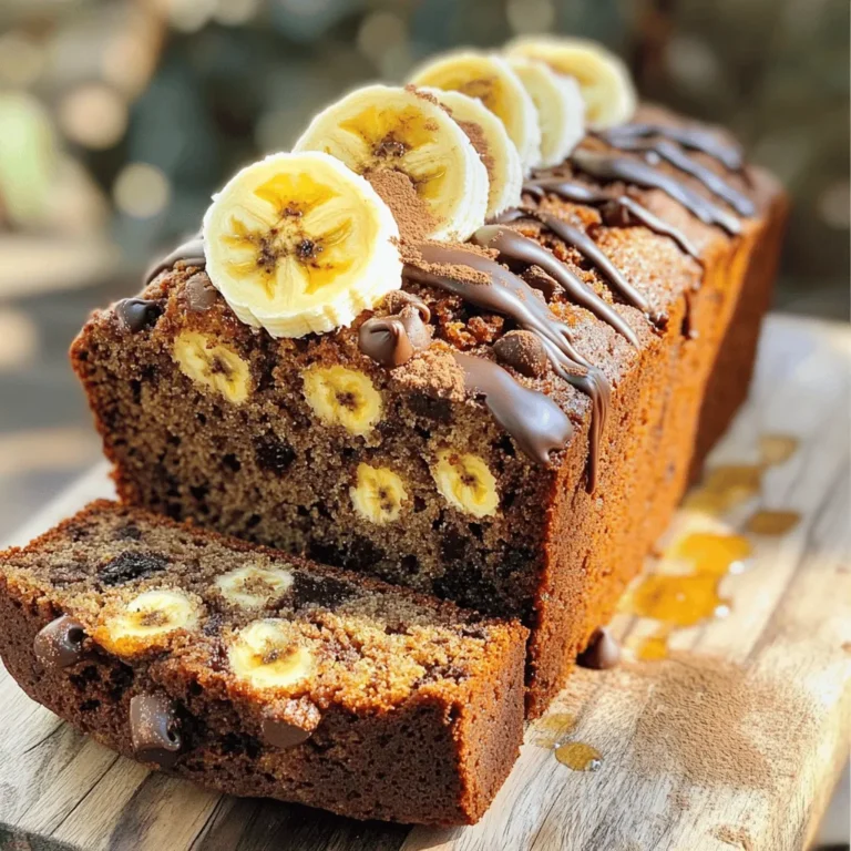 - 3 ripe bananas - 1/3 cup coconut oil - 1 teaspoon vanilla extract - 1/2 cup packed brown sugar - 1 large egg To bake this tasty bread, start with three ripe bananas. The riper the bananas, the sweeter the bread. Use 1/3 cup of melted coconut oil for moisture and flavor. Next, add 1 teaspoon of vanilla extract for a warm aroma. You will need 1/2 cup of packed brown sugar to sweeten the mix. Finally, crack in 1 large egg to bind all the ingredients together. - 1 teaspoon baking soda - Pinch of fine sea salt - 1 teaspoon ground cinnamon For the bread to rise, we need 1 teaspoon of baking soda. A pinch of fine sea salt enhances the flavors. Add 1 teaspoon of ground cinnamon for a cozy hint of spice. - 1 1/2 cups all-purpose flour - 1/2 cup chocolate chips - 1/4 cup chopped walnuts (optional) Next, grab 1 1/2 cups of all-purpose flour for structure. Stir in 1/2 cup of chocolate chips for that classic treat. If you like a crunchy texture, toss in 1/4 cup of chopped walnuts. You can find the complete recipe under [Full Recipe]. - Preheat the oven to 350°F (175°C). - Grease a 9x5 inch loaf pan lightly with some oil or baking spray. - First, mash the bananas in a large bowl until smooth. - Then, mix in the melted coconut oil until it blends well. - Next, pour in the vanilla extract and add the brown sugar. - Stir these until the mixture is smooth and creamy. - In a separate bowl, whisk together the baking soda, sea salt, and cinnamon. - Gradually add this dry mix to the wet banana blend. - Stir gently until just combined, avoiding overmixing to keep the bread light. - Now, incorporate the beaten egg into the batter. - Carefully fold in the chocolate chips and walnuts, if you like. - Transfer the batter into the greased loaf pan. - Smooth the top with a spatula for an even bake. - Bake for about 60 minutes, checking for doneness with a toothpick. - If the toothpick comes out clean, the bread is ready! Follow these steps, and you will create a delightful chocolate chip banana bread that everyone will love. For a full recipe, check out the detailed instructions above! To avoid dense bread, do not overmix the batter. Mix just until the flour is combined. This keeps the bread light and fluffy. Use ripe bananas; they add moisture and sweetness. Best practices for mixing include whisking the dry ingredients well. This helps distribute the baking soda and spices evenly. For serving, slice the bread and place it on a wooden board. Garnish with fresh banana slices and a sprinkle of cinnamon. You can drizzle melted chocolate on top for extra flair. Pair banana bread with yogurt or a scoop of ice cream. This makes a great breakfast or dessert option. If your bread is too moist, bake it a little longer. You can also reduce the banana amount next time. For dry bread, try adding a bit more coconut oil. To ensure even baking, rotate the pan halfway through. This helps the bread bake evenly and rise nicely. {{image_4}} You can make this chocolate chip banana bread even better with some fun additions. Try adding nuts like pecans or almonds for a nice crunch. These nuts can add great flavor and texture. You can also sprinkle in some spices like nutmeg or ginger. These spices bring warmth and a hint of spice to each bite. If you want to change the sweetness, consider using honey or maple syrup. They can replace brown sugar and give a unique taste. You can also use sugar substitutes if you seek a healthier option. These sweeteners can help cut down on calories while still keeping your bread tasty. Making this bread vegan is easy! Swap the egg for a flax egg made with ground flaxseed and water. This simple change keeps the bread moist. For a gluten-free version, you can replace all-purpose flour with almond or oat flour. Both options work well and still taste great. Enjoy experimenting with these variations! To keep your chocolate chip banana bread fresh, store it at room temperature. Wrap it in plastic wrap or foil. This method helps keep the bread moist. If your kitchen is warm, you can refrigerate it. However, this may change the texture slightly. If you want to save some for later, freezing is a great option. First, slice the banana bread. Wrap each slice in plastic wrap tightly. Then, place the slices in a freezer bag. Make sure to remove as much air as possible. When you’re ready to eat, thaw the bread in the fridge overnight for the best texture. Homemade banana bread can stay fresh for about 3 to 5 days at room temperature. In the fridge, it lasts about a week. If you freeze it, it can last up to 3 months. Always check for spoilage. Signs include mold or a sour smell. If you see or smell anything off, it’s best to toss it. Yes, you can use frozen bananas. Frozen bananas are easy to mash. They are also sweeter than fresh bananas. This adds great flavor to your bread. Just thaw them before using. Drain any extra liquid before mixing. The best way to check is with a toothpick. Insert it into the center of the bread. If it comes out clean, the bread is done. Look for a golden-brown color on top. The bread should also spring back when touched lightly. Yes, you can double this recipe. Use a larger mixing bowl to combine ingredients. Make sure to use two loaf pans if needed. Baking time may change, so check for doneness. Larger batches are great for sharing or freezing. You can use butter or vegetable oil instead. Applesauce is also a good choice for less fat. If you have allergies, try avocado oil. Each option gives a slightly different taste but works well. This recipe for chocolate chip banana bread combines simple, tasty ingredients with easy steps. You learned how to prepare, mix, and bake your bread for a perfect result. Remember, experimenting with flavors and storing your bread correctly can enhance your baking game. Keeping these tips in mind will help you create a delicious treat every time. Enjoy sharing your tasty banana bread with friends and family. Dive in and start baking!