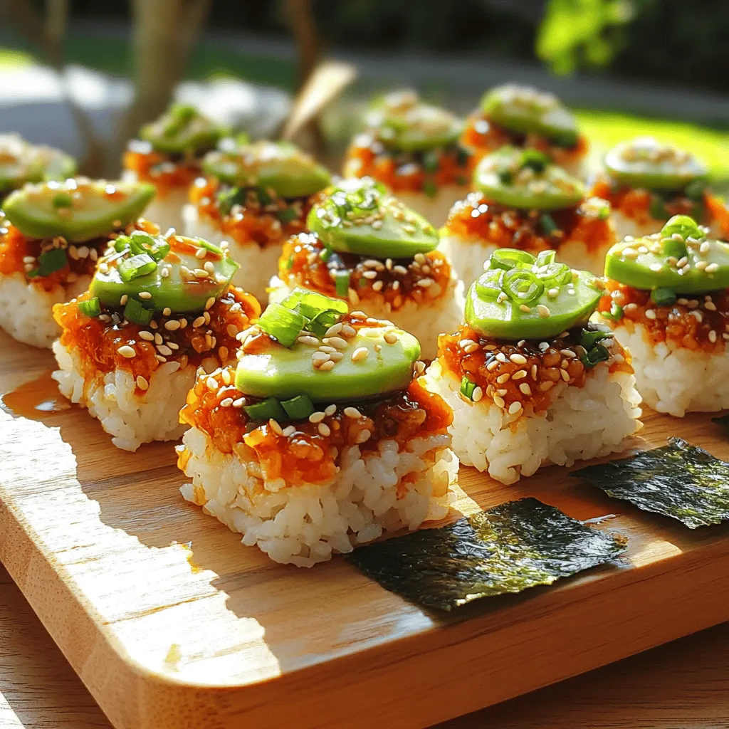 - 1 cup sushi rice - 8 ounces sushi-grade tuna, diced - 1 ripe avocado, thinly sliced - 2 tablespoons rice vinegar - 1 tablespoon sugar - 1 teaspoon salt - 1 tablespoon sesame oil - 1 tablespoon sriracha - 1 teaspoon soy sauce - Sesame seeds for garnish - Green onion, finely chopped - Seaweed sheets, cut into small squares (optional) When you make Crispy Rice and Spicy Tuna Bites, you need fresh ingredients. Sushi rice gives your bites that perfect sticky texture. Sushi-grade tuna is key for great flavor and safety. Make sure your avocado is ripe. This ensures a creamy finish to your dish. For seasonings, rice vinegar adds tang. Sugar balances the flavor. Salt brings out the best taste in your rice. Sesame oil adds a nice nutty hint. Sriracha gives your tuna a spicy kick. Soy sauce deepens the umami flavor. Garnishes like sesame seeds and green onions add crunch and color. Seaweed sheets are optional but fun. They give a nice touch and extra flavor. You can find the full recipe in the article. - Rinse the sushi rice until the water runs clear. This step is crucial. It removes extra starch. Clean rice leads to better texture. - Cook the sushi rice with water until tender. Add 1 ¼ cups water to 1 cup rice. Bring to a boil, then simmer for 18-20 minutes. The rice should absorb all the water. - Combine rice vinegar, sugar, and salt in a saucepan. Use 2 tablespoons vinegar, 1 tablespoon sugar, and 1 teaspoon salt. - Heat until dissolved, then cool. Stir gently as it heats. This mixture will add flavor to the rice. - Form the sushi rice into compact shapes. Take a scoop of rice and mold it tightly in your hands. Aim for rectangles or squares. - Top with avocado and spicy tuna mixture. Place a thin avocado slice on each rice piece. Spoon the spicy tuna mix generously on top. This method gives you a great snack that impresses. You can find the full recipe for more details. To make perfect sushi rice, rinsing is key. Wash the sushi rice under cold water. Keep rinsing until the water runs clear. This step removes excess starch. It helps the rice become fluffy and sticky. After rinsing, measure 1 cup of rinsed rice with 1 ¼ cups of water. This ratio ensures the rice cooks well. Bring it to a boil. Then, lower the heat and cover. Let it simmer for 18 to 20 minutes. When done, let it rest off the heat for about 10 minutes. This will help the rice stay moist. For spicy tuna, start with 1 tablespoon of sriracha. Taste the mix. If you want more heat, add more sriracha. Balance the spice with soy sauce and sesame oil. Soy sauce adds umami, while sesame oil gives a nutty flavor. Mix these ingredients well to create a balanced taste. When forming the rice bites, wet your hands. This prevents the rice from sticking. Take a small scoop and press it into a compact shape. Aim for rectangles or squares for even bites. Top each rice shape with a slice of avocado. Then, add a spoonful of the spicy tuna mix. For a great look, place the bites on small squares of seaweed. Finally, garnish with green onions and sesame seeds. This adds color and crunch to your dish. {{image_4}} You can swap tuna for other proteins. Salmon works great and adds a different taste. Crab is another fantastic choice for those who love seafood. For a vegetarian option, consider using marinated tofu or chickpeas. Both choices give the same texture without the fish. Add variety to the flavors by using different sauces. Try a spicy mayo or ponzu sauce for a citrus kick. You can also sprinkle in some chili flakes for extra heat. For added crunch and taste, toss in shredded carrots or cucumber slices. These vegetables bring freshness and a nice bite. Pair your bites with tasty dipping sauces. Soy sauce, wasabi, or even a sweet chili sauce work well. For a fun twist, arrange the bites on a colorful platter. You can add some edible flowers or herbs for a pop of color. This makes your dish stand out at parties and gatherings. Explore the [Full Recipe] for more ideas and tips to perfect your Crispy Rice and Spicy Tuna Bites! To keep your Crispy Rice and Spicy Tuna Bites fresh, place them in an airtight container. This method protects the flavors and keeps them from drying out. Store the container in the refrigerator. The ideal temperature is around 35°F to 40°F. Enjoy the leftovers within two days for the best taste. If you want to save the rice and toppings for later, freezing is a good option. For the rice, let it cool completely. Then, pack it into a freezer-safe bag. Remove as much air as you can before sealing. For the spicy tuna, store it in a separate container. This way, you keep the flavors fresh. You can freeze the tuna for up to three months. When you're ready to enjoy your bites again, reheating is key. The best method is to use a microwave. Heat the rice bites in short bursts of 15-20 seconds. Check to see if they are warm enough. For a crisper texture, you can reheat them in a pan on low heat. Keep an eye on them to avoid burning. This method will help maintain the flavor and texture of your bites. Using regular rice will change the dish's texture and flavor. Sushi rice is sticky and firm. It holds its shape better, making it perfect for bites. Regular rice may not stick together as well. If you use regular rice, try short-grain rice for a better result. To make this recipe gluten-free, choose gluten-free soy sauce. Tamari is a great option. Check the label to ensure it is gluten-free. You can also use coconut aminos as a soy sauce substitute. Both options keep the flavor without gluten. You can serve these bites with several tasty sides. A fresh cucumber salad adds crunch. Edamame is also a nice touch. For drinks, try green tea or a light beer. These pair well with the spicy tuna and rice. This article covers everything you need for making delicious crispy rice and spicy tuna bites. You learned about the main ingredients, seasonings, and optional garnishes. I explained the step-by-step instructions for preparing, assembling, and perfecting your sushi bites. Plus, you got tips on variations, storage, and reheating. Enjoy crafting these flavorful bites that impress at any gathering. You now have the tools to get creative with this recipe!