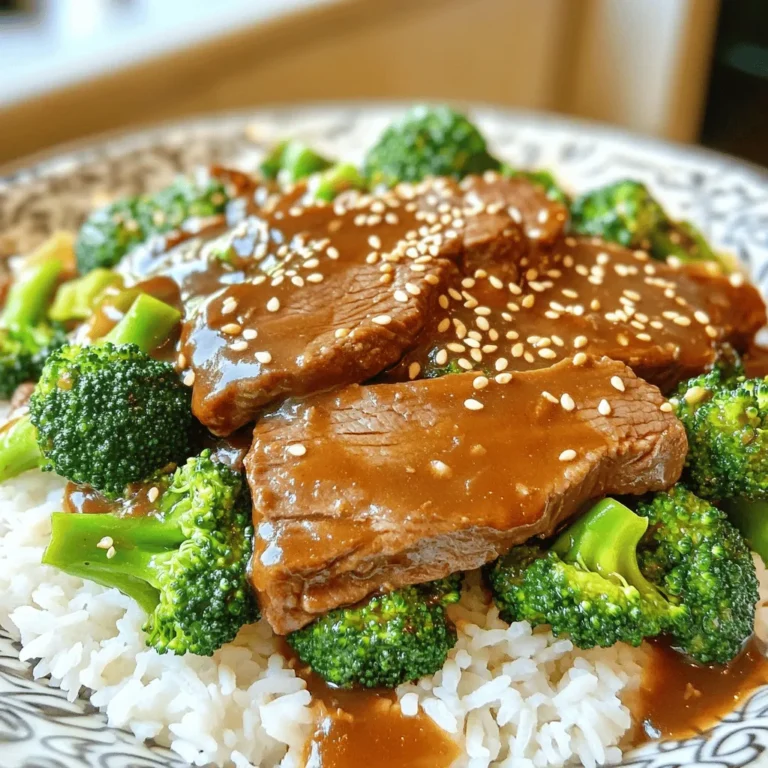 - 1 pound flank steak, thinly sliced against the grain - 2 cups broccoli florets - 1/4 cup soy sauce - 2 tablespoons oyster sauce - 2 tablespoons cornstarch - 1 tablespoon brown sugar - 1 tablespoon freshly grated ginger - 3 cloves garlic, minced - 1 cup beef broth - 2 tablespoons sesame oil - 1 tablespoon vegetable oil - Salt and pepper to taste - Cooked rice or noodles for serving - Optional garnishes: sesame seeds, sliced green onions Gather these ingredients before you start. The flank steak is key for tender bites. Broccoli adds great color and crunch. The soy sauce and oyster sauce blend well for a rich taste. Brown sugar and ginger bring a nice sweetness and warmth. Garlic packs a punch of flavor. Beef broth adds depth. Sesame oil gives a nutty finish. Don’t forget salt and pepper to season! Once you have all your ingredients, you are ready to create a dish that feels fancy but is easy to make. You can serve this meal over rice or noodles. For a pretty touch, sprinkle sesame seeds or green onions on top. If you want to see how to put it all together, check out the Full Recipe. Start by whisking together these ingredients in a bowl: - 1/4 cup soy sauce - 2 tablespoons oyster sauce - 2 tablespoons cornstarch - 1 tablespoon brown sugar - 1 tablespoon freshly grated ginger - 3 cloves garlic, minced - 1 cup beef broth This savory sauce brings rich flavors to your meal. Mix until smooth. Next, set your Instant Pot to Sauté mode. Add 1 tablespoon of vegetable oil. When the oil is hot, add 1 pound of flank steak. Season it lightly with salt and pepper. Sauté for about 2-3 minutes. Stir often until the beef turns a nice brown color. Now, pour the sauce over the browned beef. Stir well to coat all the pieces. Close the Instant Pot lid tightly. Set the steam release valve to sealing. Select the Manual or Pressure Cook setting. Adjust the time to 10 minutes on high pressure. When cooking is done, let the pot naturally release pressure for 5 minutes. Then, carefully switch the steam release valve to venting. Open the lid and add 2 cups of broccoli florets. Close the lid again. Switch back to Sauté mode. Cook for an extra 2-3 minutes. Stir occasionally until the broccoli is tender and bright green. Now, your Instant Pot Beef and Broccoli is ready to shine. Enjoy this quick dinner delight! For more details, check the Full Recipe. To get that perfect browning on the beef, start by using a hot Instant Pot. Set it to Sauté mode and add vegetable oil. Wait until the oil shimmers before adding the beef. This step is key. Sauté the beef for just 2-3 minutes. Stir it often to prevent burning. You want a nice brown crust, as it adds flavor. Don't overcrowd the pot, as this can steam the beef instead of browning it. For bright and crunchy broccoli, timing is everything. Add the florets after the beef has cooked. Switch the Instant Pot back to Sauté mode. Cook the broccoli for just 2-3 minutes. Stir gently to coat it in the sauce. This keeps its vibrant green color and crisp texture. If you cook it too long, it turns mushy and dull. Want to boost the flavor? Try adding a splash of rice vinegar for tang. You can swap out the soy sauce for tamari to make it gluten-free. Want some heat? Add a pinch of red pepper flakes or some sliced jalapeños. You can also mix in sesame seeds for added crunch. Feel free to experiment with these suggestions to make this dish your own! For the full recipe, check out the section above. {{image_4}} You can swap out the beef for chicken or tofu. Chicken breast works well. Just cut it into bite-sized pieces. If you prefer tofu, use firm tofu and cube it. Both options cook quickly and stay tender. Adjust cooking times if needed. Chicken may take a minute less under pressure. Tofu is already soft, so you can skip browning it. This gives you tasty options for any diet. You can change the sauce for new flavors. Try adding hoisin sauce for a sweet twist. For heat, mix in some chili paste or sriracha. You can also use tamari instead of soy sauce for a gluten-free version. If you want a tangy flavor, add a bit of rice vinegar. Each change gives a unique taste to this dish. Feel free to experiment and find your favorite! Think about how you want to serve this dish. It pairs well with rice or noodles. For a fresh touch, add a salad on the side. You can also serve it in a bowl to show off the colors. Garnish with green onions or sesame seeds for flair. This not only looks nice but also adds flavor. The way you present your meal can make it feel special. Store your leftover beef and broccoli in an airtight container. Glass or plastic containers work well. Keep them in the fridge for up to three days. Make sure to let the dish cool before sealing it. This helps keep the food fresh and safe. To reheat beef and broccoli, use the microwave for quick results. Place it in a microwave-safe dish. Cover it with a lid or wrap to keep moisture. Heat in 30-second bursts, stirring often. This way, the beef stays juicy, and the broccoli stays bright. You can also reheat it on the stove. Use a pan over low heat, adding a splash of water or broth to keep it moist. You can freeze beef and broccoli for later meals. Let the dish cool completely first. Then, pack it in a freezer-safe container or bag. Be sure to remove as much air as possible. You can store it for up to three months. When ready to eat, defrost it overnight in the fridge. Reheat it gently on the stove or in the microwave. Enjoy that delicious taste anytime! The total time is about 30 minutes. This includes 15 minutes for prep and 15 minutes for cooking. You sauté the beef for a few minutes, then cook under pressure for 10 minutes. After that, you add broccoli and sauté for a few more minutes. Yes, you can make it gluten-free! Use tamari instead of soy sauce. Ensure your oyster sauce is gluten-free as well. You can also find cornstarch that is certified gluten-free. You can use sirloin or ribeye instead. For a lighter option, try chicken breast or tofu. Both will work well with the sauce and broccoli. Yes, this dish is great for meal prep! Cook a big batch and store it in airtight containers. It keeps well in the fridge for up to four days. You can also freeze it for later. Serve it over warm rice or noodles for a complete meal. You can garnish with sesame seeds or sliced green onions for a nice touch. Present it in shallow bowls for an elegant look. You can find the Full Recipe [here](#). This will guide you through every step and show you how to make this tasty dish! You now have everything you need to make a delicious Instant Pot beef and broccoli. We covered the key ingredients, guided you through each step, and shared tips for perfecting your dish. Whether you choose beef, chicken, or tofu, this recipe is easy to adapt. Remember to store leftovers properly and enjoy them later. Cooking doesn’t have to be hard. With a little practice, you’ll impress everyone with your skills. Enjoy your meal!