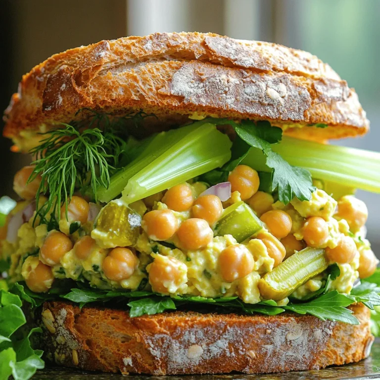- 1 can (15 oz) chickpeas, thoroughly drained and rinsed - 1/4 cup vegan mayonnaise - 1 tablespoon Dijon mustard - 1 tablespoon fresh lemon juice - 2 celery stalks, finely chopped - 1/4 cup red onion, finely diced - 1/4 cup dill pickles, chopped - 1/4 teaspoon garlic powder - Salt and pepper, to taste - Whole grain bread or wraps - Fresh greens (spinach or romaine lettuce) - Optional: Sliced tomatoes or creamy avocado The main star of this dish is the chickpeas. They are rich in protein and fiber. This makes them a great base for our salad. You can find canned chickpeas at most grocery stores. Make sure to drain and rinse them well. This step helps remove excess salt and improves the taste. Next, we add vegan mayonnaise. It gives our salad a creamy texture. If you want a lighter option, you can use less mayonnaise. Dijon mustard brings a nice tang to the dish. You can adjust the amount based on your taste. Lemon juice adds brightness. It balances the creamy and savory flavors. Celery adds crunch, while red onion gives a pop of color. Dill pickles bring a zesty kick that makes each bite exciting. Garlic powder adds depth. You can also use fresh garlic if you prefer. Now, let’s not forget salt and pepper. They enhance all the flavors. Whole grain bread or wraps serve as the foundation for our sandwich. Fresh greens like spinach or romaine lettuce add nutrients and freshness. If you like, you can add sliced tomatoes or avocado for extra flavor and creaminess. For the complete recipe, check out the Full Recipe for all the tasty details! - Mash the chickpeas in a mixing bowl. - Mix in vegan mayonnaise, Dijon mustard, and lemon juice. - Fold in celery, red onion, pickles, and seasonings. Start by taking a can of chickpeas. Drain and rinse them well. Use a fork or potato masher to mash the chickpeas. You want a mix of smooth and chunky textures. This gives the salad a nice bite. Once you're happy with the mash, add in vegan mayonnaise, Dijon mustard, and fresh lemon juice. These ingredients add creaminess and a zesty kick. Next, fold in finely chopped celery and red onion. The celery adds crunch, and the onion gives flavor. Then, stir in some chopped dill pickles and a sprinkle of garlic powder. Season with salt and pepper. Taste it! You can adjust the flavors to your liking. If you want the best taste, chill the mixture for 15-20 minutes. This lets the flavors blend. - Layer chickpea salad on bread or wrap. - Add fresh greens and optional toppings. - Cut and serve immediately. Now it's time to make your sandwich! Take a slice of whole grain bread or a wrap. Spread a generous scoop of the chickpea salad on it. Make sure to cover the bread well for a tasty bite. Add a layer of fresh greens, like spinach or romaine lettuce. You can also add sliced tomatoes or creamy avocado if you like. These toppings add extra flavor and nutrition. Close the sandwich with another slice of bread or wrap. If you want, cut it in half for easy eating. Serve it right away or wrap it up for lunch later. - Chill mixture for 15-20 minutes before serving. - Adjust seasonings to taste for personalization. To get the best results, chilling the mixture is key. This step helps the flavors deepen. Also, feel free to tweak the seasonings. If you love garlic, add more garlic powder. If you like it tangy, a bit more lemon juice works great. Each time, you can make the sandwich your own! For the full recipe, check out the Chickpea Delight Salad Sandwich. For a great chickpea salad, keep the texture chunky. You want to feel the chickpeas in each bite. Use a fork or potato masher to mash them lightly. If you prefer, a food processor works well, but pulse it for a few seconds. This way, the chickpeas stay partly whole. To kick up the flavor, try adding spices like paprika or cumin. A pinch of cayenne gives a nice kick if you like heat. You can also use flavored vegan mayonnaise, like garlic or chipotle. This adds a fun twist to your sandwich. Make your sandwich look nice by adding fresh greens between the chickpea salad and the bread. Sliced tomatoes add color and taste, too. Serve with a side of carrot sticks or crunchy veggie chips. This makes your meal feel complete and fun. {{image_4}} You can swap chickpeas for other ingredients. Lentils make a great choice. They are soft and packed with protein. Tofu is another option. It adds a creamy texture when mashed. You can also try different types of bread or wraps. Sourdough adds a tart flavor, while pita pockets offer a fun twist. Adding spices can give your sandwich an international flair. For a Mediterranean touch, add cumin and parsley. A bit of curry powder gives it an Indian vibe. You can also use local ingredients. Fresh herbs from your garden can add unique flavors. Try adding roasted red peppers or avocado for a local twist. Seasonal vegetables can boost your salad's freshness. In spring, toss in some radishes for crunch. During summer, sliced cucumbers add a refreshing taste. In fall, consider adding shredded carrots or apples. They bring sweetness that balances the savory flavors. Adjust your recipe based on what’s fresh and available. This way, your sandwich stays exciting and tasty. For the complete recipe, check out the Full Recipe. To keep your chickpea salad fresh, store it in an airtight container. Make sure to cover it well. This method helps keep flavors vibrant and prevents drying out. The salad stays fresh in the fridge for about 3 to 5 days. Before you eat, give it a good stir to mix the flavors again. If you want to save some for later, you can freeze the chickpea salad mixture. Use a freezer-safe container or bag for best results. Remove as much air as possible to prevent freezer burn. The salad can stay good in the freezer for up to 2 months. When you're ready to eat, thaw it in the fridge overnight. You can also place the sealed bag in cold water for a quicker thaw. After thawing, mix it well before serving. To reheat your chickpea salad, use a microwave or a skillet on low heat. If using a microwave, heat for 30 seconds at a time until warm. Be careful not to overheat; you want to keep the texture nice. Serve the reheated salad on fresh bread or wraps. You can also add some fresh greens or sliced tomatoes for extra flavor and crunch. For the full recipe, check out the [Full Recipe]. Yes, you can! Look for gluten-free bread or wraps. Many brands offer tasty options. You can use lettuce leaves as wraps too. This gives a fresh crunch and keeps it light. Just make sure to check labels for hidden gluten. Enjoy your meal without worry! To make the sandwich more filling, add more protein. Consider adding chickpeas, lentils, or tofu. You can also use whole grain bread for complex carbs. Quinoa is another great option. These additions will keep you satisfied longer. Mix and match to find your favorite! You have several choices if you avoid vegan mayonnaise. Use mashed avocado for creaminess. Greek yogurt can work if you eat dairy. Hummus adds flavor and moisture too. Each option gives a unique taste to your sandwich. Feel free to experiment and find what you love! This blog post shared a simple vegan chickpea salad sandwich recipe. We looked at ingredients, preparation steps, and how to assemble it. Tips for texture, flavor, and variations helped catch your taste. I also covered storage and answered common questions. Try these ideas for lunch or a light dinner. You can mix things to keep it fresh. Enjoy creating your own twist on this tasty dish!