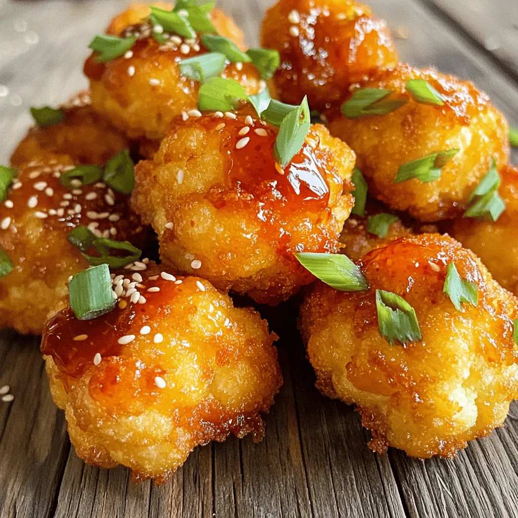 - 1 large head of cauliflower, cut into bite-sized florets - 1 cup all-purpose flour (or gluten-free flour) - 1 teaspoon garlic powder - 1 teaspoon smoked paprika - 1/2 teaspoon sea salt - 1/4 teaspoon ground black pepper - 1/4 cup sriracha sauce (adjust for spice tolerance) - 2 tablespoons honey (or maple syrup for vegan) - 1 tablespoon soy sauce (or tamari) - 1 tablespoon sesame oil When making Sriracha honey cauliflower bites, the right ingredients make all the difference. First, choose a fresh head of cauliflower. Cut it into small, bite-sized florets. This size helps them cook evenly and makes them easier to eat. For the batter, use all-purpose flour. If you prefer gluten-free options, gluten-free flour works just as well. Next, add garlic powder and smoked paprika to boost flavor. These spices bring a warm, savory taste to your bites. Seasoning is key. Use sea salt and ground black pepper to enhance the flavors. The star of the show is sriracha sauce. Adjust the amount based on how spicy you like your food. Always taste as you go! For sweetness, honey is perfect. If you want a vegan option, maple syrup is a great substitute. Soy sauce adds a savory depth, while sesame oil provides a rich, nutty flavor. All these ingredients blend together to create a tasty and exciting dish. For the full recipe, check out the details provided above. - Preheat the Oven: Set your oven to 425°F (220°C). This helps the bites cook evenly and get crispy. - Prepare the Baking Sheet: Line a baking sheet with parchment paper. This keeps the cauliflower from sticking and makes cleanup easy. - Combine Dry Ingredients: In a bowl, mix 1 cup of flour, 1 teaspoon of garlic powder, 1 teaspoon of smoked paprika, 1/2 teaspoon of sea salt, and 1/4 teaspoon of ground black pepper. Whisk these together until they blend well. - Gradually Mix in Water: Slowly add in 1/2 cup of water while stirring. Keep mixing until the batter is smooth. It should coat the back of a spoon without being too thick. Adjust the water as needed for the right consistency. - Coat the Cauliflower: Take each cauliflower floret and dip it into the batter. Let any extra batter drip off. Place the battered florets on the prepared baking sheet in one even layer. - Bake the Cauliflower: Put the baking sheet in the preheated oven. Bake for 20-25 minutes. Watch for a golden-brown color and a crispy texture. Follow these steps from the Full Recipe, and you will enjoy a tasty snack in no time! To get the best batter, start with your flour mix. Add water little by little. You want a smooth batter. It should coat the back of a spoon easily. If it’s too thick, add more water. If it’s too thin, add a bit more flour. For an even coating, dip each floret fully. Let excess batter drip off before placing them on the baking sheet. Watch your baking time closely. Bake the cauliflower for 20-25 minutes. Look for a golden color. This means they are crisping up nicely. After adding the sauce, return them to the oven. Bake for another 5-8 minutes. This step gives them an extra crunch. Garnishing makes your dish pop! I suggest using sliced green onions and sesame seeds. These add taste and a nice look. For serving, arrange the bites on a big platter. Add small bowls of extra sriracha and honey on the side. This invites everyone to enjoy their own flavor mix. For the full recipe, check out the complete guide. {{image_4}} You can easily make these bites vegan. Just swap the honey for maple syrup. Maple syrup gives a great sweetness and works well with the sriracha. This change keeps the flavor while making it suitable for vegans. Want less heat? Use less sriracha. You can also mix in some ketchup for a milder taste. If you love spice, add more sriracha or even a pinch of cayenne pepper. Adjust to your taste for the perfect bite. These cauliflower bites pair well with many dips. Try serving them with ranch dressing or a tangy yogurt dip. You can also enjoy them as a side with rice or a fresh salad. They make a great snack for any gathering. For the full recipe, check the original guide for more tips and details! To keep your Sriracha honey cauliflower bites fresh, store them in an airtight container in the fridge. Place a paper towel inside to soak up any moisture. This helps maintain crispiness. When you want to eat them again, reheat in the oven at 350°F (175°C) for about 10 minutes. This way, they will get warm and crisp. You can freeze the cauliflower bites if you have leftovers. First, let them cool completely. Then, arrange them in a single layer on a baking sheet. Freeze for about one hour. Once frozen, transfer them to a freezer bag or container. When you want to enjoy them, bake straight from the freezer at 400°F (200°C) for 15-20 minutes until hot and crispy. In the fridge, your cauliflower bites will last for about 3-4 days. If you freeze them, they can stay good for up to 3 months. Just remember to check for any changes in smell or texture before eating. Enjoy your crispy snack! You can find the full recipe for making these tasty bites above. You can pair these bites with various side dishes. Here are some great options: - Rice: Serve with jasmine or brown rice for a hearty meal. - Salad: A fresh green salad adds a nice crunch and balance. - Dips: Consider ranch, blue cheese, or extra sriracha for dipping. - Wraps: Use in a wrap with veggies and hummus for a tasty lunch. These sides will enhance your meal and make it more filling. Yes, you can easily make these bites gluten-free. Just follow these tips: - Flour Substitute: Use gluten-free flour instead of all-purpose flour. - Soy Sauce: Replace regular soy sauce with tamari, which is gluten-free. - Check Labels: Always check that other ingredients are gluten-free. These simple swaps keep the flavor while catering to dietary needs. Achieving extra crispiness is key for these bites. Here are my best tips: - High Oven Temp: Bake them at 425°F (220°C) for a good crunch. - Spread Out: Arrange cauliflower florets in a single layer on the baking sheet. - Second Bake: After tossing with sauce, bake them again for 5-8 minutes. - No Overcrowding: Avoid crowding the baking sheet to ensure even cooking. These steps will help you get that perfect crispy texture. If you don’t have sriracha, there are several alternatives: - Hot Sauce: Use any hot sauce you prefer, like Frank's RedHot. - Chili Paste: Chili garlic paste offers a similar flavor and heat. - Homemade Mix: Blend hot peppers with garlic and vinegar for a DIY sauce. Choose the substitute based on your spice level and what you have on hand. This blog post covered a tasty recipe for Sriracha honey cauliflower bites. We explored ingredients, steps, and helpful tips. You learned how to make a delicious dish that anyone can enjoy. Remember, you can adjust spice levels and make it vegan too. These bites are perfect for game day or a snack. Enjoy your cooking and have fun with different flavors! You’ll impress friends and family with your skills in the kitchen.